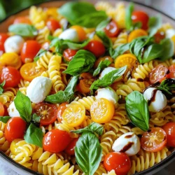 - 12 ounces of fusilli or rotini pasta - 1 cup cherry tomatoes, halved - 1 cup fresh mozzarella balls, halved - 1 cup fresh basil leaves, roughly chopped - 2 tablespoons balsamic glaze - 3 tablespoons extra virgin olive oil - Salt and pepper to taste - 1 clove garlic, minced (optional) - 1/4 teaspoon red pepper flakes (optional for heat) Use 12 ounces of pasta. This will serve about six people. A cup holds eight ounces of liquid. You will need one cup each for tomatoes, mozzarella, and basil. Use two tablespoons of balsamic glaze for sweetness. Add three tablespoons of extra virgin olive oil for richness. Season with salt and pepper to your taste. For a kick, add one clove of minced garlic and red pepper flakes. Select high-quality pasta. Fusilli or rotini holds the dressing well. Choose ripe cherry tomatoes for the best flavor. Fresh mozzarella balls should be soft and creamy. Look for vibrant basil leaves. They should smell fresh and fragrant. Use a good brand of balsamic glaze for the right balance of sweet and tangy. Lastly, extra virgin olive oil adds depth and flavor. Always taste your ingredients; quality matters. For the full recipe, check out Caprese Pasta Salad Delight . First, get a big pot and fill it with water. Add a good amount of salt. Bring the water to a boil. Once it bubbles, add 12 ounces of fusilli or rotini pasta. Cook the pasta until it is al dente. This means it should be firm but not hard. Check the package for exact times. After cooking, drain the pasta. Rinse it with cold water to cool it down. This helps stop the cooking process. Now, let’s make the dressing. Grab a small bowl. In that bowl, mix 3 tablespoons of extra virgin olive oil and 2 tablespoons of balsamic glaze. If you want more flavor, add 1 clove of minced garlic. Season with salt and pepper to taste. For some heat, toss in 1/4 teaspoon of red pepper flakes. Whisk everything together until it is well blended. It’s time to put the salad together. In a large mixing bowl, add the cooled pasta. Then, add 1 cup of halved cherry tomatoes and 1 cup of halved fresh mozzarella balls. Don’t forget 1 cup of roughly chopped fresh basil leaves! Pour the dressing over the pasta and other ingredients. Gently toss everything together. Make sure the pasta and veggies get coated well with the dressing. Taste your salad. Adjust the seasoning if needed, adding more salt or balsamic glaze. If you have time, chill the salad in the fridge for 30 minutes. This lets the flavors mingle nicely. For the best look, serve it in a large, shallow bowl. Add more fresh basil on top and a drizzle of balsamic glaze for a nice finish. Enjoy your fresh and flavorful Caprese Pasta Salad! For the full recipe, check out Caprese Pasta Salad Delight. When cooking pasta, always use plenty of water. This helps the pasta cook evenly. Add a good amount of salt to the water. It enhances the flavor of the pasta. Cook the pasta until it's al dente. This means it should be firm to the bite. After draining, rinse the pasta under cold water. This stops the cooking process and cools it quickly. To boost flavor, use fresh ingredients. Fresh basil makes a big difference. You can also add minced garlic for extra taste. If you like heat, toss in red pepper flakes. Balsamic glaze adds a sweet touch that ties everything together. Taste your salad before serving. Adjust with more salt, pepper, or glaze if needed. For a beautiful salad, serve it in a shallow bowl. This lets the colors shine. Garnish with extra basil leaves on top. A drizzle of balsamic glaze adds a nice finish. You can also sprinkle more mozzarella on top. This makes the salad look tempting and fresh. {{image_2}} You can change up the pasta type. Try penne or farfalle for fun shapes. Use heirloom tomatoes if you want a flavor boost. If you can’t find fresh mozzarella, use shredded mozzarella instead. For a creamier taste, swap in burrata cheese. You can add olives for a salty kick. If you like nuts, sprinkle in some pine nuts or walnuts. This salad fits many diets. For a gluten-free version, choose gluten-free pasta. If you need a vegan dish, skip the cheese and use avocado. You can also use a vegan dressing made from olive oil and vinegar. If you are dairy-free, try a nut-based cheese. This recipe is easy to adapt for various needs. Serve this salad chilled or at room temperature. It makes a great side dish for grilled meats. You can also serve it as a light lunch. For a picnic, pack it in a container. Add a side of crusty bread for a complete meal. To impress guests, layer it in a clear bowl. This salad looks beautiful with its colors. For a fresh touch, add extra basil on top. For the full recipe, check out the Caprese Pasta Salad Delight. To store leftover Caprese pasta salad, use a tight container. This keeps the salad fresh. Place it in the fridge right after serving. It tastes best when eaten within three days. If you want to enjoy it later, make sure to keep the dressing separate. This helps prevent the pasta from getting soggy. Freezing pasta salad is not the best choice. The texture of the mozzarella and basil changes when frozen. If you prefer to freeze it, I suggest leaving out the cheese and basil. You can add them back in after thawing. To freeze, place the salad in a freezer bag. Remove as much air as possible before sealing. The shelf life of Caprese pasta salad is about three days in the fridge. After this time, the salad may lose flavor and freshness. Always check for any off smells or changes in texture before eating leftovers. If you see any signs of spoilage, it's best to throw it away. Caprese Pasta Salad is a fresh dish that combines pasta, tomatoes, mozzarella, and basil. It draws inspiration from the classic Caprese salad. The dish bursts with flavor and color. You get creamy cheese, juicy tomatoes, and fragrant basil in every bite. The dressing, made from olive oil and balsamic glaze, adds a tangy touch. This salad is perfect for warm days or as a side dish. Yes, you can make this salad ahead of time. It holds up well in the fridge for a day or two. This allows the flavors to blend together nicely. Just remember to store it in an airtight container. Before serving, give it a quick stir. You might want to add a little more dressing if it seems dry. You can add several ingredients to make it more filling. Consider adding grilled chicken or shrimp for protein. You could also mix in some chickpeas or black beans for a hearty twist. For added crunch, try sliced cucumbers or bell peppers. You can even toss in some artichoke hearts for a unique flavor. If you use gluten-free pasta, then yes, this salad can be gluten-free friendly. Many brands offer gluten-free versions of fusilli or rotini pasta. Just check the label to ensure it meets your needs. The other ingredients, like tomatoes and mozzarella, are naturally gluten-free. To see the full recipe, check out Caprese Pasta Salad Delight . You will find all the steps and ingredients you need to create this vibrant dish. In this post, we explored making a tasty Caprese Pasta Salad. We covered ingredients, cooking steps, and useful tips. You learned how to store leftovers and make variations. This dish is simple and perfect for any meal. You can enjoy it fresh or as a filling dish. Remember, with the right ingredients and these steps, you can impress anyone. Embrace your cooking skills and have fun with this easy recipe. Enjoy creating your own version of this yummy salad!