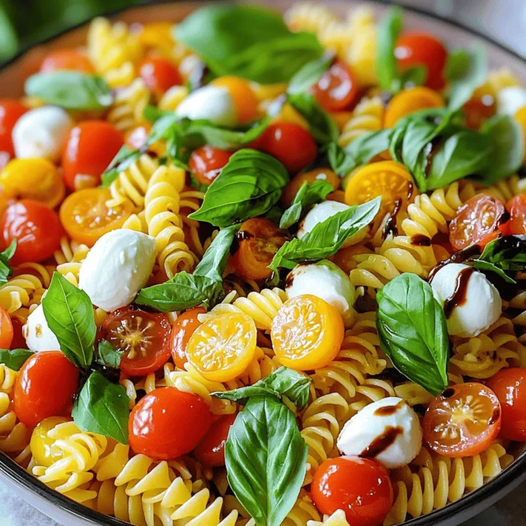 - 12 ounces of fusilli or rotini pasta - 1 cup cherry tomatoes, halved - 1 cup fresh mozzarella balls, halved - 1 cup fresh basil leaves, roughly chopped - 2 tablespoons balsamic glaze - 3 tablespoons extra virgin olive oil - Salt and pepper to taste - 1 clove garlic, minced (optional) - 1/4 teaspoon red pepper flakes (optional for heat) Use 12 ounces of pasta. This will serve about six people. A cup holds eight ounces of liquid. You will need one cup each for tomatoes, mozzarella, and basil. Use two tablespoons of balsamic glaze for sweetness. Add three tablespoons of extra virgin olive oil for richness. Season with salt and pepper to your taste. For a kick, add one clove of minced garlic and red pepper flakes. Select high-quality pasta. Fusilli or rotini holds the dressing well. Choose ripe cherry tomatoes for the best flavor. Fresh mozzarella balls should be soft and creamy. Look for vibrant basil leaves. They should smell fresh and fragrant. Use a good brand of balsamic glaze for the right balance of sweet and tangy. Lastly, extra virgin olive oil adds depth and flavor. Always taste your ingredients; quality matters. For the full recipe, check out Caprese Pasta Salad Delight . First, get a big pot and fill it with water. Add a good amount of salt. Bring the water to a boil. Once it bubbles, add 12 ounces of fusilli or rotini pasta. Cook the pasta until it is al dente. This means it should be firm but not hard. Check the package for exact times. After cooking, drain the pasta. Rinse it with cold water to cool it down. This helps stop the cooking process. Now, let’s make the dressing. Grab a small bowl. In that bowl, mix 3 tablespoons of extra virgin olive oil and 2 tablespoons of balsamic glaze. If you want more flavor, add 1 clove of minced garlic. Season with salt and pepper to taste. For some heat, toss in 1/4 teaspoon of red pepper flakes. Whisk everything together until it is well blended. It’s time to put the salad together. In a large mixing bowl, add the cooled pasta. Then, add 1 cup of halved cherry tomatoes and 1 cup of halved fresh mozzarella balls. Don’t forget 1 cup of roughly chopped fresh basil leaves! Pour the dressing over the pasta and other ingredients. Gently toss everything together. Make sure the pasta and veggies get coated well with the dressing. Taste your salad. Adjust the seasoning if needed, adding more salt or balsamic glaze. If you have time, chill the salad in the fridge for 30 minutes. This lets the flavors mingle nicely. For the best look, serve it in a large, shallow bowl. Add more fresh basil on top and a drizzle of balsamic glaze for a nice finish. Enjoy your fresh and flavorful Caprese Pasta Salad! For the full recipe, check out Caprese Pasta Salad Delight. When cooking pasta, always use plenty of water. This helps the pasta cook evenly. Add a good amount of salt to the water. It enhances the flavor of the pasta. Cook the pasta until it's al dente. This means it should be firm to the bite. After draining, rinse the pasta under cold water. This stops the cooking process and cools it quickly. To boost flavor, use fresh ingredients. Fresh basil makes a big difference. You can also add minced garlic for extra taste. If you like heat, toss in red pepper flakes. Balsamic glaze adds a sweet touch that ties everything together. Taste your salad before serving. Adjust with more salt, pepper, or glaze if needed. For a beautiful salad, serve it in a shallow bowl. This lets the colors shine. Garnish with extra basil leaves on top. A drizzle of balsamic glaze adds a nice finish. You can also sprinkle more mozzarella on top. This makes the salad look tempting and fresh. {{image_2}} You can change up the pasta type. Try penne or farfalle for fun shapes. Use heirloom tomatoes if you want a flavor boost. If you can’t find fresh mozzarella, use shredded mozzarella instead. For a creamier taste, swap in burrata cheese. You can add olives for a salty kick. If you like nuts, sprinkle in some pine nuts or walnuts. This salad fits many diets. For a gluten-free version, choose gluten-free pasta. If you need a vegan dish, skip the cheese and use avocado. You can also use a vegan dressing made from olive oil and vinegar. If you are dairy-free, try a nut-based cheese. This recipe is easy to adapt for various needs. Serve this salad chilled or at room temperature. It makes a great side dish for grilled meats. You can also serve it as a light lunch. For a picnic, pack it in a container. Add a side of crusty bread for a complete meal. To impress guests, layer it in a clear bowl. This salad looks beautiful with its colors. For a fresh touch, add extra basil on top. For the full recipe, check out the Caprese Pasta Salad Delight. To store leftover Caprese pasta salad, use a tight container. This keeps the salad fresh. Place it in the fridge right after serving. It tastes best when eaten within three days. If you want to enjoy it later, make sure to keep the dressing separate. This helps prevent the pasta from getting soggy. Freezing pasta salad is not the best choice. The texture of the mozzarella and basil changes when frozen. If you prefer to freeze it, I suggest leaving out the cheese and basil. You can add them back in after thawing. To freeze, place the salad in a freezer bag. Remove as much air as possible before sealing. The shelf life of Caprese pasta salad is about three days in the fridge. After this time, the salad may lose flavor and freshness. Always check for any off smells or changes in texture before eating leftovers. If you see any signs of spoilage, it's best to throw it away. Caprese Pasta Salad is a fresh dish that combines pasta, tomatoes, mozzarella, and basil. It draws inspiration from the classic Caprese salad. The dish bursts with flavor and color. You get creamy cheese, juicy tomatoes, and fragrant basil in every bite. The dressing, made from olive oil and balsamic glaze, adds a tangy touch. This salad is perfect for warm days or as a side dish. Yes, you can make this salad ahead of time. It holds up well in the fridge for a day or two. This allows the flavors to blend together nicely. Just remember to store it in an airtight container. Before serving, give it a quick stir. You might want to add a little more dressing if it seems dry. You can add several ingredients to make it more filling. Consider adding grilled chicken or shrimp for protein. You could also mix in some chickpeas or black beans for a hearty twist. For added crunch, try sliced cucumbers or bell peppers. You can even toss in some artichoke hearts for a unique flavor. If you use gluten-free pasta, then yes, this salad can be gluten-free friendly. Many brands offer gluten-free versions of fusilli or rotini pasta. Just check the label to ensure it meets your needs. The other ingredients, like tomatoes and mozzarella, are naturally gluten-free. To see the full recipe, check out Caprese Pasta Salad Delight . You will find all the steps and ingredients you need to create this vibrant dish. In this post, we explored making a tasty Caprese Pasta Salad. We covered ingredients, cooking steps, and useful tips. You learned how to store leftovers and make variations. This dish is simple and perfect for any meal. You can enjoy it fresh or as a filling dish. Remember, with the right ingredients and these steps, you can impress anyone. Embrace your cooking skills and have fun with this easy recipe. Enjoy creating your own version of this yummy salad!