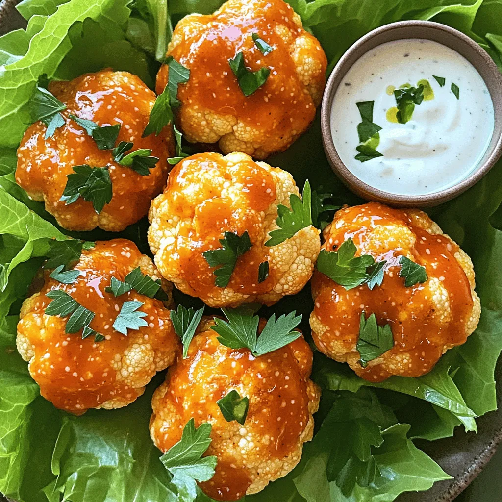 - 1 medium head of cauliflower, cut into bite-sized florets - 1 cup all-purpose flour - 1 teaspoon garlic powder - 1 teaspoon onion powder - 1 teaspoon smoked paprika - ½ teaspoon salt - ½ teaspoon black pepper - 1 cup water - ½ cup buffalo sauce (adjust to taste) - 2 tablespoons melted vegan butter or regular butter - Fresh parsley, chopped (for garnish) To get the best results, measure your ingredients carefully. Use a dry measuring cup for the flour. Spoon it into the cup and level it off with a knife. This method helps avoid adding too much flour, which can make the batter thick and heavy. For the cauliflower, wash it well and cut it into bite-sized florets. Try to keep them uniform in size. This ensures they cook evenly and become crispy. You want each piece to be about the size of a golf ball. This size absorbs the sauce well, giving you flavor in every bite. Each serving of buffalo cauliflower bites has about 130 calories. Cauliflower is low in calories yet high in fiber. It helps with digestion and keeps you full. Plus, it’s rich in vitamins C and K. It’s a great choice for a healthy snack! First, you need to preheat your oven to 425°F (220°C). This high heat helps the bites become crispy. While the oven warms up, grab a baking sheet and line it with parchment paper. This step keeps the bites from sticking and makes cleanup easier. Next, let’s make the batter. In a large bowl, whisk together the flour, garlic powder, onion powder, smoked paprika, salt, and black pepper. These spices add great flavor. Then, gradually add in the water. Stir until you have a smooth batter. It should be thick enough to coat the cauliflower well. Now, it’s time to coat the cauliflower. Add the bite-sized florets to the batter. Toss them gently until each piece gets a nice coating. Spread the coated florets onto the lined baking sheet in a single layer. Bake the cauliflower bites in the preheated oven for 25-30 minutes. Halfway through, flip them over. This ensures they brown evenly. When they are golden and crispy, they are ready! For added flavor, after baking, drizzle the buffalo sauce mixture over the bites. Toss gently to coat them completely. Return them to the oven for another 10 minutes. This step helps the sauce stick and makes the bites even tastier. Now, you can enjoy your crispy and flavorful buffalo cauliflower bites! If you want the full recipe, check the details above. To get those crispy buffalo cauliflower bites, follow these steps: - Use fresh cauliflower florets for the best crunch. - Make sure your batter is thick enough to coat each piece. - Spread the florets out on the baking sheet. This helps them crisp up. - Flip them halfway through baking for even crispiness. - Bake at 425°F for 25-30 minutes. Adjust time based on your oven. You can boost the flavor of your bites with these tips: - Add a pinch of cayenne pepper for extra heat. - Try using smoked paprika for a richer taste. - Experiment with garlic powder and onion powder for depth. - Choose buffalo sauce based on your spice preference. Mild sauce is great for kids. Medium sauce works for most adults. When it comes to serving your bites, consider these ideas: - Pair them with ranch or blue cheese dressing for dipping. - Serve on a platter with crisp lettuce leaves for a fresh touch. - Add chopped parsley on top for a pop of color. - For gatherings, think about adding veggie sticks or chips on the side. These tips will help you create the best buffalo cauliflower bites. Enjoy! {{image_2}} You can easily make buffalo cauliflower bites vegan. Simply swap regular butter for plant-based butter. This change keeps the flavor while making it suitable for a vegan diet. For gluten-free options, use gluten-free flour in place of all-purpose flour. This keeps the bites crispy without gluten. Spice up your cauliflower bites by adjusting the hot sauce levels. If you love heat, choose a hotter sauce. If you prefer mild, stick with a medium sauce. You can also play with seasonings. Adding lemon zest can give a fresh twist. A sprinkle of paprika adds a nice smoky flavor, too. These bites go great with many sides. Vegan coleslaw adds crunch and creaminess. Crisp veggie sticks like carrots and celery provide a nice contrast. You can also create a buffalo platter. Arrange the bites with dips and sides for a fun snack spread. Enjoy your cooking adventure! After making buffalo cauliflower bites, store any leftovers in the fridge. Place them in an airtight container. This keeps them fresh and helps maintain flavor. You can keep them for up to three days. If you wait longer, they may lose their taste and texture. To reheat your bites, use the oven for best results. Preheat it to 350°F (175°C). Place the bites on a baking sheet for about 10 minutes. This method helps them stay crispy. Avoid using the microwave, as it can make them soggy. Always check that they reach an internal temperature of 165°F (74°C) for safe eating. Yes, you can freeze buffalo cauliflower bites! To freeze, let them cool completely. Then, place them in a single layer on a baking sheet. Freeze until solid, then transfer to a freezer bag. This helps prevent sticking. You can keep them frozen for up to three months. To defrost, place them in the fridge overnight before reheating. To make buffalo cauliflower bites less spicy, you can use a milder sauce. Choose a mild or medium buffalo sauce instead of hot. You can also mix in some honey or maple syrup to balance the heat. Adding a little more butter to the sauce makes it less hot too. Yes, you can air fry buffalo cauliflower bites. Preheat your air fryer to 400°F (200°C). Place the coated cauliflower in the basket in a single layer. Cook for about 15-20 minutes. Shake the basket halfway through to help them cook evenly. They should be crispy and golden when done. Buffalo cauliflower bites pair well with several sides. Consider serving them with ranch or blue cheese dressing for dipping. You can also add veggie sticks like carrots and celery. Another great option is a fresh salad or a vegan coleslaw. These sides complement the spicy flavor nicely. You’ll know your cauliflower bites are done when they look golden brown and crispy. The texture should be firm but tender inside. If they are crunchy on the outside and soft on the inside, they are ready to eat. Keep an eye on them during the last few minutes of baking. For the complete details on how to make these tasty bites, check the full recipe. You now have all the details for making delicious buffalo cauliflower bites. With the right ingredients, preparation, and tips, you can create a crowd-pleasing dish. Remember to experiment with flavors and textures to find what you love most. Don't forget about storage and reheating for leftovers! Enjoy these bites as a snack or party treat. With practice, you'll impress your friends and family every time.