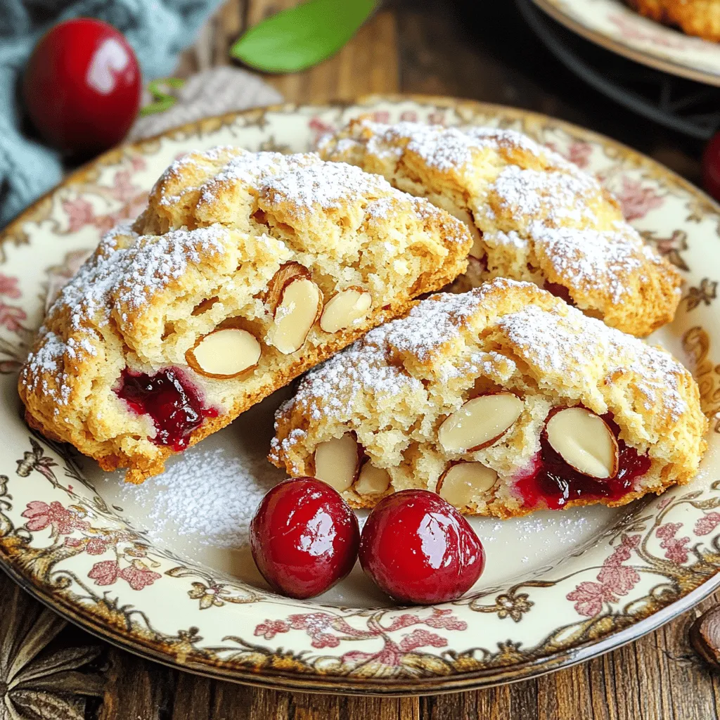 - 2 cups all-purpose flour - 1/2 cup granulated sugar - 2 teaspoons baking powder - 1/2 teaspoon baking soda - 1/4 teaspoon salt - 1/2 cup unsalted butter, cold and cubed - 1/2 cup heavy cream - 1 large egg - 1 teaspoon vanilla extract - 1 cup fresh cherries, pitted and halved - 1/2 cup sliced almonds (plus extra for topping) - 1 tablespoon milk (for brushing) Each ingredient plays a special role in making scones. The flour gives structure. Sugar adds sweetness and helps with browning. Baking powder and baking soda create lift, making the scones light. Salt enhances the flavors. Butter makes the scones rich and flaky. Heavy cream adds moisture and creaminess. The egg binds the dough. Vanilla extract gives a lovely flavor. Cherries provide juicy bursts, and almonds add crunch. For the best results, choose quality brands. Use King Arthur Flour for consistent baking. For sugar, Domino is a reliable choice. For butter, look for Kerrygold or Land O'Lakes, as they have great flavor. For cherries, try organic varieties when available. For sliced almonds, Blue Diamond is a good option. These brands help you create the most delicious Cherry Almond Scones. For the full recipe, check the complete guide above. To start, gather your ingredients. You will need flour, sugar, baking powder, baking soda, salt, butter, heavy cream, egg, vanilla extract, fresh cherries, and sliced almonds. Begin by preheating your oven to 400°F (200°C). Line a baking sheet with parchment paper to ensure easy cleanup. In a large bowl, whisk together the flour, sugar, baking powder, baking soda, and salt. This mix creates a base for your scones. Next, add the cold, cubed butter. Use a pastry cutter or your fingers to work the butter into the dry mix until it looks like coarse crumbs. This step adds richness and flaky texture. In another bowl, whisk the heavy cream, egg, and vanilla extract. Pour this creamy mixture into the dry ingredients and stir gently until just combined. Now, fold in the halved cherries and sliced almonds. Be careful not to overmix; you want to keep the scones light. Transfer the dough to a floured surface. Gently knead it a few times until it forms a cohesive ball. Pat the dough into a circle about 1-inch thick. Cut it into 8 wedges, like a pizza. Place the wedges on your prepared baking sheet. Before baking, brush the tops with milk. Then, sprinkle extra sliced almonds on each scone for texture. Bake them in the preheated oven for 18-20 minutes. They should be golden brown. Check doneness by inserting a toothpick; it should come out clean. To achieve the best scone texture, keep your butter cold. This helps create flaky layers. Avoid overmixing the dough. Overmixing can lead to tough scones. Use a light touch when folding in the cherries and almonds. Also, consider chilling the dough briefly before baking. This can enhance the scone's rise and texture. Lastly, serve them warm for the best taste experience. Enjoy your Cherry Almond Scones with your favorite jam or clotted cream! For the complete recipe, refer to the Full Recipe section above. One common mistake is overmixing the dough. This makes scones tough instead of light. Mix just until the ingredients combine. Another mistake is using warm butter. Cold butter creates flaky layers. Always cube your butter before adding it. Finally, don’t skip the chilling step. Chilling the dough helps the scones rise better. For the best flavor, use fresh ingredients. Fresh cherries bring a burst of taste. Almond extract can also enhance the almond flavor. Just a little goes a long way. You can also add lemon zest for a nice twist. It brightens the overall taste and adds freshness. To get fluffy scones, make sure your baking powder is fresh. Old baking powder won’t provide enough lift. Also, avoid pressing the dough too hard when shaping. Gentle handling keeps the air in the dough. Lastly, bake on a preheated baking sheet. This helps create a crisp outer layer while keeping the inside soft and tender. For the full recipe, check the detailed instructions above. {{image_2}} You can switch out the cherries for other fruits. Try blueberries, raspberries, or peaches. Each fruit adds a unique taste and texture. Blueberries offer a sweet burst, while raspberries bring a tart flavor. Peaches add a juicy softness that pairs well with almonds. Almonds are great, but you can change them up. Try walnuts, pecans, or hazelnuts. Walnuts add a rich, earthy flavor. Pecans bring a buttery crunch, making each bite delightful. Hazelnuts add a sweet, nutty twist that surprises the palate. You can create gluten-free scones easily. Substitute all-purpose flour with gluten-free flour blends. Look for blends that include xanthan gum for better texture. This way, everyone can enjoy these scones without worry. Don't forget to check the ingredients in the baking powder too, as some brands may contain gluten. This recipe is adaptable and allows for creativity. Experimenting makes baking more fun, and you can find your perfect flavor! For the full recipe, refer to the earlier section. To keep your cherry almond scones fresh, store them in an airtight container. This helps to lock in moisture and flavor. You can keep them at room temperature for up to two days. If you want to extend their shelf life, place them in the fridge for up to a week. Just remember, refrigeration can dry them out a bit. If you want to keep them soft, wrap them in plastic wrap before placing them in the container. Freezing scones is super easy and a great way to enjoy them later. Start by letting the baked scones cool completely. Once cool, wrap each scone individually in plastic wrap. Then, place them in a freezer bag or airtight container. You can freeze scones for up to three months. When you're ready to enjoy them, simply thaw them overnight in the fridge or at room temperature for a few hours. To reheat scones and keep them fresh, I suggest using the oven. Preheat your oven to 350°F (175°C). Place the scones on a baking sheet and warm them for about 10 minutes. This method helps restore their texture and flavor. If you're in a hurry, you can use the microwave. Heat each scone for about 15-20 seconds. However, the microwave can make them a bit soft, so the oven is a better choice for a crisp finish. You can make Cherry Almond Scones ahead by mixing the dry ingredients. Store them in a sealed bag. Next, prepare the wet ingredients. When you're ready, mix them and bake. This plan saves time. You can also freeze the scones before baking. Just wrap them well and place them in the freezer. Bake them straight from the freezer. It’s easy and quick! Yes, you can use frozen cherries. Just remember to thaw and drain them first. This step helps keep the dough from getting too wet. Frozen cherries work well and can still taste great. They can add a nice burst of flavor. Use them if fresh cherries are not available. Cherry Almond Scones are wonderful on their own. You can add clotted cream or butter for a rich touch. They also pair well with jams like raspberry or apricot. A hot cup of tea or coffee complements them beautifully. These pairings bring out the cherry flavor. For the complete recipe, check out the Cherry Almond Scones section. It includes all the steps and tips to make them just right. Enjoy baking and sharing these delightful treats! Cherry almond scones are simple to make and delicious to eat. We covered key ingredients and their roles, plus tips for the perfect bake. I shared ideas to avoid common mistakes and ways to enhance flavor and texture. You can also try different fruits and storage tips for fresh scones later. By following these steps, you can enjoy tasty scones any time. Baking is fun, and now you have the tools to make it great!