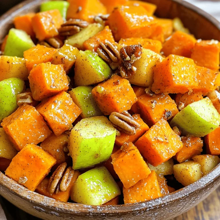 - 4 medium sweet potatoes, peeled and cubed - 2 medium apples, cored and diced (e.g., Granny Smith or Honeycrisp) - 3 tablespoons olive oil - 2 teaspoons ground cinnamon - 1 teaspoon vanilla extract - 1/2 teaspoon nutmeg - 1 tablespoon maple syrup - Chopped pecans or walnuts for garnish When I create cinnamon roasted sweet potatoes and apples, I always start with fresh ingredients. Sweet potatoes give a creamy texture, while apples add a hint of tartness. You can choose any variety of apple, but I love using Granny Smith or Honeycrisp. Their flavor really shines through in this dish. Next, I drizzle olive oil over the sweet potatoes and apples. Olive oil brings healthy fats and enhances the roasting process. It helps to caramelize the natural sugars in both the sweet potatoes and apples, creating a lovely golden color. Now, let’s talk about the spices. Ground cinnamon is key for that warm, cozy flavor. I also add nutmeg for a hint of warmth and vanilla extract to round out the sweetness. These spices make the dish smell incredible as it cooks. If you want extra sweetness, you can add maple syrup. It adds a nice layer of flavor. Finally, for a lovely crunch, I suggest topping with chopped pecans or walnuts. They add texture and a nutty taste that pairs perfectly with the soft, sweet potatoes and apples. This delightful mix comes together to create a dish that looks as good as it tastes. You can find the full recipe above to guide you through each step. - Preheat oven to 425°F (220°C). - Prepare the baking sheet with parchment paper. Start by getting your oven nice and hot. Preheating it helps the sweet potatoes and apples cook evenly. Parchment paper makes cleanup easy and helps prevent sticking. You can use a large baking sheet for this recipe. - Mixing sweet potatoes and apples in a bowl. - Adding oil, spices, and optional sweeteners. Next, grab a large bowl. Combine the cubed sweet potatoes and diced apples. Make sure they mix well. Now, drizzle the olive oil over the mix. Sprinkle in the ground cinnamon, nutmeg, and vanilla extract. If you want some extra sweetness, add the maple syrup. A pinch of salt will enhance the flavors. Toss everything together until the sweet potatoes and apples get a nice coating of the mixture. - Spreading the mixture on the baking sheet. - Cooking time and tossing instructions. Spread the sweet potato and apple mixture evenly on the prepared baking sheet. This helps them roast well. Roast in your preheated oven for about 25-30 minutes. Halfway through, toss the mixture gently to help them cook evenly. You’ll know they are done when the sweet potatoes are tender and lightly caramelized. Once finished, take them out and let them cool a bit. You can garnish with chopped pecans or walnuts for some added crunch. For the full recipe, check the section above. When picking apples for this dish, I love to use Granny Smith or Honeycrisp. - Granny Smith: Tart and crisp, they add a nice zing. - Honeycrisp: Sweet and juicy, they balance the flavor well. Different apples change the taste and texture of your dish. Tart apples bring brightness, while sweet ones add warmth. Experiment to find your favorite mix! To make your dish even more tasty, consider adding spices. A sprinkle of ginger or a pinch of cloves can boost the warm flavors. You can also switch up the oil. Try coconut oil for a tropical twist or avocado oil for a rich taste. If you want more sweetness, drizzle in some honey or agave syrup instead of maple syrup. How you present your dish can make it even more appealing. Serve the sweet potatoes and apples in a warm bowl. Top with a sprinkle of cinnamon and some extra nuts for crunch. This dish pairs well with roasted chicken or pork. The sweet and savory mix will impress your guests. For a vegetarian option, serve it with quinoa or a fresh salad. Check the Full Recipe for more ideas! {{image_2}} You can switch up the nuts in your cinnamon roasted sweet potatoes and apples. Pecans bring a sweet and buttery flavor. They also add a nice crunch. Walnuts offer a more earthy taste and a slightly softer texture. You can use either nut based on what you like. If you want to try something different, consider sunflower seeds or pumpkin seeds. These options add a fun twist and are great for those with nut allergies. You can mix and match nuts and seeds to create a unique topping. Fruits can bring more flavor to this dish. Pears make a great addition due to their sweet and juicy nature. They pair well with sweet potatoes and apples. You can also try adding cranberries for a tart kick. Combining various fruits creates a colorful medley. Mix apples, pears, and cranberries for a burst of flavor. This blend not only tastes great but also makes your dish look stunning. You can easily make this recipe fit different diets. For a vegan version, simply stick with the ingredients listed. Use maple syrup as a sweetener for a natural touch. If you want a gluten-free option, you’re already in luck! This recipe is naturally gluten-free. You can also use coconut oil instead of olive oil for a different flavor. Customize your dish to fit your needs while keeping it delicious. For the full recipe, check out the details earlier in this article. To keep your cinnamon roasted sweet potatoes and apples fresh, use airtight containers. Glass or plastic containers work great. Make sure to seal the lids tightly to keep air out. Store the leftovers in the fridge. They can stay good for about three days. When reheating, the oven is your best friend. Preheat it to 350°F (175°C). Spread the leftovers on a baking sheet. Heat for about 10-15 minutes. This keeps the texture nice and crisp. You can use a microwave if you're in a hurry. Heat in short bursts of 1-2 minutes. Just be careful, as it might get a bit soggy. You can freeze both raw and cooked dishes. For raw, prepare the sweet potatoes and apples but do not roast them. Place them in a freezer-safe bag and remove as much air as possible. For cooked leftovers, let them cool first. Store in a freezer-safe container or bag. To thaw, move them to the fridge overnight. Reheat them in the oven for the best taste. Cinnamon roasted sweet potatoes and apples can last for about 3 to 5 days in the fridge. To keep them fresh, store them in an airtight container. This helps prevent moisture loss and keeps the flavors intact. Yes, you can make this recipe ahead of time. You can prepare the sweet potatoes and apples, then store them in the fridge. When you're ready, simply roast them before serving. This allows the flavors to meld nicely. You can serve cinnamon roasted sweet potatoes and apples with many dishes. Here are some tasty options: - Grilled chicken or turkey - Pork chops or tenderloin - A green salad with nuts and cheese These pair nicely and balance the flavors. Absolutely! You can adjust the sweetness to your taste. If you prefer it sweeter, add more maple syrup. You can also use honey or brown sugar. For less sweetness, skip the optional sweeteners. Enjoy customizing this dish! In this article, we explored a simple yet delicious recipe for cinnamon roasted sweet potatoes and apples. We covered the main ingredients, spices, and optional flavors that enhance taste. You learned about the steps to prepare, roast, and serve this dish, along with useful tips for making it your own. Remember, this recipe is flexible. Feel free to mix in your favorite nuts or fruits. Enjoy your cooking and share this tasty dish with others!