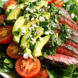 To make a tasty Chimichurri Steak Salad, you need fresh and vibrant ingredients. Here’s what you'll require: - 1 pound flank steak - 2 cups mixed salad greens (arugula, spinach, and romaine) - 1 cup cherry tomatoes, halved - 1 avocado, sliced - 1/2 red onion, thinly sliced - 1/4 cup crumbled feta cheese - 1/4 cup olive oil - 1/4 cup red wine vinegar (or substitute with lemon juice) - 2 cloves garlic, minced - 1 teaspoon dried oregano - 1 teaspoon red pepper flakes - Salt and pepper to taste - Fresh parsley, chopped (for garnish) These ingredients create a perfect blend of flavors. The flank steak provides protein, while the greens add crunch. The cherry tomatoes and avocado bring freshness. The feta cheese adds a creamy touch. The chimichurri sauce ties everything together with its zesty kick. If you're excited to try making this salad, check the Full Recipe for all the steps! To make the chimichurri sauce, I grab a mixing bowl. I add 1/4 cup of olive oil and 1/4 cup of red wine vinegar or lemon juice. Next, I mince 2 cloves of garlic and toss them in. Then, I sprinkle in 1 teaspoon of dried oregano and 1 teaspoon of red pepper flakes. I season with salt and pepper to taste. I whisk it all together until it blends well. This sauce is bright and fresh, perfect for my steak salad. I heat my grill or grill pan to medium-high. I season 1 pound of flank steak generously with salt and pepper. Once the grill is ready, I place the steak on it. I cook it for about 5-7 minutes on each side for a medium-rare finish. After cooking, I remove the steak and let it rest for 5 minutes. Resting the steak helps keep it juicy and tender. For the salad, I take a large bowl. I add 2 cups of mixed salad greens, including arugula, spinach, and romaine. Next, I slice 1 avocado and add it to the bowl. I also add 1 cup of halved cherry tomatoes and 1/2 red onion, thinly sliced. I drizzle half of the chimichurri sauce over the salad and toss gently to mix. Now, I slice the rested flank steak against the grain into thin strips. I place these strips on top of the salad. To finish it off, I sprinkle 1/4 cup of crumbled feta cheese over everything. I drizzle the remaining chimichurri sauce on top. For a pop of color, I garnish with chopped fresh parsley. My chimichurri steak salad is ready to serve. Enjoy this fresh and flavorful delight! To cook the best flank steak, remember these steps: - Choose the Right Cut: Flank steak is lean. It cooks quickly but can be tough if overdone. - Season Generously: Use salt and pepper. This enhances the meat's flavor. - Grill at the Right Temperature: Preheat your grill to medium-high. This helps to sear the steak. - Time It Right: Grill for 5-7 minutes on each side for medium-rare. Adjust time for your preferred doneness. - Let It Rest: After grilling, let the steak sit for 5 minutes. This keeps it juicy. Chimichurri is versatile. Here are some tasty twists: - Add Citrus: Include lemon or lime juice for a bright flavor. - Spice It Up: Increase the red pepper flakes for more heat. - Fresh Herbs: Use cilantro or basil for a unique twist. - Nutty Flavor: Blend in some toasted nuts like walnuts or almonds. Feel free to experiment and find your favorite blend. When serving your steak salad, consider these ideas: - Add Crunch: Top with crispy tortilla strips for extra texture. - Cheese Options: Swap feta for goat cheese or blue cheese. - Grain Boost: Serve over quinoa or farro for a hearty meal. - Dress It Up: More chimichurri? Yes, please! Drizzle extra sauce on top. You can find the full recipe for Chimichurri Steak Salad and enjoy all these flavors together. {{image_2}} If you want to switch up the protein, try chicken or shrimp. Both options work well. For chicken, use boneless breasts or thighs. Cook them until they are juicy and tender. If you choose shrimp, grill them for just a few minutes on each side. They should be pink and firm. These proteins soak up the chimichurri sauce nicely. Feel free to mix in other veggies. Cucumbers add a nice crunch. Bell peppers bring a sweet flavor. You can also toss in radishes for some spice. Adding nuts like walnuts or almonds gives a crunchy texture. If you want a fruity twist, try adding sliced strawberries or mango. These ingredients make the salad brighter and more enjoyable. While chimichurri is a star, there are other choices. You could use a citrus vinaigrette for a fresh taste. Combine orange juice, lemon juice, and olive oil for a zesty kick. A balsamic vinaigrette can add sweetness, too. For a creamy touch, a yogurt-based dressing works well. Each dressing brings a new flavor and feel to the salad. Store your leftover salad in an airtight container. Keep it in the fridge. It stays fresh for up to three days. However, the avocado may brown quickly. To prevent this, you can add a splash of lemon juice to the avocado before storing. This keeps the color bright and fresh. You can freeze leftover flank steak. Wrap it tightly in plastic wrap. Then place it in a freezer bag. It lasts up to three months. When ready to eat, thaw it in the fridge overnight. This keeps the meat juicy and tender. Reheat steak gently to avoid drying it out. Use a skillet over low heat. Add a bit of olive oil to keep it moist. Heat for about five minutes, turning often. You can also reheat it in the microwave. Place it on a plate with a damp paper towel. Heat in short bursts, checking often. Enjoy your Chimichurri Steak Salad again with great flavors! For the full recipe, check out the recipe section above. Chimichurri is a fresh sauce from Argentina. It blends herbs, garlic, vinegar, and oil. Many people use it for grilled meats. This sauce has roots in Argentine cuisine. It adds a bright and tangy flavor. You can find variations in other South American countries. Each region has its twist on this classic. Yes, you can prepare parts of the Chimichurri Steak Salad ahead. Make the chimichurri sauce a day before. Store it in the fridge. This gives the flavors time to blend. You can also grill the steak in advance. Just slice it and store it chilled. Assemble the salad fresh when you are ready to serve. This keeps the greens crisp. Chimichurri Steak Salad goes well with many sides. Here are some ideas: - Garlic bread - Grilled vegetables - Roasted potatoes - Rice or quinoa - A light soup, like gazpacho These sides enhance the meal without overpowering the salad. To make a vegetarian version, swap the steak for grilled vegetables. Use zucchini, bell peppers, or mushrooms. You can also add chickpeas for protein. Maintain the same chimichurri sauce for flavor. This keeps the dish fresh and vibrant. Enjoy the same bright taste without the meat. For even more variety, add nuts or seeds for crunch. For the complete recipe, check the [Full Recipe]. In this blog post, we explored how to make a delicious chimichurri steak salad. We covered the key ingredients, like flank steak, fresh greens, and vibrant veggies. I shared simple steps to prepare the chimichurri sauce and cook the steak. You’ll find tips for perfect steak, variations for dressings, and safe storage methods. This dish is versatile and full of flavor. Experiment with your favorite ingredients or sides. Enjoy your cooking adventure with this tasty salad!