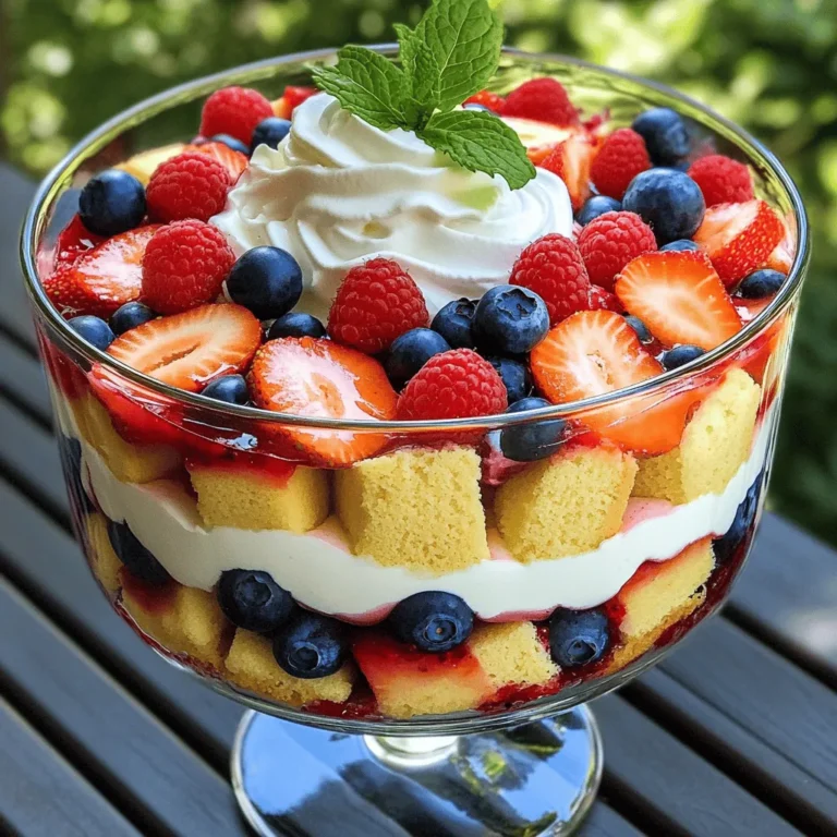 For this trifle, you need two cups of mixed fresh berries. I love using strawberries, blueberries, and raspberries. They add color and flavor. Choose ripe berries for the best taste. Wash them gently under cool water and pat them dry. This step is key to keeping them fresh. You will need one cup of heavy whipping cream. This cream makes the trifle rich and smooth. Add a quarter cup of powdered sugar to sweeten it. One teaspoon of vanilla extract gives it a lovely flavor. These ingredients blend well to create a light and fluffy topping. You will also need one pound of pound cake, cut into cubes. This cake acts as the base layer. You can use store-bought or homemade. Include one cup of vanilla yogurt for creaminess and tang. Fresh mint leaves are great for garnish. They add a bright touch to your dessert. For the complete recipe, check the Full Recipe. Start by washing your mixed berries. Use cool, running water to keep them fresh. After rinsing, pat them dry with a paper towel. If you use strawberries, remove the stems. Cut them in halves or quarters to match the size of the other berries. This step helps create a nice mix in each bite. Next, it’s time to whip the cream. Grab a mixing bowl and add the heavy whipping cream, powdered sugar, and vanilla extract. Use an electric mixer to whip the cream until soft peaks form. Be careful! Over-whipping can turn the cream into butter. You want it light and fluffy for that perfect texture. Now, let’s build your trifle. Take a large trifle dish or individual cups. Start with a layer of pound cake cubes at the bottom. Next, add a layer of mixed berries over the cake. Then, spoon a layer of vanilla yogurt over the berries. Follow this with a layer of whipped cream. Repeat these layers until you use all your ingredients. Finish with a nice layer of whipped cream on top. Add extra mixed berries and a few mint leaves on top for garnish. This adds color and a fresh touch. Lastly, chill your trifle in the fridge for at least 1 hour. This helps the flavors blend nicely. Enjoy this delicious dessert with friends and family! Check out the Full Recipe for more details. To make great whipped cream, use heavy cream. Chill your bowl and beaters in the fridge first. This helps the cream whip faster. Add powdered sugar and vanilla for taste. Mix until soft peaks form. Stop before it turns into butter. If you want flavor, try adding lemon zest or cocoa powder. Layering is key to a stunning trifle. Start with a layer of pound cake cubes. Next, add mixed berries for color. Use yogurt for creaminess, then add whipped cream for fluffiness. Repeat these layers until you reach the top. Finish with whipped cream and berries. Use clear glasses to show off your work. Serve your trifle chilled for the best taste. Use mint leaves on top for a fresh look. You can also serve individual cups for easy sharing. This dessert is great for parties or family dinners. Have fun with it and let your creativity shine. For the complete recipe, check out the Full Recipe. {{image_2}} You can switch up the berries in your trifle for new flavors. Use blackberries or cherries for a twist. Try peaches for a sweet touch. Each berry adds a unique taste. Mixing colors makes your trifle look bright and fun. You can even use frozen berries if fresh ones aren’t available. Just thaw them before use. Want a lighter trifle? You can use Greek yogurt instead of whipped cream. It adds protein and cuts calories. For a lower sugar option, use honey or maple syrup in the yogurt. You can also replace pound cake with whole grain bread or angel food cake. These swaps keep the trifle tasty without the extra sugar. Create themed trifles for special occasions. For a Fourth of July trifle, use strawberries, blueberries, and whipped cream. It looks like the flag! For a fall theme, use pumpkin puree mixed with yogurt and cinnamon. Layer apples and granola for crunch. Each theme adds a fun twist to the classic recipe. Be creative and enjoy your trifle journey! For the full recipe, check out the details above. To keep your Summer Berry Trifle fresh, store it in the fridge. Cover it well with plastic wrap or a lid. This helps keep the trifle moist and stops it from picking up other smells in the fridge. Try to eat it within two days for the best taste. The best temperature for storing your trifle is around 40°F (4°C). Make sure your fridge is set to keep foods cold. Avoid putting the trifle in the door, as it can be warmer there. Place it on a shelf in the main part of the fridge for the best cooling. If you have leftover trifle, scoop it into a clean, airtight container. Keep it in the fridge and enjoy within two days. If you want to save it longer, freeze the components separately: berries, whipped cream, and cake. Just remember that freezing can change the texture of the whipped cream and berries when thawed. For the full recipe, check out the details above! Yes, you can make Summer Berry Trifle a day ahead. This lets the layers blend well. Just prepare everything and layer it in the trifle dish. Cover it with plastic wrap. Chill it in the fridge overnight. The flavors will come together nicely, making it even more tasty. If you want to swap out pound cake, try sponge cake or angel food cake. They both work well in a trifle. You can also use cookies like ladyfingers for a fun twist. Each option adds its own taste and texture. Choose what you like best! To make a dairy-free Summer Berry Trifle, use coconut cream instead of heavy whipping cream. For yogurt, opt for dairy-free yogurt made from almond or coconut. Use a pound cake made with almond milk or check for dairy-free versions. This way, everyone can enjoy it! In this post, I explored how to make a delicious summer berry trifle. We covered the key ingredients, from fresh berries to cream and other components. I shared a clear guide on preparing the berries, whipping the cream, and layering the trifle. Plus, I included tips for perfect whipped cream and visual appeal. As you make your own trifle, remember the endless variations. You can mix berries, try healthier swaps, and create themed ideas. Enjoy your dessert, and don't forget to store leftovers properly for another treat!