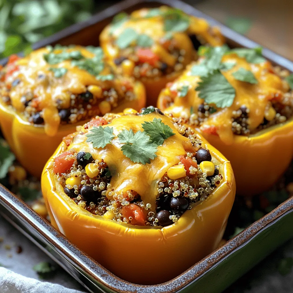 To make stuffed bell pepper boats, gather these key items: - 4 large bell peppers (any color) - 1 cup cooked quinoa - 1 cup black beans, rinsed and drained - 1 cup corn kernels (fresh or frozen) - 1 small red onion, finely chopped - 2 cloves garlic, minced - 1 teaspoon cumin - 1 teaspoon smoked paprika - 1 cup diced tomatoes (fresh or canned) - 1 cup shredded cheese (cheddar or pepper jack) - Salt and pepper to taste - Fresh cilantro for garnish Each ingredient plays a role. The bell peppers act as the tasty boat, while quinoa adds protein and fiber. Black beans offer more protein and a nice texture. Corn gives sweetness, and tomatoes keep it fresh. Spices like cumin and smoked paprika bring warmth and depth to the dish. You can also add some optional ingredients to boost the taste: - Chopped jalapeños for heat - Chopped bell pepper tops for extra veggie goodness - Avocado for creaminess - Lime juice for a tangy touch These extras add fun twists to your stuffed peppers. If you want more spice, jalapeños fit perfectly. Lime juice will brighten the flavors. This meal is both healthy and satisfying. Here’s a quick look at the nutrition: - Calories: About 350 per serving - Protein: 15g - Carbs: 45g - Fat: 12g - Fiber: 10g This breakdown shows that stuffed bell pepper boats are great for many diets. They are rich in protein, carbs, and fiber, making them a well-rounded meal. With these ingredients, you can create a dish that is both healthy and delicious. For the full recipe, check out the complete instructions! Start by washing the bell peppers. Choose any color you love. Cut off the tops. Remove the seeds and membranes. This makes room for the tasty filling. Place the peppers upright in a baking dish. This helps them hold their shape while cooking. In a large skillet, heat a splash of olive oil. Add finely chopped red onion. Cook until it turns soft, about 3-4 minutes. Then, add minced garlic and cook for another minute. Next, stir in cooked quinoa, black beans, and corn. Add diced tomatoes, cumin, smoked paprika, salt, and pepper. Mix everything well. Heat through for about 5 minutes while stirring occasionally. This blends the flavors nicely. Remove the skillet from heat. Stir in half of the shredded cheese until it melts. Spoon the filling into each bell pepper. Pack it down gently. Top with the remaining cheese. Cover the dish with foil and bake in a preheated oven at 375°F (190°C) for 25 minutes. After that, take off the foil. Bake for another 10-15 minutes. The peppers should be tender, and the cheese will be bubbly and golden. Once done, let them cool for a couple of minutes. Garnish with fresh cilantro before serving. For the complete recipe, check the Full Recipe section. To make perfect stuffed peppers, choose firm and fresh peppers. Look for bright colors. Cut the tops off and remove seeds carefully. This helps the filling fit well. Use cooked quinoa as a base; it adds texture and protein. Mix in beans, corn, and spices for great flavor. Bake the peppers until they are tender, but not mushy. This gives you a nice bite. Soggy peppers can ruin your dish. To avoid this, pre-bake the peppers for 10 minutes before stuffing. This helps them hold their shape. Also, drain any extra liquid from your filling. If you use canned tomatoes, let them drain well. Lastly, cover the dish with foil only for part of the baking time. This keeps the peppers moist but allows for a nice finish. Using the right tools makes cooking easier. A sharp knife helps you cut the peppers cleanly. A spoon or small scoop is great for filling the peppers. I suggest using a large skillet for cooking the filling. It allows for even heating. Don't forget a baking dish to hold your stuffed peppers. For easy serving, use a spatula to lift them out without breaking. For the full recipe, check out the recipe section above. {{image_2}} You can make stuffed bell pepper boats vegetarian or add meat for extra flavor. For a vegetarian option, use beans and quinoa as the base. This mix gives protein and fiber. You can add mushrooms for a hearty bite. If you prefer meat, ground turkey or beef works well. Just brown the meat in the skillet before mixing it with the other ingredients. This choice makes your meal richer and more filling. Stuffed bell pepper boats are naturally gluten-free. Quinoa and beans are perfect for those with gluten issues. Make sure to check the labels on canned goods for any hidden gluten. If you want to add grains, brown rice is a great gluten-free option. It adds texture and complements the flavors in the filling. Cheese adds richness to stuffed peppers. Cheddar and pepper jack are my favorites, but you can try others. Mozzarella brings a mild taste and melts beautifully. Feta cheese gives a tangy twist. For spices, cumin and smoked paprika are classic, but you can mix things up. Try Italian herbs for a Mediterranean touch. You can also add a pinch of cayenne for heat if you like spice. With some creativity, each batch can taste new and exciting. For the full recipe, check out the instructions above. After enjoying your stuffed bell pepper boats, you may have some leftovers. Store them in an airtight container. This will keep them fresh for up to four days in the fridge. Make sure to let them cool completely before sealing the container. This helps avoid moisture buildup, which can make the peppers soggy. If you want to save your stuffed peppers for later, freezing is a great option. First, let the peppers cool down. Then, wrap each pepper tightly in plastic wrap. Place the wrapped peppers in a freezer-safe bag or container. Label the bag with the date and freeze for up to three months. When you are ready to eat, just thaw them in the fridge overnight. To reheat your stuffed bell peppers, the oven is best. Preheat your oven to 350°F (175°C). Remove the peppers from their container and place them on a baking sheet. Cover them with foil to keep moisture in. Bake for about 20 minutes or until heated through. If you want the cheese to melt more, remove the foil for the last 5 minutes. Enjoy the delicious flavors all over again! You can prepare Stuffed Bell Pepper Boats in advance. Start by cooking the filling up to two days before serving. Store it in the fridge. When you are ready to bake, prepare the bell peppers by cutting the tops and removing seeds. Fill them with the cold mixture, top with cheese, and cover with foil. You can bake them straight from the fridge. Just add a few extra minutes to the baking time. This way, you save time on busy days. Yes, you can easily customize the filling. For a vegetarian option, stick to beans, grains, and veggies. If you need protein, try adding cooked chicken or ground turkey. You can also swap quinoa for rice or couscous. For a spicy kick, add jalapeños or chili powder. If you are gluten-free, use rice or quinoa only. The options are endless, so feel free to get creative and make your meal just right for you. Stuffed Bell Pepper Boats go well with many sides. You can serve them with a simple green salad for freshness. Mexican rice or a side of guacamole also works great. For something warm, try roasted vegetables or sweet potato wedges. If you want a dip, salsa or sour cream adds nice flavor. These sides will balance the meal and make it even more enjoyable. Stuffed bell pepper boats are easy to make and full of flavor. We covered the best ingredients, techniques, and tips for success. You can customize the filling to fit your taste and needs. Storing leftovers is simple, too, so nothing goes to waste. Cooking can be fun and creative. Enjoy creating your own version of this dish. Happy cooking!