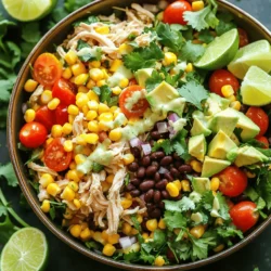 To make a tasty Southwest Chicken Salad, gather these fresh ingredients: - 2 cups cooked chicken breast, shredded - 1 cup corn kernels (fresh or canned) - 1 black bean can (15 oz), rinsed and drained - 1 red bell pepper, diced - 1 avocado, diced - 1 cup cherry tomatoes, halved - 1/4 cup red onion, finely chopped - 1/2 cup cilantro, chopped - Juice of 2 limes - 3 tablespoons olive oil - 1 teaspoon cumin - 1 teaspoon chili powder - Salt and pepper to taste This salad is not just good; it’s good for you! Each serving packs a punch with: - Protein from chicken and beans for muscle health - Healthy fats from avocado and olive oil for heart health - Fiber from beans and veggies for digestion - Vitamins and minerals from the fresh produce You can easily swap some ingredients based on your taste or what you have: - Use quinoa instead of chicken for a vegetarian option. - Swap lime juice with lemon juice for a different zing. - Use canned black-eyed peas if you can't find black beans. - Try different peppers like yellow or green for a color twist. For the complete recipe, check out the Full Recipe section. To start, gather all your ingredients. This makes the process easy and fun. First, shred 2 cups of cooked chicken breast. You can use leftovers or rotisserie chicken. Next, rinse and drain 1 can of black beans. Dice 1 red bell pepper and 1 avocado, then halve 1 cup of cherry tomatoes. Finally, chop 1/4 cup of red onion and 1/2 cup of cilantro. In a large mixing bowl, combine all the chopped and shredded ingredients. Add the shredded chicken, corn, black beans, diced red bell pepper, diced avocado, halved cherry tomatoes, red onion, and cilantro. Gently mix everything together. This step blends the flavors well and makes the salad colorful. To make the dressing, grab a small bowl. Squeeze the juice from 2 limes into it. Then, add 3 tablespoons of olive oil, 1 teaspoon of cumin, and 1 teaspoon of chili powder. Season with salt and pepper to taste. Whisk it all together until well blended. Pour the dressing over the salad mixture. Toss gently to coat everything evenly. Let the salad sit for about 10 minutes. This allows the flavors to come together nicely. For the full recipe, see the earlier section. To bring out the best taste in your Southwest Chicken Salad, focus on fresh ingredients. Use ripe avocados and juicy tomatoes for a flavorful bite. The dressing is key! Mix lime juice, olive oil, cumin, and chili powder. This blend adds a zesty kick. Taste the dressing before adding it to the salad. Adjust the salt and pepper to your liking. Letting the salad sit for a few minutes helps the flavors blend nicely. Serve your salad in large, colorful bowls. This makes it look more appealing. Garnish with extra cilantro and lime wedges. You can also add tortilla chips for a crunchy texture. A sprinkle of cheese, like queso fresco, adds creaminess. Enjoy it as a light meal or a side dish at a gathering. Pair this salad with grilled shrimp or chicken for extra protein. A chilled glass of lemonade or iced tea complements the flavors well. For a heartier meal, serve it alongside brown rice or quinoa. This way, you get a balanced dish with great taste and nutrition. If you want to explore more, check out the Full Recipe for detailed steps! {{image_2}} If you want a meatless twist, swap the chicken for grilled tofu or chickpeas. Both options add protein and texture. Use the same spices to keep that Southwest flavor. Try adding roasted peppers or zucchini for extra taste. For those who want more protein, add shrimp or salmon. Both pair well with the salad's flavors. You can also use turkey or beef if you prefer. Just make sure to cook it well and season it to match the profile. You can change the flavor of your salad easily. Add fruits like mango or pineapple for a sweet touch. If you like heat, toss in some jalapeños or a spicy dressing. A sprinkle of feta or goat cheese can bring creaminess and tang. Explore these variations to make the dish your own! Check out the Full Recipe for more ideas and inspiration. To keep your Southwest Chicken Salad fresh, store it in an airtight container. This helps to keep out air and moisture. If possible, separate the dressing from the salad. This keeps the veggies crunchy and the flavors fresh. You can also use a glass container, which helps to see what’s inside. When stored correctly, this salad lasts about 3 to 4 days in the fridge. After that, the ingredients may lose their taste and texture. Always check for any signs of spoilage before eating. If it looks or smells off, it’s best to throw it away. You can freeze the chicken salad, but keep in mind it may change in texture. To freeze, place it in a freezer-safe container. Leave some space at the top for expansion. It can last up to 3 months in the freezer. When ready to eat, thaw it in the fridge overnight. After thawing, add fresh ingredients like avocado for the best taste. For the full recipe, check out the instructions above. To add spice, you can use jalapeños or hot sauce. Start with one or two diced jalapeños. Mix them in with the other salad ingredients. If you prefer hot sauce, add a few drops to your dressing. Taste as you go to find the right heat level for you. You can also sprinkle in cayenne pepper for an extra kick. This way, you can create a salad that suits your taste. Yes, you can prepare this salad in advance. Make the salad a few hours before serving. Just store it in an airtight container. Keep the dressing separate until you are ready to eat. This will keep the salad fresh and crisp. If you want to make it a day ahead, add the avocado right before serving. This keeps it from browning. You can serve this salad with tortilla chips for crunch. Another great option is to pair it with a side of rice or quinoa. These grains add heartiness to your meal. You might also enjoy it with a slice of cornbread or bread rolls. For drinks, try a cold iced tea or a refreshing lemonade. These pair well with the salad's flavors. This blog post covered the ingredients, how to prepare the dish, and tips to enhance flavor. You learned about variations and how to store the salad properly. Remember, you can play with spices and add personal touches to fit your taste. This Southwest Chicken Salad is versatile and fun to make. With these easy steps, you can impress anyone at your next meal. Enjoy cooking and experimenting with your flavors!