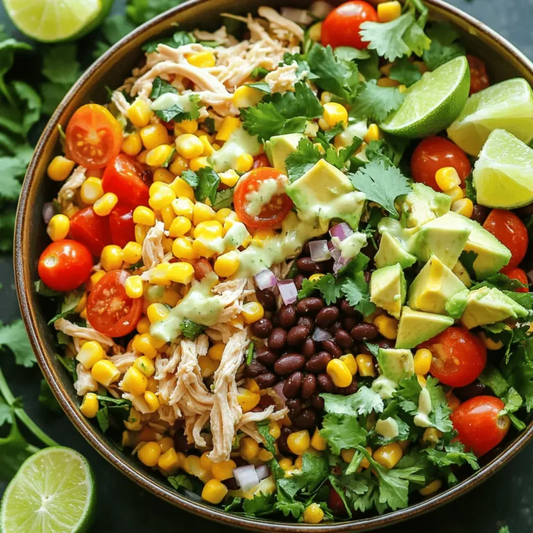 To make a tasty Southwest Chicken Salad, gather these fresh ingredients: - 2 cups cooked chicken breast, shredded - 1 cup corn kernels (fresh or canned) - 1 black bean can (15 oz), rinsed and drained - 1 red bell pepper, diced - 1 avocado, diced - 1 cup cherry tomatoes, halved - 1/4 cup red onion, finely chopped - 1/2 cup cilantro, chopped - Juice of 2 limes - 3 tablespoons olive oil - 1 teaspoon cumin - 1 teaspoon chili powder - Salt and pepper to taste This salad is not just good; it’s good for you! Each serving packs a punch with: - Protein from chicken and beans for muscle health - Healthy fats from avocado and olive oil for heart health - Fiber from beans and veggies for digestion - Vitamins and minerals from the fresh produce You can easily swap some ingredients based on your taste or what you have: - Use quinoa instead of chicken for a vegetarian option. - Swap lime juice with lemon juice for a different zing. - Use canned black-eyed peas if you can't find black beans. - Try different peppers like yellow or green for a color twist. For the complete recipe, check out the Full Recipe section. To start, gather all your ingredients. This makes the process easy and fun. First, shred 2 cups of cooked chicken breast. You can use leftovers or rotisserie chicken. Next, rinse and drain 1 can of black beans. Dice 1 red bell pepper and 1 avocado, then halve 1 cup of cherry tomatoes. Finally, chop 1/4 cup of red onion and 1/2 cup of cilantro. In a large mixing bowl, combine all the chopped and shredded ingredients. Add the shredded chicken, corn, black beans, diced red bell pepper, diced avocado, halved cherry tomatoes, red onion, and cilantro. Gently mix everything together. This step blends the flavors well and makes the salad colorful. To make the dressing, grab a small bowl. Squeeze the juice from 2 limes into it. Then, add 3 tablespoons of olive oil, 1 teaspoon of cumin, and 1 teaspoon of chili powder. Season with salt and pepper to taste. Whisk it all together until well blended. Pour the dressing over the salad mixture. Toss gently to coat everything evenly. Let the salad sit for about 10 minutes. This allows the flavors to come together nicely. For the full recipe, see the earlier section. To bring out the best taste in your Southwest Chicken Salad, focus on fresh ingredients. Use ripe avocados and juicy tomatoes for a flavorful bite. The dressing is key! Mix lime juice, olive oil, cumin, and chili powder. This blend adds a zesty kick. Taste the dressing before adding it to the salad. Adjust the salt and pepper to your liking. Letting the salad sit for a few minutes helps the flavors blend nicely. Serve your salad in large, colorful bowls. This makes it look more appealing. Garnish with extra cilantro and lime wedges. You can also add tortilla chips for a crunchy texture. A sprinkle of cheese, like queso fresco, adds creaminess. Enjoy it as a light meal or a side dish at a gathering. Pair this salad with grilled shrimp or chicken for extra protein. A chilled glass of lemonade or iced tea complements the flavors well. For a heartier meal, serve it alongside brown rice or quinoa. This way, you get a balanced dish with great taste and nutrition. If you want to explore more, check out the Full Recipe for detailed steps! {{image_2}} If you want a meatless twist, swap the chicken for grilled tofu or chickpeas. Both options add protein and texture. Use the same spices to keep that Southwest flavor. Try adding roasted peppers or zucchini for extra taste. For those who want more protein, add shrimp or salmon. Both pair well with the salad's flavors. You can also use turkey or beef if you prefer. Just make sure to cook it well and season it to match the profile. You can change the flavor of your salad easily. Add fruits like mango or pineapple for a sweet touch. If you like heat, toss in some jalapeños or a spicy dressing. A sprinkle of feta or goat cheese can bring creaminess and tang. Explore these variations to make the dish your own! Check out the Full Recipe for more ideas and inspiration. To keep your Southwest Chicken Salad fresh, store it in an airtight container. This helps to keep out air and moisture. If possible, separate the dressing from the salad. This keeps the veggies crunchy and the flavors fresh. You can also use a glass container, which helps to see what’s inside. When stored correctly, this salad lasts about 3 to 4 days in the fridge. After that, the ingredients may lose their taste and texture. Always check for any signs of spoilage before eating. If it looks or smells off, it’s best to throw it away. You can freeze the chicken salad, but keep in mind it may change in texture. To freeze, place it in a freezer-safe container. Leave some space at the top for expansion. It can last up to 3 months in the freezer. When ready to eat, thaw it in the fridge overnight. After thawing, add fresh ingredients like avocado for the best taste. For the full recipe, check out the instructions above. To add spice, you can use jalapeños or hot sauce. Start with one or two diced jalapeños. Mix them in with the other salad ingredients. If you prefer hot sauce, add a few drops to your dressing. Taste as you go to find the right heat level for you. You can also sprinkle in cayenne pepper for an extra kick. This way, you can create a salad that suits your taste. Yes, you can prepare this salad in advance. Make the salad a few hours before serving. Just store it in an airtight container. Keep the dressing separate until you are ready to eat. This will keep the salad fresh and crisp. If you want to make it a day ahead, add the avocado right before serving. This keeps it from browning. You can serve this salad with tortilla chips for crunch. Another great option is to pair it with a side of rice or quinoa. These grains add heartiness to your meal. You might also enjoy it with a slice of cornbread or bread rolls. For drinks, try a cold iced tea or a refreshing lemonade. These pair well with the salad's flavors. This blog post covered the ingredients, how to prepare the dish, and tips to enhance flavor. You learned about variations and how to store the salad properly. Remember, you can play with spices and add personal touches to fit your taste. This Southwest Chicken Salad is versatile and fun to make. With these easy steps, you can impress anyone at your next meal. Enjoy cooking and experimenting with your flavors!