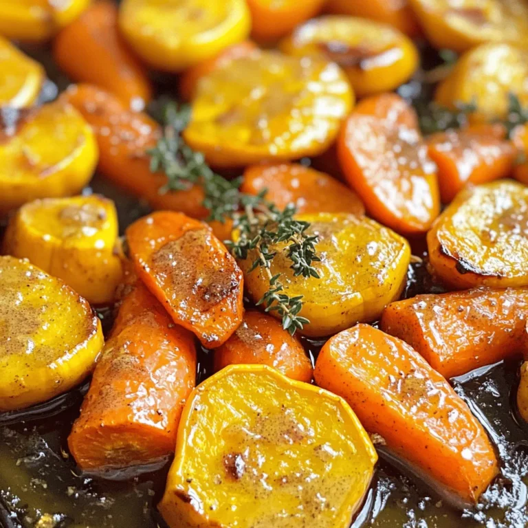 - 4 medium carrots - 2 cups butternut squash - 3 tablespoons honey - 2 tablespoons olive oil - 1 teaspoon ground cinnamon - 1/2 teaspoon nutmeg - Salt and pepper to taste - Fresh thyme or parsley for garnish Gathering the right ingredients is key to making tasty honey roasted carrots and squash. I love using fresh carrots and butternut squash for the best flavor. The honey adds a sweet touch that balances the spices. Olive oil helps the veggies roast nicely. Salt and pepper enhance the taste. Ground cinnamon and nutmeg bring warmth and depth. Always taste and adjust the seasonings to match your liking. For garnish, I like fresh thyme or parsley for a pop of color and flavor. - Other vegetables to include (e.g., sweet potatoes, parsnips) - Alternative sweeteners (e.g., maple syrup) - Additional herbs and spices (e.g., ginger, rosemary) Feel free to get creative! You can add sweet potatoes or parsnips for more variety. If you want a different sweet flavor, try maple syrup instead of honey. Adding ginger or rosemary can also change the taste and make it unique. These options let you make this dish your own. For the full recipe, check the section above. Enjoy cooking! 1. Preheat the oven First, set your oven to 400°F (200°C). This heat will help caramelize the veggies. 2. Prepare the carrots and butternut squash Peel your carrots and cut them into sticks. Then, peel and dice the butternut squash into small cubes. The size helps them cook evenly. 1. Combining honey, olive oil, and spices In a large bowl, mix three tablespoons of honey and two tablespoons of olive oil. Add one teaspoon of ground cinnamon and half a teaspoon of nutmeg. 2. Coating the vegetables for roasting Place the carrot sticks and butternut squash in the bowl. Toss everything well to coat the veggies in the honey and spices. Make sure every piece gets covered. 1. Spacing vegetables on a baking sheet Get a baking sheet and line it with parchment paper. Spread the coated carrots and squash evenly on the sheet. This spacing helps them roast well. 2. Roasting temperature and time Roast the vegetables in your preheated oven for 25 to 30 minutes. Stir them halfway through. This step ensures even roasting. When done, they should be tender and caramelized. Enjoy the sweet, warm flavors of your honey roasted carrots and squash! For the full recipe, refer to the earlier section. To get those carrots and squash just right, check for doneness by poking them with a fork. They should feel tender but not mushy. Look for a nice, golden-brown color. That’s when you know they are perfectly roasted. For great caramelization, make sure to space the vegetables well on the baking sheet. If they are too crowded, they will steam instead of roast. Stir them halfway through cooking to help them brown evenly. Mushy vegetables can ruin your dish. To avoid this, cut your carrots and squash into similar sizes. This helps them cook at the same rate. If you find they are still too soft, try roasting them at a higher temperature next time. If some pieces are browning more than others, make sure to spread them out more on the pan. You can also rotate the pan halfway through for even cooking. Honey roasted carrots and squash pair well with many side dishes. Try serving them with a simple green salad or grilled chicken. They also make a great side for holiday meals. This dish shines on the dinner table during special occasions like Thanksgiving or family gatherings. For a fun twist, serve them on a bed of quinoa or rice to add some texture and flavor. For the full recipe, check the details above. {{image_2}} You can make this dish even more fun by adding different spices. Try using smoked paprika for a hint of smokiness. If you want a warm kick, sprinkle in some cayenne. You can also add citrus flavors. A little orange zest brightens the dish. It adds fresh notes that balance the sweetness of honey. Feel free to swap out the squash. Acorn or kabocha squash work well too. Each type will give a unique taste and texture. If you want to make this dish vegan, switch the honey for maple syrup. It still gives a sweet touch without using animal products. Use seasonal vegetables to keep your dish fresh. In spring, baby carrots are sweet and tender. They are perfect for roasting. For the holidays, you can add Brussels sprouts or even parsnips. They add a festive touch while keeping the dish colorful. You can find the full recipe for honey roasted carrots and squash [here](#). After enjoying your honey roasted carrots and squash, you may have some leftovers. To keep them fresh, store them in the fridge. Place the cooled vegetables in an airtight container. This helps prevent moisture loss. You can use glass or plastic containers. Just make sure they seal well. Leftovers can last for about three to five days in the fridge. When you want to enjoy your leftovers, reheating is key. To keep the texture nice, use the oven. Preheat your oven to 350°F (175°C). Spread the carrots and squash on a baking sheet. Heat them for about 10-15 minutes, stirring once. This helps them get warm and stay crispy. If you use the microwave, heat in short bursts. This way, you avoid mushy veggies. You can also freeze honey roasted carrots and squash. To do this, let them cool completely. Then, place them in a freezer-safe bag or container. Remove as much air as you can. This helps prevent freezer burn. They can stay frozen for up to three months. When you're ready to eat, thaw them in the fridge overnight. Reheat as mentioned above for best results. Now you can enjoy this dish any time! What can I serve with honey roasted carrots and squash? Honey roasted carrots and squash pair well with many dishes. You can serve them with: - Grilled chicken - Roast beef - Baked fish - Quinoa or rice dishes These choices add protein and make a complete meal. Can I make this recipe ahead of time? Yes, you can prepare honey roasted carrots and squash ahead of time. Roast them and store in the fridge. Reheat just before serving. This keeps the flavors intact and saves time. Calories and serving size One serving of honey roasted carrots and squash has about 150 calories. This is a healthy side dish that fills you up without too many calories. Key nutrients in the recipe These colorful vegetables pack a punch in nutrition. They offer: - Vitamin A from carrots - Vitamin C from squash - Fiber for digestion This dish is not only tasty but also good for you. How to adjust quantities for a larger crowd To serve more people, simply double the recipe. Use 8 carrots and 4 cups of squash. You can adjust the honey and spices accordingly. Tips for halving the recipe without losing flavor If you want to make less, halve the ingredients. Use 2 medium carrots and 1 cup of squash. Keep the spices and honey the same. This ensures the flavor stays rich and sweet. For the Full Recipe, check back to the earlier section. This recipe for honey roasted carrots and squash is easy to make and delicious. You learned the key ingredients and steps to prepare it right. I shared tips for perfect roasting and serving it well. You can try different spices or veggies to suit your taste. Whether for a family meal or a special occasion, this dish shines. Enjoy your sweet, savory creation and share it with friends!