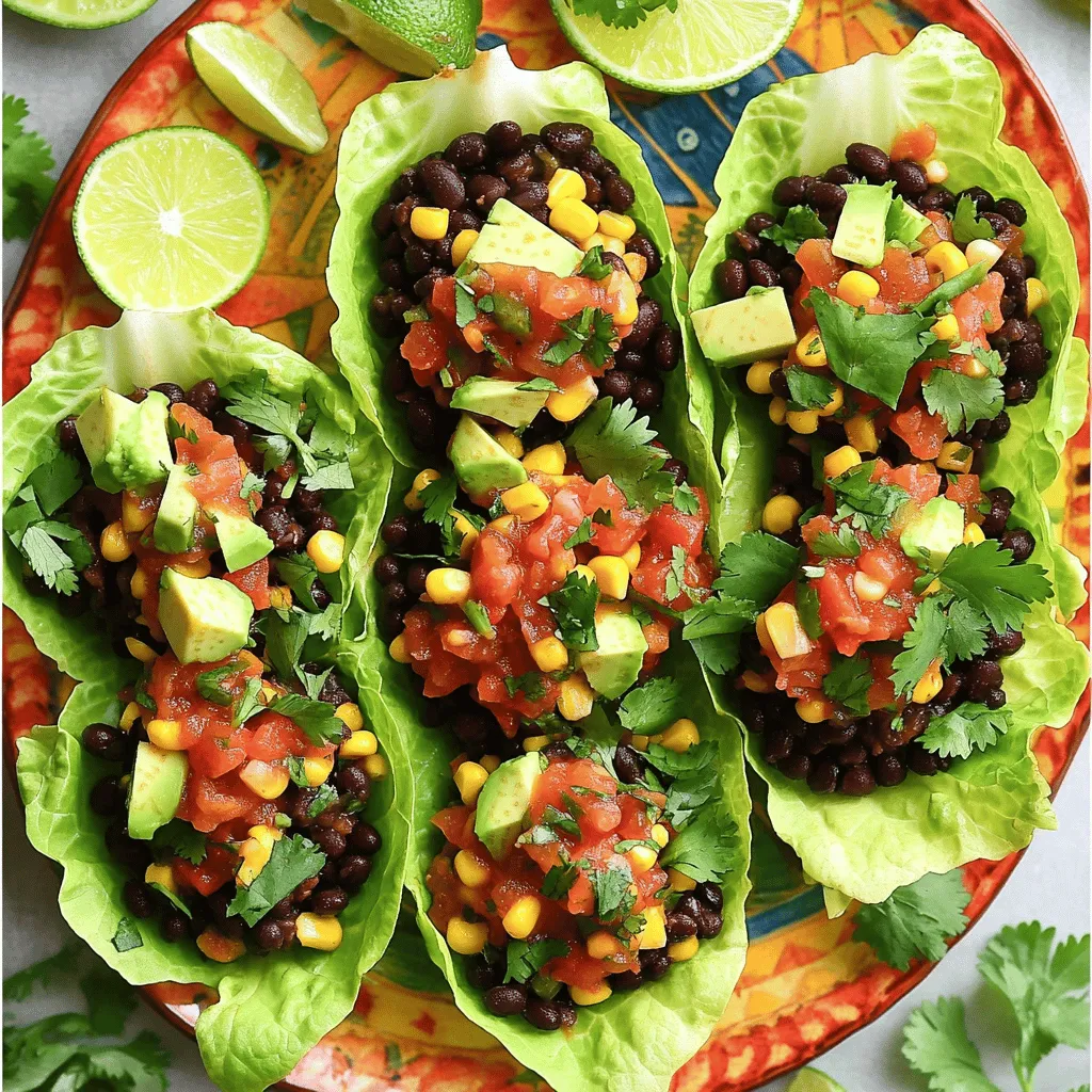 To create these Vegan Taco Lettuce Wraps, gather the following ingredients: - Lettuce Options: Butter or Iceberg - Main Fillings: Black Beans, Corn, Bell Pepper, Onion, Garlic - Seasonings: Cumin, Chili Powder, Salt, and Pepper - Toppings: Avocado, Salsa, Cilantro, Lime Wedges You can choose either butter lettuce or iceberg lettuce for your wraps. I prefer butter lettuce for its soft texture. Next, black beans give your tacos protein and fiber. Corn adds sweetness and crunch. The bell pepper and onion bring color and flavor. Garlic adds a nice kick. For seasoning, cumin and chili powder give it that taco flair. Salt and pepper enhance all the flavors. For toppings, avocado adds creaminess. Salsa brings moisture and spice. Fresh cilantro adds brightness. Lime wedges give a zesty finish. Check out the Full Recipe for exact amounts and cooking steps. Each ingredient plays a key role in making these wraps fresh and delicious! Sautéing the Aromatics Start by heating olive oil in a large skillet over medium heat. Add the chopped red onion and minced garlic to the pan. Sauté these for about 3 to 4 minutes. You want the onion to turn translucent. This step adds a nice base flavor to our dish. Combining the Main Fillings Next, stir in the diced red bell pepper. Cook it for another 2 to 3 minutes until it softens. After that, add the black beans and corn. Sprinkle in the cumin, chili powder, salt, and pepper. Mix everything well and let it cook for 5 to 7 minutes. This allows all the flavors to blend nicely. Preparing the Lettuce Leaves While the filling cooks, take your head of butter lettuce or iceberg lettuce. Carefully separate the leaves and rinse them under cold water. Pat them dry with a towel. These leaves will be your taco shells, so make sure they are intact and ready to hold all the yummy fillings. Filling the Lettuce Leaves Now it’s time to assemble! Take a lettuce leaf and place a generous spoonful of the bean and corn mixture in the center. This is where all the magic happens. Adding Toppings Next, top your filling with diced avocado, a spoonful of salsa, and chopped cilantro. These toppings add fresh flavors and a nice crunch. Final Touches with Lime Juice Finally, squeeze fresh lime juice over the top of your wraps. This adds a zesty kick that brightens everything up. Enjoy your Vegan Taco Lettuce Wraps! You can find the full recipe in our recipe section for a detailed guide. How to Perfectly Sauté Vegetables To sauté vegetables well, heat your skillet over medium heat. Add olive oil and let it warm. Start with onions and garlic. Cook them until the onions are soft and clear. This takes about three to four minutes. Then add bell peppers. Stir them for two to three minutes. They should become tender but still bright. This method keeps flavors fresh and vivid. Choosing the Right Seasoning Balance A good balance of spices makes your dish shine. Use cumin and chili powder for a warm flavor. Start with one teaspoon of each. You can always add more later. Don’t forget salt and pepper to taste. They enhance all the other flavors. Taste your filling before serving. Adjust the spices if needed for a perfect blend. Arranging on a Platter Your dish should look as good as it tastes. Place the filled lettuce wraps on a bright platter. Arrange them in a circle for a fun look. This draws the eye and makes it inviting. Add lime wedges around the wraps for color. This makes the dish pop and adds a fresh touch. Garnishing Ideas Garnishes add a special touch to your meal. Sprinkle chopped cilantro on top of each wrap. It gives a fresh flavor and looks pretty. You can also add slices of avocado for richness. A drizzle of extra salsa on top can add a burst of color. These small details make your meal feel gourmet. For the full recipe, check the main section. {{image_2}} You can easily change the protein in your vegan taco lettuce wraps. Adding tofu or tempeh brings in new flavors and textures. - Adding Tofu or Tempeh: Dice firm tofu or tempeh into small pieces. Sauté them with the onions and garlic until golden brown. This adds a hearty bite to your tacos. - Using Quinoa for Added Texture: Quinoa is another great option. Cook it separately and mix it with the black beans. It gives a nice crunch and boosts protein. Changing up the flavors can make your wraps even better. Here are two fun ways to spice them up. - Spicing It Up: Adding Jalapeños: If you like heat, add diced jalapeños. Mix them in with the onions for a fiery kick. They brighten the dish and add zing. - Trying Different Salsas: Salsa is key to flavor. Experiment with different types like mango salsa or corn salsa. Each option brings a unique twist to your taco wraps. Feel free to mix and match these ideas. You can create endless combinations that suit your taste! For the complete vegan taco lettuce wraps recipe, check out the Full Recipe above. To keep your Vegan Taco Lettuce Wraps fresh, follow these tips: - Best Practices for Refrigeration: Place the filling in the fridge right after serving. Let it cool to room temperature first. This helps keep flavors intact and stops the growth of bacteria. - Recommended Containers: Use airtight containers to store the filling. A glass container works best. For the lettuce, wrap it in a damp paper towel to keep it crisp. Then place it in a plastic bag or container. - Methods for Reheating the Filling: The filling can be reheated in a skillet over low heat. Stir it often to warm it through. You may also use a microwave. Heat in short bursts, stirring in between. This keeps the texture nice. - Best Way to Preserve Lettuce Freshness: To keep the lettuce fresh, only fill the leaves when you are ready to eat. If you have leftover filling, store it separately from the lettuce. This prevents soggy wraps. For more detailed steps, check out the Full Recipe. Can I make Vegan Taco Lettuce Wraps ahead of time? Yes, you can prepare the filling ahead. Cook the beans, corn, and spices. Store it in an airtight container in the fridge. When you are ready to eat, simply reheat and assemble the wraps. The lettuce leaves should stay fresh if you keep them separate until serving. What are the best types of lettuce for taco wraps? I recommend using butter lettuce or iceberg lettuce. Both types have sturdy leaves that hold the filling well. Butter lettuce is softer and adds a nice flavor, while iceberg is crisp and refreshing. Choose what you like best! How long do the leftovers last in the fridge? Leftover filling lasts about three to four days in the fridge. Make sure to store it in a sealed container. The lettuce, however, is best eaten fresh. Health Benefits of Ingredients Vegan Taco Lettuce Wraps are packed with nutrients. Black beans provide protein and fiber, while corn adds vitamins and minerals. Bell peppers and onions offer antioxidants. Avocado gives healthy fats, and salsa adds flavor with fewer calories. Calorie Count per Serving Each serving of Vegan Taco Lettuce Wraps has around 200-250 calories. This number may vary based on toppings and portion sizes. You can enjoy this meal without guilt! For the full recipe, check out the Vegan Taco Lettuce Wraps recipe section. In this article, we explored delicious vegan taco lettuce wraps. We covered ingredients like lettuce, black beans, and spices. You learned how to sauté vegetables and assemble tasty wraps with fresh toppings. We shared tips for perfect cooking and presentation, plus variations for added protein and flavor. Remember to store your leftovers properly for the best taste. These wraps are healthy, fun, and easy to make. Enjoy your cooking adventure with this healthy treat!