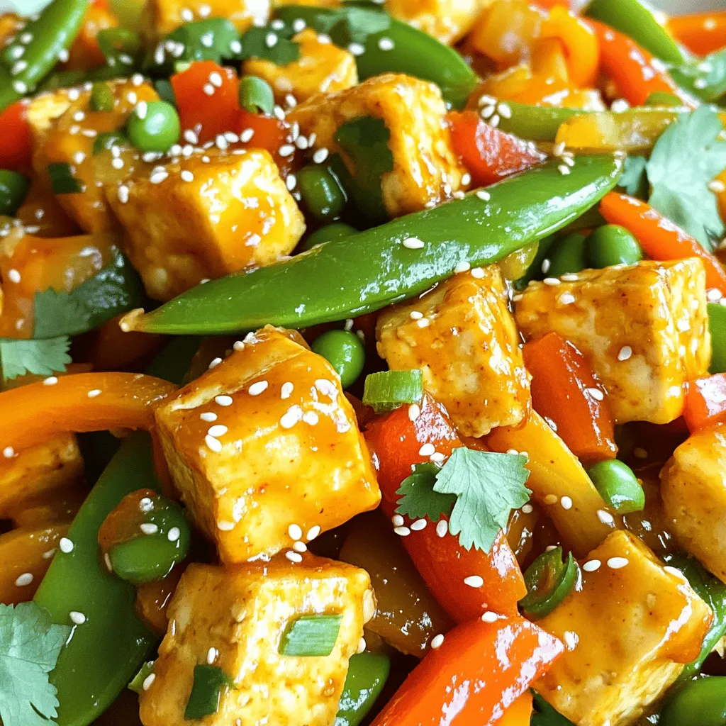 - Firm tofu - Sweet chili sauce - Fresh vegetables To make a tasty Sweet Chili Tofu Stir Fry, you need a few key ingredients. The main star is firm tofu, which gives a great texture. You will also use sweet chili sauce for a burst of flavor. Fresh vegetables add crunch and color to your dish. Choose vibrant options like bell peppers and snap peas for the best results. - Sesame seeds - Fresh cilantro For a finishing touch, use sesame seeds and fresh cilantro. These optional garnishes add a nice look and extra flavor. They make your dish pop and look more inviting. You can find the full recipe with all details to guide you through the cooking process. First, you need to press the tofu. This step removes extra moisture. Lay the tofu on a plate. Place a towel on top and add something heavy, like a pan. Let it sit for at least 15 minutes. After pressing, cut the tofu into 1-inch cubes. Next, toss the cubes in cornstarch. This coating helps the tofu become crispy when cooked. Now it’s time to heat the oil. Pour 2 tablespoons of vegetable oil into a large non-stick skillet or wok. Turn the heat to medium-high. Once the oil is hot, add the tofu cubes in a single layer. Cook them for about 5 minutes on each side. Look for a golden color and crispy texture. Once done, remove the tofu from the pan and set it aside. In the same skillet, add your fresh vegetables. Use sliced red and yellow bell peppers, snap peas, julienned carrot, and chopped green onions. Stir-fry these veggies for about 4 to 5 minutes. You want them tender but still crisp. After that, add the minced garlic and ginger. Stir for about 1 minute until you smell their fragrant aroma. Return the crispy tofu to the pan. Pour in the sweet chili sauce and soy sauce. Mix everything gently to coat the tofu and veggies evenly. Let it cook for another 2 to 3 minutes until everything is heated through. Drizzle sesame oil over the stir fry, and season with salt and pepper to taste. Give it one last stir to combine. For the complete recipe, check the [Full Recipe]. To avoid soggy tofu, press it well. Place the block between two plates. Add weight on top. This helps drain excess moisture. Aim for at least 15 minutes. After pressing, cut the tofu into 1-inch cubes. For cornstarch, use it lightly. Toss the tofu cubes in a bowl with cornstarch. Ensure even coating. This creates a crispy crust when frying. It makes a big difference in texture. To add more flavor, consider spices. Garlic powder or onion powder works great. You can also try red pepper flakes for extra heat. Adjust sweetness by adding more sweet chili sauce. If you like it spicier, add hot sauce. Taste as you cook. This helps you find the right balance of flavors. For ideal accompaniments, serve your stir fry with rice or noodles. They soak up the sauce well. You can use jasmine rice or even quinoa for a twist. For presentation, use a large bowl. Garnish with sesame seeds and fresh cilantro. This adds color and freshness. A pop of color makes the dish more inviting. Remember, we eat with our eyes first! For the full recipe, check out the complete guide. {{image_2}} You can change up the veggies in your stir fry. Use what you have on hand. For a twist, try: - Broccoli florets - Zucchini slices - Mushrooms - Baby corn Seasonal veggies work great too. In spring, add fresh asparagus. In the fall, mix in squash. This keeps the dish fresh and exciting. If you want a different protein, chicken or shrimp can work well. Cook them until golden, just like the tofu. You can also try tempeh for a vegan option. It has a nice texture, too. Need gluten-free? Switch soy sauce for tamari. It tastes great and fits your needs. For low-carb, skip the carrots and use more greens. You can add leafy vegetables like spinach or bok choy for extra nutrition. For a full recipe, check out the Sweet Chili Tofu Stir Fry! To keep your Sweet Chili Tofu Stir Fry fresh, store leftovers in the fridge. Use an airtight container to prevent moisture loss. This way, your dish stays tasty for up to three days. Make sure to cool the stir fry before sealing it in. When reheating, focus on keeping the tofu crispy. The stovetop method works best. Heat a pan over medium heat, add a splash of oil, and stir the tofu gently until warm. If you use a microwave, heat it in short bursts. This helps avoid soggy tofu. You can freeze the stir fry, but tofu's texture may change. Place it in a freezer-safe container after cooling. It lasts for about three months. When ready to eat, thaw it overnight in the fridge. Reheat using the stovetop for the best texture. You can store Sweet Chili Tofu Stir Fry in the fridge for up to four days. Keep it in an airtight container to maintain freshness. The tofu may lose some crispness over time, but the flavor remains great. Yes, you can make this recipe ahead of time. To prepare, cook the tofu and vegetables as directed. Allow the stir fry to cool before storing it in the fridge. You can reheat it when ready to eat. This makes it easy for meal prep. I love serving Sweet Chili Tofu Stir Fry with rice or noodles. You can also pair it with: - Jasmine rice - Brown rice - Quinoa - Rice noodles These sides complement the stir fry's sweet and savory flavors well. Sweet Chili Tofu Stir Fry has a mild heat level. The sweet chili sauce adds more sweetness than spice. If you want to adjust the heat, consider these tips: - Add red pepper flakes for extra spice. - Use a spicy chili sauce instead of sweet. - Serve with fresh sliced chili on the side. Feel free to adjust the spice to your liking! For the full recipe, check out the details above. Sweet Chili Tofu Stir Fry combines firm tofu, fresh veggies, and a tasty sauce. You learned how to prepare, cook, and season the dish perfectly. Remember to press the tofu and add your favorite spices for flavor. Use the tips to make this meal your own. Customize with different veggies or proteins. Store leftovers wisely and enjoy them later. With this guide, you're all set to make a delicious stir fry that suits your taste and needs.