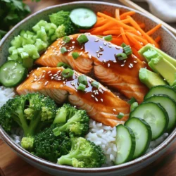 - 2 salmon fillets - 1/4 cup soy sauce (low sodium) - 2 tablespoons honey - 1 tablespoon sesame oil - 1 tablespoon rice vinegar - 1 teaspoon grated ginger - 1 teaspoon minced garlic - 2 cups cooked jasmine rice - 1 cup steamed broccoli florets - 1 carrot, julienned - 1/2 cucumber, thinly sliced - 1 avocado, sliced - 2 green onions, chopped - Sesame seeds for garnish The main ingredients in teriyaki salmon bowls include salmon fillets, soy sauce, and honey. The salmon gives the bowl its rich taste. The soy sauce adds saltiness, while the honey provides a nice sweetness. Together, they create a tasty teriyaki marinade. You also need jasmine rice, which gives a soft base. Fresh vegetables like broccoli, carrot, cucumber, and avocado add crunch and color. - Variations in vegetables - Alternative garnishes Feel free to mix up the vegetables. You can use bell peppers or snap peas for a twist. Try adding radishes or bok choy for extra fun. You can also switch up the garnishes. Instead of green onions, use cilantro or parsley. For a spicy kick, add sliced jalapeños. - Kitchen tools needed - Storage for ingredients For this dish, you need a few basic kitchen tools. A mixing bowl works for the marinade. A baking sheet lined with parchment paper helps cook the salmon easily. Use a saucepan to thicken the teriyaki sauce. When you have leftovers, store them in airtight containers. This keeps the salmon and veggies fresh. You can keep them in the fridge for about three days. If you need to store them longer, freeze the salmon and rice in separate containers. This way, they stay tasty for up to three months. You can find the full recipe for teriyaki salmon bowls in this article. To make the teriyaki marinade, mix these ingredients in a bowl: - 1/4 cup soy sauce - 2 tablespoons honey - 1 tablespoon sesame oil - 1 tablespoon rice vinegar - 1 teaspoon grated ginger - 1 teaspoon minced garlic Whisk them together until smooth. This marinade gives the salmon its sweet and savory taste. Place the salmon fillets in a shallow dish. Pour the marinade over them, ensuring they are well coated. Let the salmon marinate for at least 30 minutes in the refrigerator. This time helps the flavors soak in. Preheat your oven to 400°F (200°C). Line a baking sheet with parchment paper. This helps with easy cleanup. After marinating, take the salmon out. Reserve the marinade for later. Place the salmon on the baking sheet. Bake the salmon for 12-15 minutes. It should be cooked through and flake easily with a fork. For perfect texture, avoid overcooking. The salmon should remain moist inside. Start with a base of cooked jasmine rice in each bowl. This rice adds a nice touch to the meal. Next, layer in the vegetables: add steamed broccoli, julienned carrot, cucumber slices, and avocado slices. Place the baked salmon on top of the veggies. Now, drizzle the thickened teriyaki sauce over everything. For the final touch, garnish with chopped green onions and a sprinkle of sesame seeds. This adds a nice flavor and looks great too. Enjoy your Teriyaki Salmon Bowls! You can find the Full Recipe for more details. To get the best flavor from your teriyaki salmon, marinating is key. Use the teriyaki marinade from the recipe. Mix soy sauce, honey, sesame oil, rice vinegar, ginger, and garlic well. I suggest marinating the salmon for 30 minutes. This gives the fish time to soak up all the good flavors. When combining ingredients, layer them smartly in your bowl. Start with the rice at the bottom. This keeps the salmon and veggies from making the rice soggy. Place the salmon on top, then add the steamed broccoli, julienned carrot, cucumber, and avocado. Finally, drizzle your thickened sauce over everything. It’s all about balance and fresh taste! Baking and grilling both work well for salmon. Baking is easier and keeps the fish moist. Preheat your oven to 400°F (200°C). Bake for 12-15 minutes until the salmon flakes easily. If you grill, be careful with the heat. Grill for about 4-5 minutes on each side. Keep an eye on it to avoid burning. No matter how you cook, check for doneness. Salmon should be opaque and flake easily with a fork. Pair your teriyaki salmon bowl with tasty sides. Steamed veggies work great. You can also serve with a crisp salad for extra crunch. For presentation, use a deep bowl. This makes it look colorful and appetizing. Arrange the ingredients neatly. Use chopsticks or a fork for a fun touch. Sprinkle sesame seeds on top for a nice finish. {{image_2}} If you want to switch it up, there are many substitutes for salmon. You can use chicken breast, shrimp, or even tofu. Each protein brings its own flavor and texture to the dish. - Chicken breast cooks quickly and absorbs the teriyaki flavor well. - Shrimp cooks fast and adds a nice seafood twist. - Tofu is a great plant-based option. It soaks up the marinade well and gives a nice texture. For plant-based options, try using tempeh or chickpeas. Both can be marinated just like salmon. They add protein and a unique taste to your bowls. To enhance the taste of your teriyaki salmon bowls, consider adding spices and herbs. Fresh herbs like cilantro or basil can brighten up the dish. You can also try adding a pinch of red pepper flakes for heat. You can create unique sauce variations too. For a spicy kick, mix in sriracha. If you want a sweeter sauce, add a bit more honey or even some orange juice. This will give you a twist on the classic teriyaki flavor. While jasmine rice is delicious, you can use other grains for your bowls. Brown rice is a great option. It has a nuttier flavor and more fiber. You might also enjoy using sushi rice for a stickier texture. Another fun idea is to incorporate quinoa. It is packed with protein and has a light, fluffy texture. If you want a low-carb choice, try cauliflower rice. It has a mild taste and pairs perfectly with the savory salmon and fresh veggies. These variations let you mix and match flavors and ingredients for a fun meal prep experience. Check out the Full Recipe for more ideas! To keep your teriyaki salmon bowls fresh, store leftovers in an airtight container. Refrigerate the bowl for up to three days. This keeps the salmon and veggies safe to eat. If you want to save them longer, freeze the salmon and veggies separately. Wrap them tightly in plastic wrap before placing them in a freezer bag. They can last up to three months in the freezer. To reheat your teriyaki salmon bowls, use the oven or microwave. The oven keeps the salmon crispy. Preheat it to 350°F (175°C) and warm the bowl for about 10–15 minutes. If you use the microwave, heat in short bursts. This way, you prevent overcooking. Add a splash of water to the bowl. It helps keep the rice moist and fluffy. Teriyaki salmon bowls last about three days in the fridge. Look for signs of spoilage like a sour smell or discolored salmon. If you see any mold, toss it out immediately. Eating spoiled food can lead to illness, so always check before enjoying leftovers. Making teriyaki sauce is easy. You only need a few simple ingredients. Here’s the recipe: - 1/4 cup soy sauce (low sodium) - 2 tablespoons honey - 1 tablespoon sesame oil - 1 tablespoon rice vinegar - 1 teaspoon grated ginger - 1 teaspoon minced garlic 1. In a bowl, mix the soy sauce, honey, sesame oil, rice vinegar, ginger, and garlic. 2. Whisk it all together until smooth. This sauce is sweet, salty, and full of flavor. Use it for marinating salmon or as a glaze when cooking. Yes, you can prepare these bowls ahead of time. Here are some tips: - Cook the salmon: Bake the salmon ahead of time. Store it in the fridge for up to three days. - Make the rice: Cook the jasmine rice and let it cool. Store it in an airtight container. - Chop the veggies: Slice the cucumber and julienne the carrot in advance. Keep them in the fridge. When you’re ready to eat, just heat the salmon and rice. Add the veggies and sauce to serve. Teriyaki salmon bowls are nutritious. Here’s a quick breakdown: - Calories: About 600 per serving - Protein: Salmon provides about 40 grams. - Carbs: Jasmine rice has around 60 grams. - Fat: Healthy fats come from salmon and avocado, about 25 grams total. These bowls offer a good mix of protein, healthy fats, and carbohydrates. They are great for a balanced meal. Enjoy this meal with the full recipe for a delightful experience! You learned how to make delicious teriyaki salmon bowls. We covered the key ingredients like salmon and sauces. You saw step-by-step guides for marinating and baking. I shared tips for flavor and cooking techniques. You explored variations for proteins and bowl bases. Lastly, we discussed storage and reheating methods. Now, you can create your own tasty bowls at home. Experiment with different flavors and ingredients. Enjoy these meals and share them with family and friends. Happy cooking!