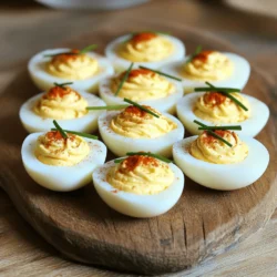 - 6 large eggs - ¼ cup mayonnaise - 1 teaspoon Dijon mustard - 1 teaspoon apple cider vinegar - ¼ teaspoon smoked paprika - Salt and pepper to taste - 2 tablespoons fresh chives, finely chopped - 1 tablespoon pickles, finely diced (optional) For the best deviled eggs, I use fresh ingredients. Start with six large eggs. The eggs should not be too fresh. Slightly older eggs peel easier. Next, you'll need a quarter cup of mayonnaise. This gives the filling a creamy texture. One teaspoon of Dijon mustard adds a nice tangy flavor. The apple cider vinegar, one teaspoon, brightens it all up. I like to add a quarter teaspoon of smoked paprika for depth. Don't forget salt and pepper to taste. For some freshness, I chop two tablespoons of chives. If you want a crunch, add one tablespoon of finely diced pickles; this is optional. These ingredients combine well to create a classic taste. They make deviled eggs delightful and easy to enjoy. For the complete steps on making these eggs, check the Full Recipe. To boil the eggs for perfect texture, start with a saucepan. Place six large eggs in the pan and cover them with water. Bring the water to a boil over medium-high heat. Once it boils, remove the pan from the heat and cover it. Let the eggs sit for 12 minutes. This method cooks the eggs evenly. To cool the eggs quickly, transfer them to a bowl filled with ice water. Let them chill for at least 5 minutes. This quick cooling helps make peeling easier. Next, slice each egg in half lengthwise. Carefully remove the yolks and place them in a mixing bowl. This is where the magic happens. Add ¼ cup mayonnaise, 1 teaspoon Dijon mustard, 1 teaspoon apple cider vinegar, and ¼ teaspoon smoked paprika to the yolks. Season with salt and pepper to taste. Mash everything together until smooth and creamy. For added texture, fold in 1 tablespoon of finely diced pickles if you like a crunch. This gives your filling a nice twist. Now it's time to fill the egg whites. You can spoon the yolk mixture back in, or for a nicer look, use a piping bag. This makes your deviled eggs look fancy. To finish, sprinkle the eggs with 2 tablespoons of fresh chives and a light dusting of smoked paprika. This adds color and flavor, making your deviled eggs delightful and beautiful. To get a creamier texture, swap out some mayonnaise for Greek yogurt. This change adds a nice tang and keeps it light. You can also try adding a spoonful of sour cream for extra richness. Avoid these common mistakes: - Boiling eggs too long can lead to a greenish yolk. Stick to 12 minutes. - Not cooling the eggs fast enough makes peeling hard. Ice water is key. - Overmixing the yolk mixture can make it too runny. Mix just until smooth. Spices can elevate your deviled eggs. Try adding a pinch of cayenne for heat. A dash of curry powder brings a unique twist. Always season to taste. Start with salt and pepper, then adjust the flavors. Remember, tasting as you go is crucial for a balanced dish. {{image_2}} One way to spice up your classic deviled eggs is to add crispy bacon bits. The salty crunch of bacon gives a nice contrast to the creamy filling. Just cook the bacon until it's crispy, then chop it into small pieces. Mix it right into the yolk mixture or sprinkle it on top for a fun garnish. Another exciting twist is to make spicy sriracha deviled eggs. Simply add a dash of sriracha to the yolk mixture for some heat. This addition will wake up your taste buds. You can adjust the amount based on how spicy you want it. Don't forget to taste as you go! If you are looking for vegan options, you can swap out mayonnaise for a plant-based alternative. Many brands offer vegan mayo that tastes great. You can also use mashed avocado for a creamy texture. This will add a fresh flavor while keeping the dish vegan. For those who need gluten-free options, deviled eggs are naturally gluten-free. Just ensure any added ingredients, like certain mustards or seasonings, are also gluten-free. Check the labels to be safe. This way, everyone can enjoy your delicious deviled eggs without worry. For the Full Recipe, check out Divine Deviled Eggs 🥚! To keep your deviled eggs fresh, store them in the fridge. Place them in an airtight container. This helps prevent drying out. If you cover the eggs with plastic wrap, it works too. Make sure the eggs stay chilled below 40°F (4°C) to keep them safe. Deviled eggs stay fresh for about 2 to 3 days. After this, they may lose their taste and texture. Always check for any off smell or change in color before eating. When in doubt, throw them out. You can serve deviled eggs cold or at room temperature. If you serve them cold, they taste crisp and refreshing. For room temperature, set them out for about 30 minutes before serving. If you want to enhance the flavor after reheating, try adding a sprinkle of fresh herbs. A bit of extra paprika can also boost taste. If you prefer a warm twist, pop them in the oven at a low heat for a few minutes. This can give a new take on classic deviled eggs. For the full recipe, check out Divine Deviled Eggs 🥚. To keep your deviled eggs looking fresh, cover them tightly. Use plastic wrap or a lid. You can also add a dash of lemon juice to the filling. This helps prevent browning. Serve them cold to keep their bright color. Yes, you can make deviled eggs ahead of time. Prepare the filling and store it in the fridge. Keep the egg whites separate until you are ready to serve. This keeps everything fresh and tasty. They will stay good for up to two days. Peeling hard-boiled eggs can be tricky. I find that peeling them under running water helps. Start by tapping the egg on a hard surface. Then, roll it gently to crack the shell. Doing this under water makes it easier to remove the shell. You can find the Full Recipe for Divine Deviled Eggs 🥚 in this article. This recipe will guide you step-by-step to create perfect deviled eggs. You now have all the tools to make perfect deviled eggs. We covered the key ingredients and how to prepare them. You learned tips to enhance flavor and avoid common mistakes. With the variations provided, you can customize your deviled eggs for any taste. Remember to store them properly for freshness. Enjoy your tasty creations at your next gathering!