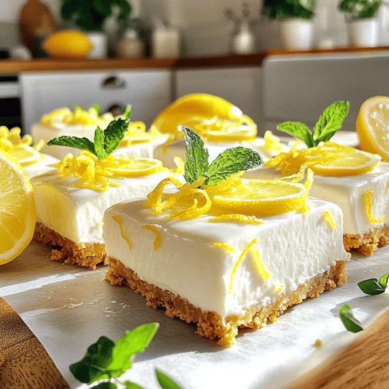 To make these no-bake lemon cheesecake bars, gather these items: - 1 ½ cups graham cracker crumbs - ½ cup unsalted butter, melted - 2 tablespoons sugar - 16 oz cream cheese, softened - 1 cup powdered sugar - 1 teaspoon vanilla extract - 2 teaspoons lemon zest - ⅓ cup fresh lemon juice - 1 cup heavy whipping cream - Lemon slices and mint leaves for garnish When measuring ingredients, use dry measuring cups for solids. Pack the graham cracker crumbs lightly. For butter, melt it and then let it cool slightly before mixing. Use a liquid measuring cup for lemon juice. Make sure to zest your lemon before juicing it for easy measurement. If you lack graham cracker crumbs, try crushed cookies or oats. For a dairy-free option, use vegan cream cheese. Coconut cream can replace heavy whipping cream for a dairy-free twist. If fresh lemons are out, bottled lemon juice works, but fresh adds more flavor. First, gather your ingredients for the crust. You need graham cracker crumbs, melted butter, and sugar. In a mixing bowl, combine 1 ½ cups of graham cracker crumbs, ½ cup of melted unsalted butter, and 2 tablespoons of sugar. Mix them well until the crumbs look like wet sand. This mixture should stick together when you press it. Next, take a greased 9x9-inch baking dish. Press the crumb mixture firmly into the bottom. Use the back of a measuring cup to make it even. Now it’s time to make the cheesecake filling. In a large bowl, beat 16 oz of softened cream cheese, 1 cup of powdered sugar, and 1 teaspoon of vanilla extract. Mix until it is smooth and creamy. Then, add in 2 teaspoons of lemon zest and ⅓ cup of fresh lemon juice. Stir until everything is mixed well. In another bowl, whip 1 cup of heavy whipping cream until stiff peaks form. Gently fold this whipped cream into the cream cheese mixture. Be careful not to deflate the whipped cream. Once mixed, pour the filling over the crust and spread it evenly. Cover the baking dish with plastic wrap. Refrigerate it for at least 4-6 hours or until the cheesecake is set. Once set, cut the bars into squares. Serve them chilled. For a nice touch, garnish each bar with lemon slices and mint leaves. This will make your no-bake lemon cheesecake bars look extra special. Enjoy your refreshing summer treat! For the detailed recipe, check the Full Recipe. To get the best texture for your no-bake lemon cheesecake bars, focus on the cream cheese. Make sure it is softened well. If it's too cold, it will stay lumpy. Beat the cream cheese until it is smooth and creamy. This step is key for a nice, silky filling. When you fold in the whipped cream, do it gently. This keeps the mixture light and fluffy. The whipped cream adds air and makes it soft. If your cheesecake bars are too soft, it might be from not chilling long enough. Always chill for at least 4-6 hours. If they are too firm, you may have whipped the cream too much. This can make the bars dense. Another common issue is a crumbly crust. If your crust falls apart, add a bit more melted butter. This helps it stick together better. Garnishing makes your cheesecake bars look pretty and adds flavor. Use fresh lemon slices on top. They add a pop of color and zest. Mint leaves are also a nice touch. They give a fresh look and taste. You can even drizzle some honey or lemon glaze over the top. This adds shine and makes the bars more inviting. For an extra layer of flavor, sprinkle some zest on top before serving. For the complete recipe, check the Full Recipe section! {{image_2}} You can easily switch the lemon for other flavors. Try berries like strawberries or blueberries for a fresh twist. Just mash the berries and mix them into the filling. You can add a bit more sugar to balance the tartness. Raspberry cheesecake bars are also a crowd-pleaser. Use the same steps as the lemon, but swap in raspberry puree instead. If you need gluten-free options, use gluten-free graham crackers for the crust. You can also make the filling dairy-free. Substitute the cream cheese with a dairy-free option, like cashew cream. Coconut cream can replace heavy whipping cream. This keeps the creamy texture while being friendly for different diets. Toppings can elevate your cheesecake bars. Fresh fruits like strawberries, raspberries, or blueberries add color and flavor. A drizzle of chocolate sauce brings a nice touch, too. You can even add crushed nuts for crunch. Try mint leaves for a refreshing finish. These small details make your dessert look and taste even better. For a full recipe, check out the zesty no-bake lemon cheesecake bars. To keep your no-bake lemon cheesecake bars fresh, store them in the fridge. Place the bars in an airtight container. This prevents them from drying out or absorbing other smells. Make sure to cover them well with plastic wrap if you don’t have a container. This will help maintain their creamy texture. You can freeze these cheesecake bars for longer storage. First, cut them into bars. Wrap each bar in plastic wrap tightly. Then, place wrapped bars in a freezer-safe bag. This helps avoid freezer burn. They can stay in the freezer for up to three months. When ready to enjoy, move them to the fridge to thaw overnight. These lemon cheesecake bars last about a week in the fridge. If stored properly, they remain tasty and fresh. If you see any changes in smell or texture, it’s best to toss them. Always trust your senses. For optimal taste, enjoy them within the first few days. For the full recipe, visit the linked section above. Yes, you can make these cheesecake bars a day in advance. They taste even better after they chill. Just cover the dish with plastic wrap and place it in the fridge. This will help the flavors meld together. Making them ahead of time is a great way to save time on busy days or parties. No-bake cheesecakes can last up to five days in the fridge. Be sure to keep them covered. This helps prevent them from absorbing other odors. If you notice any changes in texture or smell, it’s best to toss them out. Always trust your senses for food safety. If you don't have heavy whipping cream, you can use whipped topping. Another option is to blend silken tofu with a bit of milk for a lighter choice. You can also use coconut cream for a dairy-free version. Each substitute will slightly change the flavor and texture, but they work well in this recipe. This blog post covered all you need for no-bake lemon cheesecake bars. We explored ingredients, measurements, and substitutes. You learned step-by-step instructions and gained tips to improve texture and fix problems. We even discussed tasty variations and smart storage methods. In the end, making these cheesecake bars is fun and easy. With practice, you’ll impress everyone with your desserts. Enjoy your time baking!