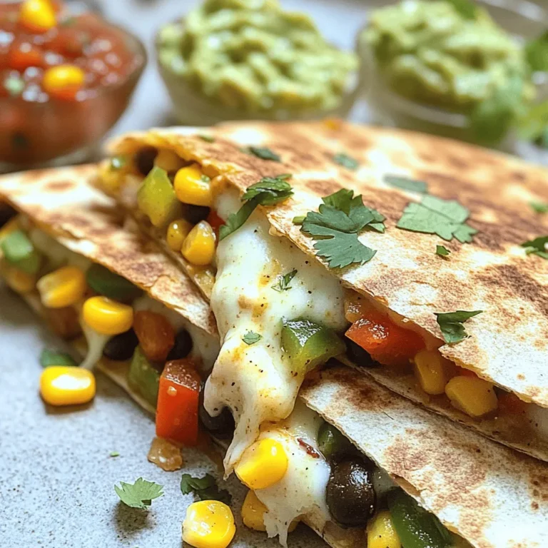 - 4 whole wheat tortillas - 1 cup shredded mozzarella cheese - 1 cup black beans, rinsed and drained To make tasty veggie quesadillas, you need some key items. Whole wheat tortillas give a good base. They are healthy and add fiber. Shredded mozzarella cheese melts beautifully. It adds creaminess to every bite. Black beans provide protein and a rich texture. They also bring a wonderful flavor. - 1 bell pepper (any color), sliced - 1 cup corn kernels (fresh or frozen) - 1 small red onion, thinly sliced Next, we add flavor enhancers. Bell peppers, whether red, yellow, or green, add crunch and sweetness. Corn kernels, fresh or frozen, provide a burst of sweetness. Red onion adds a sharp taste that balances the dish. Together, they create a colorful and tasty filling. - 1 teaspoon cumin - 1 teaspoon smoked paprika - Salt and pepper to taste Now, let’s spice things up! Cumin gives a warm, earthy flavor. Smoked paprika adds a hint of smokiness that is hard to resist. Salt and pepper are essential for bringing out all the flavors. These spices make the quesadillas truly delicious. You can find the full recipe [here](#). Start by sautéing the onions and bell peppers. Heat one tablespoon of olive oil in a large skillet over medium heat. Add the sliced onions and bell peppers. Cook them for about five minutes until they soften. This step adds great flavor to your filling. Next, add the black beans and corn. Stir them into the skillet with the cumin, smoked paprika, salt, and pepper. Cook for another three to four minutes. This helps the spices mix in well. Once done, take the skillet off the heat. Your filling is ready! Now, let’s layer the ingredients in the skillet. Heat a different skillet over medium heat and add one tablespoon of olive oil. Place one whole wheat tortilla in the skillet. Sprinkle half of the shredded mozzarella cheese over the tortilla. Evenly distribute half of your veggie mixture on top. Then, add another layer of cheese. Finally, cover it with a second tortilla. This helps keep all the yummy filling inside. To achieve the perfect golden crust, cook the quesadilla for about three to four minutes. Check the bottom tortilla. It should be golden and crisp. Carefully flip the quesadilla using a spatula. Cook for another three to four minutes on the other side until it is golden and the cheese melts. Remove the quesadilla from the skillet and let it cool for a minute. Then, cut it into wedges. Repeat this process with the remaining tortillas and filling from the Full Recipe. Enjoy your tasty veggie quesadillas! To get the best texture for your quesadillas, control the skillet heat. Start with medium heat. If it’s too hot, the tortillas burn. Too low, and they won’t crisp up. Aim for a golden brown color. This gives the quesadilla a nice crunch. Cooking time is also key. Each side should cook for about 3-4 minutes. Flip them carefully to avoid spills. You want the cheese to melt perfectly inside. The best cheese for melting is mozzarella. It stretches beautifully and adds a creamy touch. You can also use cheddar or Monterey Jack for a sharper flavor. For a dairy-free option, try vegan cheese. Look for brands that melt well. To boost the taste, add spices. A pinch of chili powder or garlic powder can give it a kick. Fresh herbs like cilantro add brightness. For garnishes, consider sliced avocado or sour cream. These add creaminess and balance the flavors. {{image_2}} You can switch up the veggies in your quesadillas for fun. Spinach or kale adds great color and nutrition. These greens cook down quickly. Just toss them in with your other veggies. Mushrooms and zucchini also work well. They add a nice texture. Slice the mushrooms thinly and chop the zucchini into small pieces. Sauté them with your bell peppers and onions. This will give your quesadillas a heartier feel. Want to add some protein? Grilled chicken or tofu is a perfect choice. Chicken adds a savory taste, while tofu absorbs flavors well. You can marinate the chicken for extra zest. Beans are another great option. Black beans are tasty, but don’t stop there! White beans or pinto beans can also add protein. Mix them into your filling for a satisfying bite. If you're looking for vegan options, there are many great cheese choices. Vegan mozzarella melts well, just like dairy cheese. You can find it in most stores now. You can also try other cheese types. Cheddar or pepper jack can spice things up. Both melt nicely and add great flavors to your quesadillas. Remember, cheese is key to that creamy finish! For the full recipe and more details, check out the Easy Veggie Quesadillas. To keep your quesadillas fresh, place them in an airtight container. This helps maintain flavor and texture. Store them in the fridge for up to three days. If you want to keep them longer, freezing is a great option. Wrap each quesadilla tightly in plastic wrap, then place them in a freezer bag. They can last up to three months in the freezer. To enjoy crispy quesadillas again, use the oven. Preheat the oven to 350°F (175°C) and place the quesadillas on a baking sheet. Heat for about 10-15 minutes, flipping halfway through. This method keeps them crispy. If you choose the microwave, use a microwave-safe plate. Heat for about 1-2 minutes. However, this may make the tortillas soft. For the best texture, stick with the oven method. For the full recipe, check out Easy Veggie Quesadillas! Veggie quesadillas last about 3 to 4 days in the fridge. Store them in an airtight container. This keeps them fresh and tasty. If you want to enjoy them longer, consider freezing them. Yes, you can make quesadillas ahead of time. Prepare them, then wrap them tightly in plastic wrap. Keep them in the fridge for a quick meal later. You can also cook them in advance and reheat them when ready to eat. I love serving quesadillas with salsa or guacamole. These dips add flavor and freshness. You can also pair them with a side salad or some Mexican rice for a full meal. Enjoy your delicious bites with a squeeze of lime for extra zest! Easy veggie quesadillas are a quick, tasty way to enjoy meals. We covered the key ingredients, like whole wheat tortillas, cheese, and beans, to build a solid base. Flavor enhancers, spices, and cooking techniques help you create the best taste and texture. You can also explore different veggie options and storage tips to keep your dishes fresh. Remember, these quesadillas are versatile and easy to customize. Enjoy making them your way and savor the delicious results!