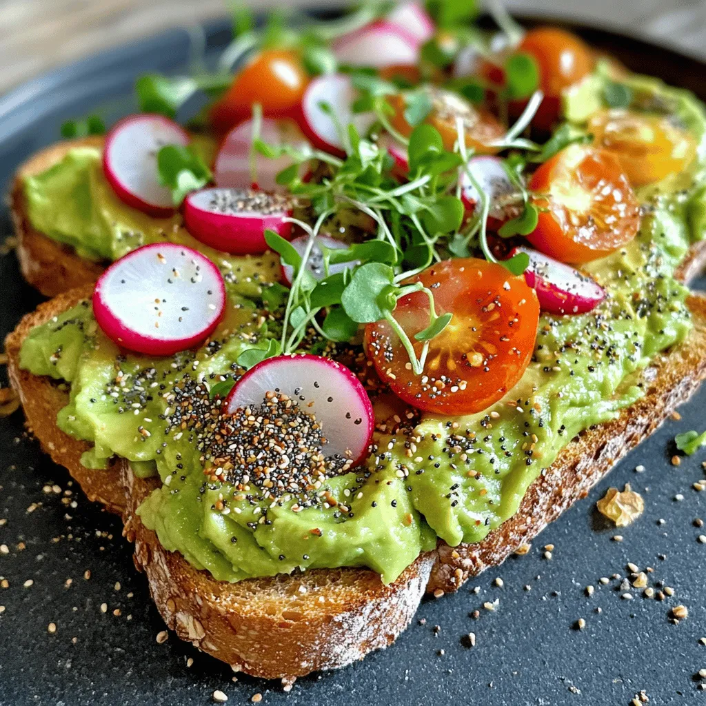 - 2 ripe avocados - 4 slices of whole grain bread - 2 tablespoons olive oil - 1 teaspoon lemon juice - Salt and pepper to taste - 2 tablespoons Everything Bagel seasoning - Optional toppings: sliced radishes, cherry tomatoes, microgreens, or poached eggs This avocado toast recipe is simple yet full of flavor. The ripe avocados create a creamy base. I love to use whole grain bread for its hearty texture. It adds a nutty taste that pairs well with the avocado. You only need a few more things to bring it all together. Olive oil adds richness, while lemon juice gives a bright kick. Salt and pepper enhance the flavors. The Everything Bagel seasoning adds a fun twist with its mix of sesame, poppy seeds, and garlic. For added flair, you can top your toast with sliced radishes. They add crunch and color. Cherry tomatoes give a sweet burst, while microgreens bring freshness. If you want extra protein, a poached egg sits perfectly on top. This recipe is versatile, and you can adjust it to your taste. For the full recipe, check the previous instructions. Enjoy creating your perfect avocado toast! 1. Toasting the bread Start by toasting four slices of whole grain bread. Aim for a golden brown color and a crispy texture. This adds a nice crunch to your avocado toast. 2. Preparing the avocado mixture Cut two ripe avocados in half. Remove the pit carefully with a spoon. Scoop out the green flesh into a mixing bowl. Add one teaspoon of lemon juice and two tablespoons of olive oil. Season with a pinch of salt and pepper. 3. Assembling the avocado toast Mash the avocado mixture with a fork to your liking. A chunky mix adds texture, while a smooth mix is creamy. Spread a generous layer of the mashed avocado on each slice of toast. Top with two tablespoons of Everything Bagel seasoning for that perfect flavor boost. - Achieving the desired creaminess To get the right creaminess, mash the avocado just enough. If you like it chunky, stop mashing sooner. If you want it smooth, keep mashing until it’s creamy. - Ideal toasting guidelines Use a medium heat setting on your toaster or skillet. Keep an eye on the bread to avoid burning. It should take about 3 to 4 minutes to reach that perfect toast. - Complementing flavors and textures Add sliced radishes, cherry tomatoes, or microgreens for freshness. A poached egg on top adds protein and makes it heartier. Mix and match these toppings to discover your favorite combo! For a detailed recipe, check out the Full Recipe. - Choosing the best avocados: Look for firm but slightly soft avocados. They should yield to gentle pressure. A dark green color can also indicate ripeness. Avoid fruits with large dark spots or deep indentations. - Tips for maintaining freshness of avocado: To keep your avocado fresh, store it in the fridge. You can also leave the pit in the leftover half. Brush it with lemon juice. This helps slow browning. - Adjusting seasoning to taste: Start with a pinch of salt and pepper. Taste as you go! Add more Everything Bagel seasoning to enhance flavor. You can also try garlic powder or red pepper flakes for a kick. - Pairing drinks or sides: Avocado toast pairs well with fresh juice or herbal tea. For sides, consider a light salad or some fresh fruit. They add brightness to your meal. - Presentation tips: Use a clean plate for serving. Place the avocado toast artfully on one side. Add some colorful toppings like radishes or microgreens. This makes your dish pop and look gourmet. Enjoy creating your perfect avocado toast with these helpful tips! For the full recipe, check above. {{image_2}} Avocado toast offers a great chance to get creative. You can try different seasonings and spices to enhance the taste. For example, add a dash of smoked paprika or chili flakes for a kick. You can also mix fresh herbs like cilantro or basil into your avocado for extra flavor. When it comes to toppings, the options are endless. Sliced radishes add crunch and color. Halved cherry tomatoes bring sweetness and juiciness. For a touch of luxury, try a poached egg on top. The runny yolk adds creaminess and protein. You could also sprinkle some feta cheese for a salty finish. If you need gluten-free options, simply swap regular bread for gluten-free bread. Many brands offer tasty gluten-free choices that work well. This way, everyone can enjoy their avocado toast without worry. For vegan alternatives, stick to the basic recipe. Avocado, lemon juice, and Everything Bagel seasoning are all plant-based. If you want more protein, add chickpeas or tofu. You can mash them into the avocado for a hearty spread. For the full recipe, check out the details above. To store leftover avocado toast, wrap it tightly in plastic wrap. Place it in an airtight container to keep it fresh. Try to eat it within a day to enjoy the best flavor. If you have unassembled ingredients, store them separately. Keep the avocados in a cool, dark place. You can refrigerate cut avocados by wrapping them tightly with plastic wrap. Add a bit of lemon juice to slow browning. For nutritional preservation, keep all ingredients in the fridge if not used. This method helps maintain freshness and taste. For bread, store it in a cool, dry place in a sealed bag. It usually stays good for up to a week. When reusing ingredients, check for ripeness before using avocados. If the avocados are too soft, discard them. Use any leftover Everything Bagel seasoning to spice up other dishes. This seasoning adds flavor to eggs, salads, and roasted veggies. How ripe should avocados be for toasting? Avocados should be ripe, but not overripe. Look for avocados that feel slightly soft when you squeeze them. They should yield to pressure but not feel mushy. This means they are perfect for your avocado toast. Can I make avocado toast ahead of time? Yes, you can prepare the avocado mixture in advance. Just keep it in an airtight container. To stop browning, add a bit of lemon juice. Toast the bread fresh when you are ready to eat. This keeps it crispy and tasty. What is Everything Bagel seasoning? Everything Bagel seasoning is a mix of spices. It usually includes sesame seeds, poppy seeds, garlic, onion, and salt. This blend gives your avocado toast a savory crunch. It adds a lot of flavor without extra work. Health benefits of avocados Avocados are rich in healthy fats. They have monounsaturated fats, which are good for your heart. They also offer vitamins like E, C, and K. These nutrients help keep skin healthy and boost your immune system. Caloric breakdown and serving sizes One serving of avocado toast usually has about 200-300 calories. This depends on the bread and toppings. Avocados have about 240 calories per fruit. Overall, this dish is filling and nutritious. Can I use different types of bread? Absolutely! You can use any type of bread you like. Whole grain, sourdough, or gluten-free options work well. Choose a bread that you enjoy and that fits your diet. What are some other topping suggestions? You can get creative with toppings! Try sliced radishes for crunch, or cherry tomatoes for sweetness. Microgreens add a fresh touch. For protein, a poached egg is a great choice. Feel free to mix and match! For the full recipe, check out Avocado Toast with Everything Bagel Bliss. This guide covers everything you need for perfect avocado toast. We discussed the best ingredients, step-by-step instructions, and tips for storage and flavor. You can create various tasty versions, whether you want a quick snack or a full meal. Explore different toppings or try gluten-free options to suit your needs. With these insights, you can enjoy delicious, healthy avocado toast any time. Make it your own and savor the joy of each bite!
