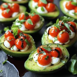 - 2 ripe avocados - 1 cup cherry tomatoes, halved - 1 cup fresh mozzarella balls, halved - 1 cup fresh basil leaves, chopped - 2 tablespoons balsamic glaze - 1 tablespoon olive oil - Salt and pepper to taste To make Caprese stuffed avocados, you need fresh and ripe ingredients. Ripe avocados are key. They should feel soft but not mushy. These creamy fruits will hold the filling well. Cherry tomatoes add color and sweetness. Halving them helps release their juices. Fresh mozzarella balls give a nice bite and creamy texture. Always choose the freshest cheese for best taste. Basil leaves bring a fragrant aroma. Chop them finely to spread their flavor evenly. Balsamic glaze adds a sweet tang and makes the dish pop visually. Olive oil gives a rich finish. Finally, salt and pepper enhance all the flavors. Use these seasoning essentials to taste. The right balance elevates your dish. For detailed steps, check the Full Recipe. Enjoy crafting this simple yet flavorful treat! To start, cut the avocados in half. Use a sharp knife and be careful. Next, remove the pits gently. You do not want to harm the flesh. If the cavity is small, scoop out some extra flesh. This creates more space for stuffing. In a bowl, combine the halved cherry tomatoes and mozzarella balls. These two ingredients bring great flavor and texture. Then, add the chopped basil leaves. Fresh basil gives a nice aroma. Drizzle olive oil over the mixture. Season with salt and pepper to taste. Gently toss everything together. You want a good mix without smashing the ingredients. Now, it's time to fill the avocados. Spoon the Caprese mixture into each half. Fill them generously, so they look inviting. For an extra touch, drizzle balsamic glaze over the stuffed avocados. This adds both flavor and a beautiful shine. If you like, garnish with more basil leaves. Enjoy your colorful and tasty treat! Choosing ripe avocados is key. Look for avocados that slightly yield to gentle pressure. A ripe avocado has a rich, creamy texture that makes every bite better. When you cut into them, they should be a nice green inside, not brown or hard. Balancing seasoning is just as important. Use a pinch of salt and pepper to enhance the natural flavors. The olive oil adds richness, while the balsamic glaze brings a sweet tang. Taste as you go. Adjust to find the best mix for your palate. For side dishes, consider a light salad or crispy bread. A fresh garden salad pairs well with the creamy avocado. Crusty bread is great for dipping into any extra balsamic glaze. This dish shines at gatherings or casual dinners. It’s perfect for summer picnics or family meals. Plating matters for appeal. Place the stuffed avocados on a bright, colorful plate. This makes the greens and reds pop. Drizzle extra balsamic glaze around them for flair. For garnishing, fresh basil leaves add a nice touch. You can also sprinkle some crushed red pepper for a bit of heat. These small details elevate your dish and impress your guests. Enjoy making your Caprese stuffed avocados beautiful! {{image_2}} For those who follow a vegan diet, you can easily swap the mozzarella. Try using vegan cheese or even creamy hummus. Both options taste great and keep the dish rich. If you need a gluten-free meal, you are in luck! All the ingredients in this recipe are naturally gluten-free. Just make sure to check any store-bought dressings or sauces. Want to spice things up? Add fresh herbs like oregano or thyme to the filling. They add a nice lift to the flavor. You could also mix in some chili flakes for a little heat. If you crave protein, consider adding grilled chicken or shrimp. They not only make the dish heartier but also bring in extra taste. Just cook the proteins beforehand and mix them in with the filling. You can transform this dish into a salad. Chop the stuffed avocados and toss them with mixed greens. A light vinaigrette will make it even better. Another fun idea is to serve the stuffed avocados with crusty bread. This gives a great crunch and lets you scoop up every delicious bite. For the full recipe, check out the Caprese Stuffed Avocados section. To store leftover Caprese stuffed avocados, first, keep them in the fridge. Use an airtight container to keep them fresh. If you have extra filling, store it in a separate container. This will prevent the avocado from browning too quickly. You can also add a little lemon juice to the avocado flesh to help keep its color. When stored in the refrigerator, these stuffed avocados last for about one day. After that, the avocado may turn brown and mushy. Look for any off smells or changes in color. If the avocado feels too soft or slimy, it's best to toss it out. I recommend eating these stuffed avocados cold. If you want to reheat them, use the oven at a low temperature. This will help keep the texture of the avocado. Avoid using the microwave, as it can make them too soft. Caprese stuffed avocados are a fresh dish combining avocados with classic Caprese flavors. The key features include ripe avocados, juicy cherry tomatoes, creamy mozzarella, and fragrant basil. This dish is both colorful and easy to prepare. Each bite offers a mix of creamy and tangy tastes. You can enjoy it as a light lunch or an appetizer. This recipe is quick, needing only ten minutes to make. You can find the full recipe above. Yes, you can prep the ingredients ahead of time. Cut the avocados just before serving to keep them fresh. You can mix the Caprese filling a few hours before. Store the filling in the fridge. This way, you save time and keep flavors bright. Just stuff the avocados when you are ready to eat. If you need a mozzarella substitute, try these options: - Feta cheese adds a salty flavor. - Goat cheese brings a creamy texture. - Vegan cheese works for a dairy-free choice. These alternatives can enhance the dish while keeping it delicious. Yes, this dish is healthy and packed with nutrients. Avocados provide healthy fats and fiber. Tomatoes are rich in vitamins and antioxidants. Mozzarella adds protein and calcium. One serving contains about 250 calories, making it a light yet filling option. Enjoy this dish as part of a balanced diet. This post explored the delicious world of Caprese stuffed avocados. We covered fresh ingredients like ripe avocados, cherry tomatoes, mozzarella, and basil. You learned how to prepare, stuff, and present this tasty dish. I also shared tips for perfect flavor and storage info. Remember, these avocados are healthy and versatile. Feel free to adapt the recipe to suit your tastes. Enjoy your cooking adventure!