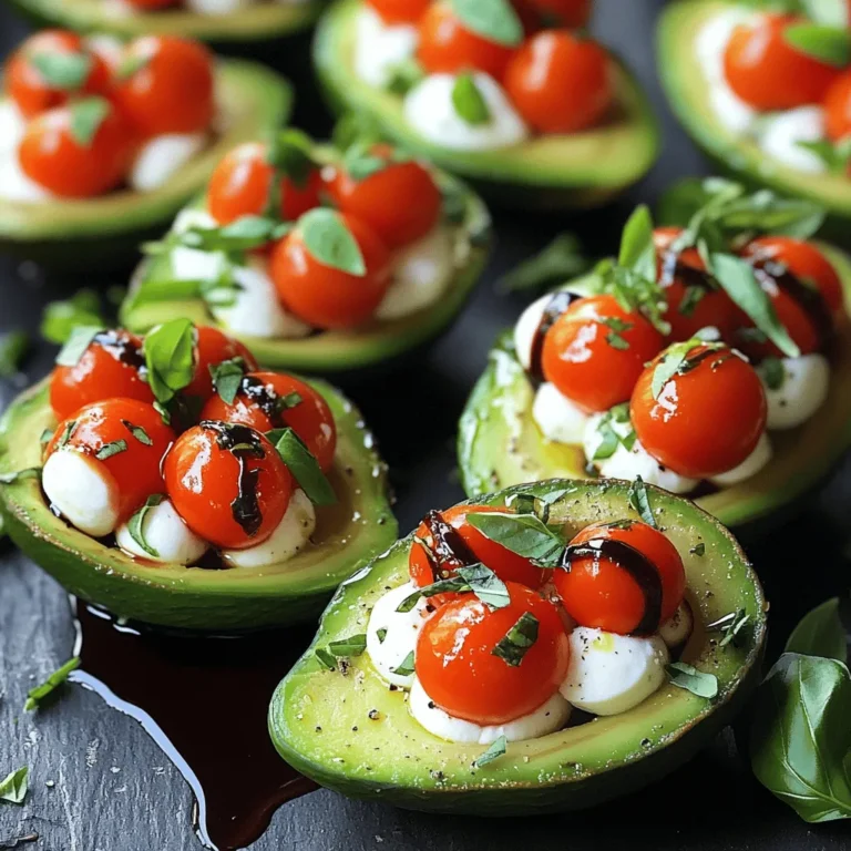 - 2 ripe avocados - 1 cup cherry tomatoes, halved - 1 cup fresh mozzarella balls, halved - 1 cup fresh basil leaves, chopped - 2 tablespoons balsamic glaze - 1 tablespoon olive oil - Salt and pepper to taste To make Caprese stuffed avocados, you need fresh and ripe ingredients. Ripe avocados are key. They should feel soft but not mushy. These creamy fruits will hold the filling well. Cherry tomatoes add color and sweetness. Halving them helps release their juices. Fresh mozzarella balls give a nice bite and creamy texture. Always choose the freshest cheese for best taste. Basil leaves bring a fragrant aroma. Chop them finely to spread their flavor evenly. Balsamic glaze adds a sweet tang and makes the dish pop visually. Olive oil gives a rich finish. Finally, salt and pepper enhance all the flavors. Use these seasoning essentials to taste. The right balance elevates your dish. For detailed steps, check the Full Recipe. Enjoy crafting this simple yet flavorful treat! To start, cut the avocados in half. Use a sharp knife and be careful. Next, remove the pits gently. You do not want to harm the flesh. If the cavity is small, scoop out some extra flesh. This creates more space for stuffing. In a bowl, combine the halved cherry tomatoes and mozzarella balls. These two ingredients bring great flavor and texture. Then, add the chopped basil leaves. Fresh basil gives a nice aroma. Drizzle olive oil over the mixture. Season with salt and pepper to taste. Gently toss everything together. You want a good mix without smashing the ingredients. Now, it's time to fill the avocados. Spoon the Caprese mixture into each half. Fill them generously, so they look inviting. For an extra touch, drizzle balsamic glaze over the stuffed avocados. This adds both flavor and a beautiful shine. If you like, garnish with more basil leaves. Enjoy your colorful and tasty treat! Choosing ripe avocados is key. Look for avocados that slightly yield to gentle pressure. A ripe avocado has a rich, creamy texture that makes every bite better. When you cut into them, they should be a nice green inside, not brown or hard. Balancing seasoning is just as important. Use a pinch of salt and pepper to enhance the natural flavors. The olive oil adds richness, while the balsamic glaze brings a sweet tang. Taste as you go. Adjust to find the best mix for your palate. For side dishes, consider a light salad or crispy bread. A fresh garden salad pairs well with the creamy avocado. Crusty bread is great for dipping into any extra balsamic glaze. This dish shines at gatherings or casual dinners. It’s perfect for summer picnics or family meals. Plating matters for appeal. Place the stuffed avocados on a bright, colorful plate. This makes the greens and reds pop. Drizzle extra balsamic glaze around them for flair. For garnishing, fresh basil leaves add a nice touch. You can also sprinkle some crushed red pepper for a bit of heat. These small details elevate your dish and impress your guests. Enjoy making your Caprese stuffed avocados beautiful! {{image_2}} For those who follow a vegan diet, you can easily swap the mozzarella. Try using vegan cheese or even creamy hummus. Both options taste great and keep the dish rich. If you need a gluten-free meal, you are in luck! All the ingredients in this recipe are naturally gluten-free. Just make sure to check any store-bought dressings or sauces. Want to spice things up? Add fresh herbs like oregano or thyme to the filling. They add a nice lift to the flavor. You could also mix in some chili flakes for a little heat. If you crave protein, consider adding grilled chicken or shrimp. They not only make the dish heartier but also bring in extra taste. Just cook the proteins beforehand and mix them in with the filling. You can transform this dish into a salad. Chop the stuffed avocados and toss them with mixed greens. A light vinaigrette will make it even better. Another fun idea is to serve the stuffed avocados with crusty bread. This gives a great crunch and lets you scoop up every delicious bite. For the full recipe, check out the Caprese Stuffed Avocados section. To store leftover Caprese stuffed avocados, first, keep them in the fridge. Use an airtight container to keep them fresh. If you have extra filling, store it in a separate container. This will prevent the avocado from browning too quickly. You can also add a little lemon juice to the avocado flesh to help keep its color. When stored in the refrigerator, these stuffed avocados last for about one day. After that, the avocado may turn brown and mushy. Look for any off smells or changes in color. If the avocado feels too soft or slimy, it's best to toss it out. I recommend eating these stuffed avocados cold. If you want to reheat them, use the oven at a low temperature. This will help keep the texture of the avocado. Avoid using the microwave, as it can make them too soft. Caprese stuffed avocados are a fresh dish combining avocados with classic Caprese flavors. The key features include ripe avocados, juicy cherry tomatoes, creamy mozzarella, and fragrant basil. This dish is both colorful and easy to prepare. Each bite offers a mix of creamy and tangy tastes. You can enjoy it as a light lunch or an appetizer. This recipe is quick, needing only ten minutes to make. You can find the full recipe above. Yes, you can prep the ingredients ahead of time. Cut the avocados just before serving to keep them fresh. You can mix the Caprese filling a few hours before. Store the filling in the fridge. This way, you save time and keep flavors bright. Just stuff the avocados when you are ready to eat. If you need a mozzarella substitute, try these options: - Feta cheese adds a salty flavor. - Goat cheese brings a creamy texture. - Vegan cheese works for a dairy-free choice. These alternatives can enhance the dish while keeping it delicious. Yes, this dish is healthy and packed with nutrients. Avocados provide healthy fats and fiber. Tomatoes are rich in vitamins and antioxidants. Mozzarella adds protein and calcium. One serving contains about 250 calories, making it a light yet filling option. Enjoy this dish as part of a balanced diet. This post explored the delicious world of Caprese stuffed avocados. We covered fresh ingredients like ripe avocados, cherry tomatoes, mozzarella, and basil. You learned how to prepare, stuff, and present this tasty dish. I also shared tips for perfect flavor and storage info. Remember, these avocados are healthy and versatile. Feel free to adapt the recipe to suit your tastes. Enjoy your cooking adventure!