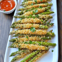 - 1 lb fresh asparagus, trimmed - 1/2 cup grated Parmesan cheese - 1/2 cup breadcrumbs (panko recommended for extra crunch) - 2 large eggs - 1 teaspoon garlic powder - 1/2 teaspoon onion powder - 1/2 teaspoon paprika - Salt and pepper to taste - Cooking spray or olive oil for drizzling I love using fresh asparagus for this dish. It has a bright green color and a nice crunch. The Parmesan cheese brings a salty note, which pairs perfectly with the asparagus. I always choose panko breadcrumbs. They give these fries the best crunch and texture. For seasoning, I use garlic powder, onion powder, and paprika. They add depth and flavor to each bite. Don't forget to adjust the salt and pepper to your taste. These simple ingredients make a big difference in the final dish. When it comes to cooking, I like to use cooking spray or a drizzle of olive oil. This helps the fries get crispy in the oven. You will see how delicious and crunchy they turn out. For the full recipe, check out the details above. Preheat your oven to 425°F (220°C). This hot temperature helps get the fries crispy. Line a baking sheet with parchment paper. This makes cleanup easy and helps the fries not stick. In a bowl, mix the following ingredients: - 1/2 cup grated Parmesan cheese - 1/2 cup breadcrumbs (panko is best) - 1 teaspoon garlic powder - 1/2 teaspoon onion powder - 1/2 teaspoon paprika - Salt and pepper to taste Whisk these together well. In another bowl, beat 2 large eggs until smooth. This will help the crumbs stick to the asparagus. Take each spear of asparagus and dip it in the beaten eggs. Make sure to let any extra egg drip off. Then, roll the asparagus in the breadcrumb mix. Make sure to cover it all. This gives the fries a nice crunchy coating. Place the coated asparagus on the lined baking sheet. Arrange them in a single layer. Leave space between each spear. This helps them get crispy. Lightly spray the asparagus fries with cooking spray or drizzle with olive oil. This adds flavor and helps with crispiness. Put the baking sheet in the oven and bake for 12-15 minutes. Check for tenderness and golden color. The fries should be crunchy and delicious. Remove them from the oven and let them cool slightly before serving. You can find the Full Recipe to follow along easily. To get that perfect crunch, spacing matters. When placing your asparagus on the baking sheet, leave space between each spear. This allows hot air to flow around them. If they are too close, they will steam instead of crisp up. Trust me, spacing is key to getting the best results. Want to kick up the flavor? Try adding spices! A sprinkle of cayenne pepper brings heat. You can also use Italian seasoning or a pinch of cumin. Mix and match to find what you love. Each spice can change the taste, making your fries unique. Presentation can make your dish even more appealing. Serve the asparagus fries on a long platter. Pair them with dips like marinara or garlic aioli. A sprinkle of fresh parsley adds color and freshness. These small details make your meal look gourmet. For the full recipe, check out the details above. {{image_2}} You can change the cheese to suit your taste. Swap out Parmesan for Cheddar or Romano. Each cheese offers a unique flavor. Cheddar adds a sharp taste. Romano gives a salty kick. Try them for a fun twist on this recipe. If you need a gluten-free dish, it's easy! Just use gluten-free breadcrumbs. They work just as well in creating that crispy texture. This option makes the dish suitable for everyone. Enjoy it without worry! Want to make it more colorful? Add other veggies! Zucchini or bell peppers work great. Slice them thinly and coat them just like the asparagus. This mix adds more flavors and nutrition. Plus, it makes a fun and vibrant dish! For the full recipe, check out the detailed instructions that guide you step by step. To keep your baked Parmesan asparagus fries fresh, store them in an airtight container. This helps keep them from getting soggy. Place them in the fridge for up to three days. If you want to enjoy them later, make sure they cool down first before sealing. When reheating, I recommend using the oven. This method helps maintain the crispiness of the fries. Preheat your oven to 350°F (175°C). Place the fries on a baking sheet and heat for about 10 minutes. If you're in a hurry, you can use the microwave, but they may lose some crunch. Yes, you can freeze asparagus fries! If you want to freeze them, do it before baking. Arrange the coated fries on a baking sheet lined with parchment paper. Freeze them for about an hour until solid, then transfer them to a freezer bag. You can bake them straight from the freezer. Just add a few extra minutes to the cooking time. Yes, you can use frozen asparagus for this recipe. Just follow these tips: - Thaw the asparagus: Let it sit in the fridge overnight or run it under warm water. - Pat dry: Make sure to dry the asparagus well before coating. This helps the breading stick. - Adjust cooking time: Frozen asparagus may need a few extra minutes in the oven. Keep an eye on it for best results. You can tell when asparagus fries are done by checking these signs: - Tenderness: The asparagus should be easily pierced with a fork. - Color: Look for a golden brown color on the breading. - Crispiness: The fries should feel crisp and crunchy to the touch. Yes, you can prepare baked asparagus fries in advance. Here’s how: - Pre-coat the asparagus: Follow the breading steps and coat the asparagus. - Store in the fridge: Place the coated asparagus in an airtight container until ready to bake. - Baking later: When you're ready, just bake as directed. You may need to add a few extra minutes to cook them through. For the full recipe, check out the detailed instructions above! In this post, we covered a simple way to make tasty baked asparagus fries. We discussed the main ingredients and seasoning needed for crispiness. I shared easy steps to coat and bake your asparagus, plus tips to enhance flavor and serve. Remember, you can play with different cheeses and veggies. Storing leftovers properly keeps them fresh. With these tricks, your asparagus fries will be a hit. Enjoy your cooking adventure!