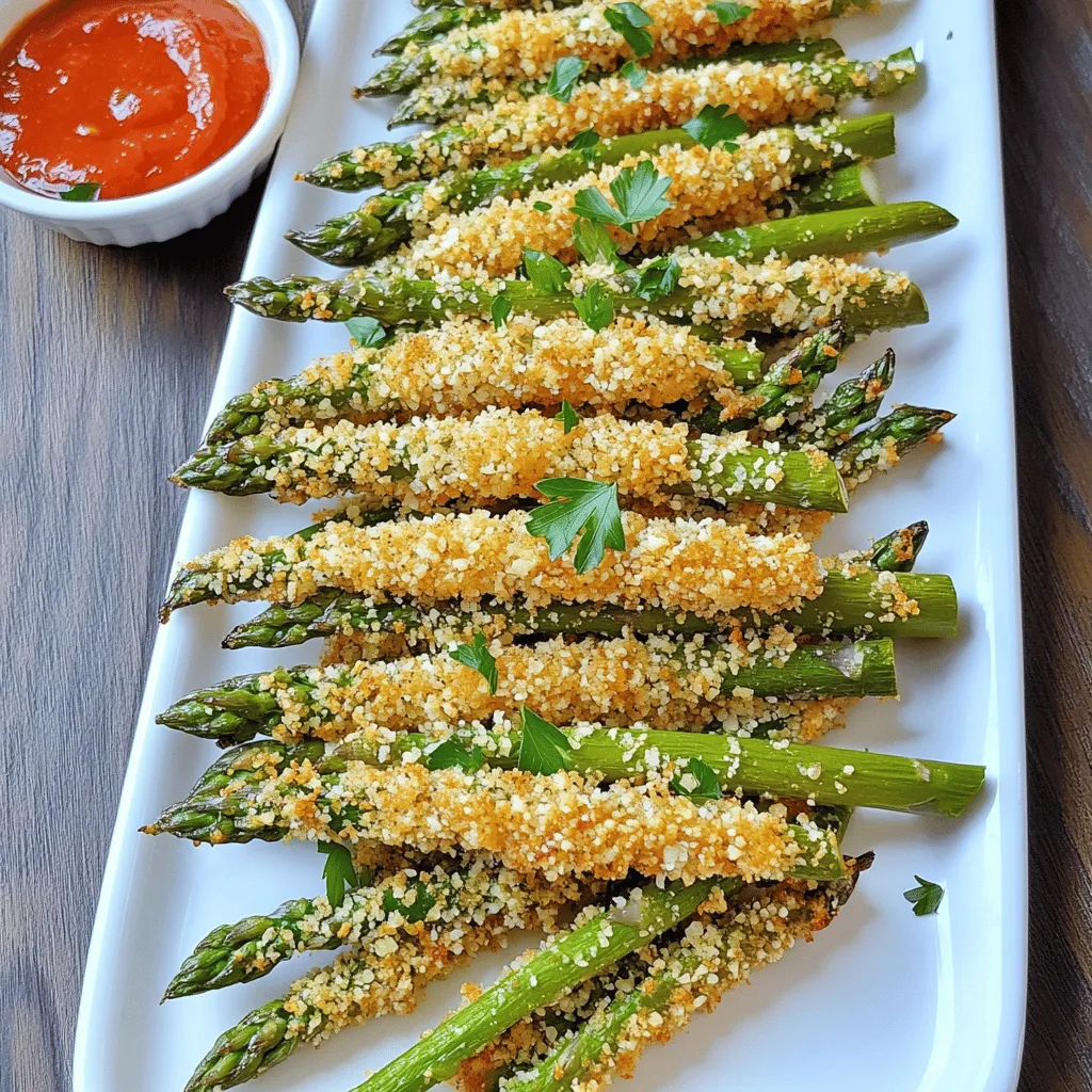 - 1 lb fresh asparagus, trimmed - 1/2 cup grated Parmesan cheese - 1/2 cup breadcrumbs (panko recommended for extra crunch) - 2 large eggs - 1 teaspoon garlic powder - 1/2 teaspoon onion powder - 1/2 teaspoon paprika - Salt and pepper to taste - Cooking spray or olive oil for drizzling I love using fresh asparagus for this dish. It has a bright green color and a nice crunch. The Parmesan cheese brings a salty note, which pairs perfectly with the asparagus. I always choose panko breadcrumbs. They give these fries the best crunch and texture. For seasoning, I use garlic powder, onion powder, and paprika. They add depth and flavor to each bite. Don't forget to adjust the salt and pepper to your taste. These simple ingredients make a big difference in the final dish. When it comes to cooking, I like to use cooking spray or a drizzle of olive oil. This helps the fries get crispy in the oven. You will see how delicious and crunchy they turn out. For the full recipe, check out the details above. Preheat your oven to 425°F (220°C). This hot temperature helps get the fries crispy. Line a baking sheet with parchment paper. This makes cleanup easy and helps the fries not stick. In a bowl, mix the following ingredients: - 1/2 cup grated Parmesan cheese - 1/2 cup breadcrumbs (panko is best) - 1 teaspoon garlic powder - 1/2 teaspoon onion powder - 1/2 teaspoon paprika - Salt and pepper to taste Whisk these together well. In another bowl, beat 2 large eggs until smooth. This will help the crumbs stick to the asparagus. Take each spear of asparagus and dip it in the beaten eggs. Make sure to let any extra egg drip off. Then, roll the asparagus in the breadcrumb mix. Make sure to cover it all. This gives the fries a nice crunchy coating. Place the coated asparagus on the lined baking sheet. Arrange them in a single layer. Leave space between each spear. This helps them get crispy. Lightly spray the asparagus fries with cooking spray or drizzle with olive oil. This adds flavor and helps with crispiness. Put the baking sheet in the oven and bake for 12-15 minutes. Check for tenderness and golden color. The fries should be crunchy and delicious. Remove them from the oven and let them cool slightly before serving. You can find the Full Recipe to follow along easily. To get that perfect crunch, spacing matters. When placing your asparagus on the baking sheet, leave space between each spear. This allows hot air to flow around them. If they are too close, they will steam instead of crisp up. Trust me, spacing is key to getting the best results. Want to kick up the flavor? Try adding spices! A sprinkle of cayenne pepper brings heat. You can also use Italian seasoning or a pinch of cumin. Mix and match to find what you love. Each spice can change the taste, making your fries unique. Presentation can make your dish even more appealing. Serve the asparagus fries on a long platter. Pair them with dips like marinara or garlic aioli. A sprinkle of fresh parsley adds color and freshness. These small details make your meal look gourmet. For the full recipe, check out the details above. {{image_2}} You can change the cheese to suit your taste. Swap out Parmesan for Cheddar or Romano. Each cheese offers a unique flavor. Cheddar adds a sharp taste. Romano gives a salty kick. Try them for a fun twist on this recipe. If you need a gluten-free dish, it's easy! Just use gluten-free breadcrumbs. They work just as well in creating that crispy texture. This option makes the dish suitable for everyone. Enjoy it without worry! Want to make it more colorful? Add other veggies! Zucchini or bell peppers work great. Slice them thinly and coat them just like the asparagus. This mix adds more flavors and nutrition. Plus, it makes a fun and vibrant dish! For the full recipe, check out the detailed instructions that guide you step by step. To keep your baked Parmesan asparagus fries fresh, store them in an airtight container. This helps keep them from getting soggy. Place them in the fridge for up to three days. If you want to enjoy them later, make sure they cool down first before sealing. When reheating, I recommend using the oven. This method helps maintain the crispiness of the fries. Preheat your oven to 350°F (175°C). Place the fries on a baking sheet and heat for about 10 minutes. If you're in a hurry, you can use the microwave, but they may lose some crunch. Yes, you can freeze asparagus fries! If you want to freeze them, do it before baking. Arrange the coated fries on a baking sheet lined with parchment paper. Freeze them for about an hour until solid, then transfer them to a freezer bag. You can bake them straight from the freezer. Just add a few extra minutes to the cooking time. Yes, you can use frozen asparagus for this recipe. Just follow these tips: - Thaw the asparagus: Let it sit in the fridge overnight or run it under warm water. - Pat dry: Make sure to dry the asparagus well before coating. This helps the breading stick. - Adjust cooking time: Frozen asparagus may need a few extra minutes in the oven. Keep an eye on it for best results. You can tell when asparagus fries are done by checking these signs: - Tenderness: The asparagus should be easily pierced with a fork. - Color: Look for a golden brown color on the breading. - Crispiness: The fries should feel crisp and crunchy to the touch. Yes, you can prepare baked asparagus fries in advance. Here’s how: - Pre-coat the asparagus: Follow the breading steps and coat the asparagus. - Store in the fridge: Place the coated asparagus in an airtight container until ready to bake. - Baking later: When you're ready, just bake as directed. You may need to add a few extra minutes to cook them through. For the full recipe, check out the detailed instructions above! In this post, we covered a simple way to make tasty baked asparagus fries. We discussed the main ingredients and seasoning needed for crispiness. I shared easy steps to coat and bake your asparagus, plus tips to enhance flavor and serve. Remember, you can play with different cheeses and veggies. Storing leftovers properly keeps them fresh. With these tricks, your asparagus fries will be a hit. Enjoy your cooking adventure!