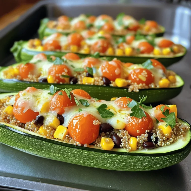 Here’s what you need to make stuffed zucchini boats. Gather these fresh items for a tasty meal: - 4 medium zucchini - 1 cup cooked quinoa - 1 cup cherry tomatoes, halved - 1 bell pepper, diced - 1 cup black beans, drained and rinsed - 1 cup corn (fresh or canned) - Spices and seasonings: cumin, smoked paprika, garlic powder, salt, pepper - 1/2 cup shredded cheese (cheddar or mozzarella) - Fresh parsley for garnish Each ingredient plays an important role. The zucchini serves as a perfect vessel. Quinoa adds protein and a nice texture. Cherry tomatoes give a sweet burst, while the bell pepper adds crunch. Black beans boost fiber and flavor, and corn adds sweetness. Spices like cumin and smoked paprika bring warmth and depth. The cheese melts beautifully on top, creating a golden crust. Finally, fresh parsley brightens the dish with color and taste. For the full recipe, check the details above. Enjoy the mix of flavors and textures in every bite. 1. Preheat your oven to 375°F (190°C). 2. Take each zucchini and slice it in half lengthwise. 3. Use a spoon to scoop out the seeds. This creates the boat shape. 4. Place the zucchini halves in a baking dish, cut side up. 1. In a large bowl, add the cooked quinoa, cherry tomatoes, diced bell pepper, black beans, and corn. 2. Sprinkle in the cumin, smoked paprika, garlic powder, salt, and pepper. 3. Mix everything well. Make sure the spices are evenly spread. 1. Stuff each zucchini half with the filling. Press down lightly to pack it in. 2. Top each stuffed zucchini with shredded cheese. 3. Cover the dish with aluminum foil. 4. Bake for 20 minutes. 5. Remove the foil and bake for another 10 to 15 minutes. The zucchini should be tender, and the cheese should be melted. 6. Once done, take it out of the oven. Let it cool a bit before serving. Garnish with fresh parsley. For the full recipe, refer to the earlier section. Enjoy this tasty, nutritious meal! To get the best texture in your zucchini, choose firm ones. Look for zucchini that feels heavy and has smooth skin. Cut them in half lengthwise and scoop out seeds carefully. This helps create the boat shape without making them too watery. To avoid watery zucchini boats, you can sprinkle salt inside the scooped halves. Let them sit for about 10 minutes. The salt draws out extra moisture. Pat them dry before stuffing. This prevents them from getting soggy during cooking. For a flavor boost, add spices like chili powder or oregano to your filling. Fresh herbs like basil or cilantro can also brighten the dish. If you want a kick, consider adding red pepper flakes. If you want to switch up the cheese, try goat cheese or feta. These add a tangy taste that pairs well with the other ingredients. For a creamy texture, you can even use ricotta cheese. Each option creates a unique flavor twist in your stuffed zucchini boats. For the full recipe, check the details above and enjoy your cooking! {{image_2}} To make stuffed zucchini boats vegan-friendly, simply omit the cheese. You won't lose flavor! Instead, you can boost nutrition with protein-rich options. Try using lentils or tofu as substitutes. Cooked lentils add a hearty texture and extra fiber. Tofu can absorb all the lovely flavors from the spices and veggies. Just crumble it into the filling mix. Get creative with your fillings! For an Italian-inspired twist, add marinara sauce and Italian herbs. This gives your boats a rich and savory flavor. You can use basil, oregano, and thyme for that perfect Italian taste. For a Mediterranean option, include feta cheese and olives. The briny olives and creamy feta add a unique taste. You can mix in sun-dried tomatoes, too, for extra punch. These variations keep every bite exciting. You can also find the full recipe to explore these ideas further. Enjoy the fun of making stuffed zucchini boats! To keep your stuffed zucchini boats fresh, use airtight containers. Glass or plastic containers work well. Make sure the zucchini boats cool down before sealing. Store them in the fridge for up to three days. If you want to keep them longer, consider freezing them. Wrap each boat in plastic wrap, then place them in a freezer-safe bag. They can last up to three months in the freezer. When you are ready to eat, reheat your zucchini boats carefully. The best way is to use the oven. Preheat it to 350°F (175°C). Place the zucchini on a baking sheet and cover with foil. This keeps the filling moist. Heat for about 15-20 minutes. If you prefer the microwave, use a microwave-safe dish. Cover it with a damp paper towel. Heat in short bursts, checking often to avoid drying out. Enjoy your delicious meal warm! Yes, you can swap quinoa for other grains. Rice works well, both white and brown. Couscous is a quick option. Farro or barley also adds a nice chew. Each grain gives a unique texture and taste. Just remember to adjust cooking times based on the grain you choose. Look for a few signs of doneness. First, the zucchini should be tender but not mushy. You can test this with a fork. Second, the filling should be hot all the way through. The cheese on top should be melted and bubbly. This tells you the boats are ready to enjoy! Absolutely! You can prep the zucchini and filling ahead. Just stuff the zucchini and cover them. Store in the fridge for up to a day before baking. For longer storage, freeze them unbaked. When you're ready, bake them straight from the freezer. Just add a few extra minutes to the cooking time. Stuffed zucchini boats pair well with many sides. A fresh salad adds crunch and color. Garlic bread is a great choice for dipping. You can also serve them with roasted vegetables for added flavor. Another option is a light soup to complete the meal. These sides make a lovely balance with your boats. Stuffed zucchini boats offer a tasty and healthy meal option. We covered essential ingredients, easy prep steps, and useful tips. You can personalize your boats with varied fillings or spices. Store leftovers properly to keep them fresh. Remember, cooking should be fun and flexible. Try new flavors as you make this dish your own. Enjoy the process and the delicious results. Happy cooking!