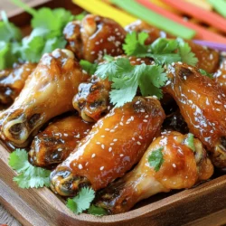 - 2 lbs chicken wings - 1/3 cup honey - 1/4 cup soy sauce (low sodium) - 4 cloves garlic, minced - 2 tablespoons rice vinegar - 1 tablespoon sesame oil - 1 tablespoon fresh ginger, grated - 1 teaspoon red pepper flakes (optional, for heat) When I make Sticky Honey Garlic Chicken Wings, I love to focus on quality and flavor. The chicken wings are the star of the dish. I prefer to use fresh wings for the best taste. Honey adds sweetness, while soy sauce gives that savory kick. Garlic and ginger bring a warm, aromatic flavor that blends well. Rice vinegar adds a touch of brightness. If you like heat, red pepper flakes can spice things up. - Fresh cilantro - Sesame seeds Garnishes are not just for looks; they add fresh flavor too. I like to sprinkle chopped cilantro on top for a pop of color and taste. Sesame seeds give a nice crunch and nutty flavor. These simple touches really elevate the dish. - Large mixing bowl - Baking sheet - Aluminum foil - Wire rack - Small saucepan Gathering the right tools makes cooking easier. A large mixing bowl is perfect for marinating. The baking sheet lined with aluminum foil helps with clean-up. The wire rack allows the wings to cook evenly. Lastly, a small saucepan is needed for the glaze. With these tools, you’re ready to create a tasty dinner treat. For the full recipe, check out the detailed instructions. First, grab a large bowl. You will combine the honey, soy sauce, minced garlic, rice vinegar, sesame oil, grated ginger, and red pepper flakes. Mix these ingredients well by whisking until they blend smoothly. This marinade will give the wings a sweet and savory taste. Now, take the chicken wings and add them to the bowl with the marinade. Toss the wings until they are fully coated. Once coated, cover the bowl and put it in the fridge. Let the wings marinate for at least one hour. If you have time, let them sit overnight for a deeper flavor. When you are ready to cook, preheat your oven to 400°F (200°C). Line a baking sheet with aluminum foil to make cleaning easy. Place a wire rack on top of the baking sheet. This rack will help the wings cook evenly. Now, arrange the marinated wings on the rack in a single layer. Discard any leftover marinade. Bake the wings in the preheated oven for 25-30 minutes. Flip them halfway through to ensure they cook evenly. The wings should turn golden brown and crispy. While they bake, pour the leftover marinade into a small saucepan. Bring it to a boil over medium heat. Reduce the heat and let it simmer for about 5-7 minutes until it thickens slightly. After the wings are done baking, take them out and toss them in the thickened marinade. Make sure they are well coated. Return the wings to the oven for an additional 5 minutes. This will caramelize the glaze, making them even more tasty. Once done, you can garnish the wings with chopped cilantro and sesame seeds. Enjoy your sticky honey garlic chicken wings! To get crispy wings, start by drying them well. Pat them with paper towels. This helps the skin crisp up nicely. Use a wire rack for baking. This allows air to circulate and keeps the wings from getting soggy. I recommend marinating the wings for at least one hour. For the best flavor, marinate them overnight. You have options for cooking your wings. Baking is easy and makes them crispy. Frying gives them a different texture, but it's messier. If you want to grill, the wings will gain a nice smoky flavor. Just be careful not to burn them. For serving, arrange the wings on a large platter. Garnish them with extra cilantro and sesame seeds. This adds color and makes them look great. You can pair them with crunchy vegetable sticks. A dipping sauce, like ranch or blue cheese, works well too. These tips make your wings a hit at gatherings. You can find the full recipe for Sticky Honey Garlic Chicken Wings in this article. {{image_2}} You can switch up the flavor of your sticky honey garlic chicken wings easily. Try adding different spices to the marinade. A dash of smoked paprika gives a nice depth. You can also mix in some chili powder for extra heat. Sweet and spicy combinations work well too. For a kick, add sriracha or gochujang to the honey mix. This brings a bold flavor that pairs well with the sweetness. If you want a different cooking style, you can use a slow cooker. Just mix the marinade and wings in the pot. Cook on low for 6-8 hours. This method makes the wings very tender. You can also use an Instant Pot for a quick meal. Cook the wings on high pressure for about 10 minutes. Quick release the pressure, then broil them for crispiness. Both methods give tasty results. Need gluten-free options? Use tamari instead of soy sauce. This keeps the flavor but makes it safe for gluten-free diets. If you prefer vegan wings, try using cauliflower or seitan. Coat them in the same marinade and bake as usual. Both options make a great substitute while keeping that sticky honey garlic taste. You can enjoy the same great flavor without the meat. To keep your sticky honey garlic chicken wings fresh, store them in an airtight container. Place the wings in the refrigerator if you plan to eat them within a few days. They will last up to 3-4 days in the fridge. If you want to keep them longer, freezing is a great option. For freezing, wrap the wings tightly in plastic wrap or foil, then place them in a freezer-safe bag. This prevents freezer burn. Properly stored, they can last up to 3 months in the freezer. When reheating chicken wings, it’s key to maintain their crispy texture. The best way to do this is by using an oven. Preheat the oven to 350°F (175°C). Place the wings on a baking sheet and heat for about 10-15 minutes. This method keeps them crispy and delicious. If you’re in a hurry, you can use a microwave. Place the wings on a microwave-safe plate. Heat them for 1-2 minutes, but know this will make them softer. For the best taste, the oven is the way to go. You can keep your wings in the fridge for up to 4 days. However, always check for signs of spoilage. If the wings smell off or look discolored, it’s best to throw them away. For frozen wings, they can maintain quality for 3 months. After that, they may still be safe but lose flavor and texture. Always trust your senses when it comes to food safety. You should marinate chicken wings for at least 1 hour. This time helps the wings soak up the flavors. For the best taste, I recommend marinating overnight. Longer marination allows the sauce to penetrate deeper into the meat. The result is juicy wings packed with flavor. Yes, you can use frozen chicken wings. Just make sure to thaw them first. Thaw the wings in the fridge overnight. If you're short on time, you can use the microwave. After thawing, pat them dry before marinating. This helps the wings get crispy when baked. Sticky Honey Garlic Chicken Wings go well with many side dishes. Here are some tasty options: - Crunchy vegetable sticks (carrots, celery) - Creamy ranch or blue cheese dressing for dipping - Coleslaw for a refreshing crunch - Rice or quinoa for a filling side - Sweet potato fries for a fun twist Mix and match these sides to create a fun and tasty dinner. For the full recipe, check out the Sticky Honey Garlic Chicken Wings section. You can create delicious Sticky Honey Garlic Chicken Wings using simple ingredients and tools. We covered how to marinate, bake, and even enhance flavors with spices. You also learned how to store and reheat leftovers properly. These wings are perfect for any gathering or snack. The options for variations mean you can keep it fresh each time. Now, get ready to enjoy great wings that everyone will love!