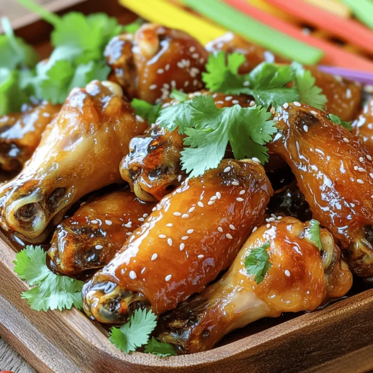 - 2 lbs chicken wings - 1/3 cup honey - 1/4 cup soy sauce (low sodium) - 4 cloves garlic, minced - 2 tablespoons rice vinegar - 1 tablespoon sesame oil - 1 tablespoon fresh ginger, grated - 1 teaspoon red pepper flakes (optional, for heat) When I make Sticky Honey Garlic Chicken Wings, I love to focus on quality and flavor. The chicken wings are the star of the dish. I prefer to use fresh wings for the best taste. Honey adds sweetness, while soy sauce gives that savory kick. Garlic and ginger bring a warm, aromatic flavor that blends well. Rice vinegar adds a touch of brightness. If you like heat, red pepper flakes can spice things up. - Fresh cilantro - Sesame seeds Garnishes are not just for looks; they add fresh flavor too. I like to sprinkle chopped cilantro on top for a pop of color and taste. Sesame seeds give a nice crunch and nutty flavor. These simple touches really elevate the dish. - Large mixing bowl - Baking sheet - Aluminum foil - Wire rack - Small saucepan Gathering the right tools makes cooking easier. A large mixing bowl is perfect for marinating. The baking sheet lined with aluminum foil helps with clean-up. The wire rack allows the wings to cook evenly. Lastly, a small saucepan is needed for the glaze. With these tools, you’re ready to create a tasty dinner treat. For the full recipe, check out the detailed instructions. First, grab a large bowl. You will combine the honey, soy sauce, minced garlic, rice vinegar, sesame oil, grated ginger, and red pepper flakes. Mix these ingredients well by whisking until they blend smoothly. This marinade will give the wings a sweet and savory taste. Now, take the chicken wings and add them to the bowl with the marinade. Toss the wings until they are fully coated. Once coated, cover the bowl and put it in the fridge. Let the wings marinate for at least one hour. If you have time, let them sit overnight for a deeper flavor. When you are ready to cook, preheat your oven to 400°F (200°C). Line a baking sheet with aluminum foil to make cleaning easy. Place a wire rack on top of the baking sheet. This rack will help the wings cook evenly. Now, arrange the marinated wings on the rack in a single layer. Discard any leftover marinade. Bake the wings in the preheated oven for 25-30 minutes. Flip them halfway through to ensure they cook evenly. The wings should turn golden brown and crispy. While they bake, pour the leftover marinade into a small saucepan. Bring it to a boil over medium heat. Reduce the heat and let it simmer for about 5-7 minutes until it thickens slightly. After the wings are done baking, take them out and toss them in the thickened marinade. Make sure they are well coated. Return the wings to the oven for an additional 5 minutes. This will caramelize the glaze, making them even more tasty. Once done, you can garnish the wings with chopped cilantro and sesame seeds. Enjoy your sticky honey garlic chicken wings! To get crispy wings, start by drying them well. Pat them with paper towels. This helps the skin crisp up nicely. Use a wire rack for baking. This allows air to circulate and keeps the wings from getting soggy. I recommend marinating the wings for at least one hour. For the best flavor, marinate them overnight. You have options for cooking your wings. Baking is easy and makes them crispy. Frying gives them a different texture, but it's messier. If you want to grill, the wings will gain a nice smoky flavor. Just be careful not to burn them. For serving, arrange the wings on a large platter. Garnish them with extra cilantro and sesame seeds. This adds color and makes them look great. You can pair them with crunchy vegetable sticks. A dipping sauce, like ranch or blue cheese, works well too. These tips make your wings a hit at gatherings. You can find the full recipe for Sticky Honey Garlic Chicken Wings in this article. {{image_2}} You can switch up the flavor of your sticky honey garlic chicken wings easily. Try adding different spices to the marinade. A dash of smoked paprika gives a nice depth. You can also mix in some chili powder for extra heat. Sweet and spicy combinations work well too. For a kick, add sriracha or gochujang to the honey mix. This brings a bold flavor that pairs well with the sweetness. If you want a different cooking style, you can use a slow cooker. Just mix the marinade and wings in the pot. Cook on low for 6-8 hours. This method makes the wings very tender. You can also use an Instant Pot for a quick meal. Cook the wings on high pressure for about 10 minutes. Quick release the pressure, then broil them for crispiness. Both methods give tasty results. Need gluten-free options? Use tamari instead of soy sauce. This keeps the flavor but makes it safe for gluten-free diets. If you prefer vegan wings, try using cauliflower or seitan. Coat them in the same marinade and bake as usual. Both options make a great substitute while keeping that sticky honey garlic taste. You can enjoy the same great flavor without the meat. To keep your sticky honey garlic chicken wings fresh, store them in an airtight container. Place the wings in the refrigerator if you plan to eat them within a few days. They will last up to 3-4 days in the fridge. If you want to keep them longer, freezing is a great option. For freezing, wrap the wings tightly in plastic wrap or foil, then place them in a freezer-safe bag. This prevents freezer burn. Properly stored, they can last up to 3 months in the freezer. When reheating chicken wings, it’s key to maintain their crispy texture. The best way to do this is by using an oven. Preheat the oven to 350°F (175°C). Place the wings on a baking sheet and heat for about 10-15 minutes. This method keeps them crispy and delicious. If you’re in a hurry, you can use a microwave. Place the wings on a microwave-safe plate. Heat them for 1-2 minutes, but know this will make them softer. For the best taste, the oven is the way to go. You can keep your wings in the fridge for up to 4 days. However, always check for signs of spoilage. If the wings smell off or look discolored, it’s best to throw them away. For frozen wings, they can maintain quality for 3 months. After that, they may still be safe but lose flavor and texture. Always trust your senses when it comes to food safety. You should marinate chicken wings for at least 1 hour. This time helps the wings soak up the flavors. For the best taste, I recommend marinating overnight. Longer marination allows the sauce to penetrate deeper into the meat. The result is juicy wings packed with flavor. Yes, you can use frozen chicken wings. Just make sure to thaw them first. Thaw the wings in the fridge overnight. If you're short on time, you can use the microwave. After thawing, pat them dry before marinating. This helps the wings get crispy when baked. Sticky Honey Garlic Chicken Wings go well with many side dishes. Here are some tasty options: - Crunchy vegetable sticks (carrots, celery) - Creamy ranch or blue cheese dressing for dipping - Coleslaw for a refreshing crunch - Rice or quinoa for a filling side - Sweet potato fries for a fun twist Mix and match these sides to create a fun and tasty dinner. For the full recipe, check out the Sticky Honey Garlic Chicken Wings section. You can create delicious Sticky Honey Garlic Chicken Wings using simple ingredients and tools. We covered how to marinate, bake, and even enhance flavors with spices. You also learned how to store and reheat leftovers properly. These wings are perfect for any gathering or snack. The options for variations mean you can keep it fresh each time. Now, get ready to enjoy great wings that everyone will love!