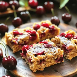 - 2 cups rolled oats - 1 cup pitted cherries, chopped - 1/2 cup almond butter - 1/2 cup honey or maple syrup - 1/2 cup chopped nuts or seeds - 1/4 cup chocolate chips or dried cherries - 1/2 teaspoon vanilla extract - 1/4 teaspoon salt - 1/2 teaspoon cinnamon When I make Cherry Oatmeal Breakfast Bars, I love to start with the main ingredients. The rolled oats form the base. They provide great texture and nutrients. Cherries add a sweet and tart flavor. Their bright color makes the bars look good too. Almond butter gives a rich, creamy taste. You can swap it with peanut butter if you like. Honey or maple syrup serves as a natural sweetener. For extra crunch or flavor, I add optional ingredients. Nuts or seeds enhance the nutrition and taste. Chocolate chips or dried cherries add a fun twist. Vanilla extract brings in a warm flavor. Salt balances the sweetness, while cinnamon adds warmth. You can find the full recipe at the end of this article. This recipe is simple and fun. It’s a great way to start your day or enjoy as a snack! - Preheat oven to 350°F (175°C). - Line an 8x8 inch baking pan with parchment paper. This helps with easy removal later. - In a bowl, combine 2 cups rolled oats, 1/2 teaspoon cinnamon, and 1/4 teaspoon salt. - Stir until they mix well. This step adds flavor and texture to your bars. - In another bowl, whisk together 1/2 cup almond butter, 1/2 cup honey, and 1/2 teaspoon vanilla extract. - Mix until smooth. This mixture brings moisture and sweetness to the bars. - Pour the almond butter mixture into the dry oats. - Mix thoroughly until the oats are coated. - Gently fold in 1 cup chopped cherries and 1/2 cup chopped nuts or seeds. - Transfer everything to the prepared pan. Press it down firmly and evenly. - Bake for 25-30 minutes, until the edges are golden brown. - Remove from the oven and let it cool for about 10 minutes. - Lift the bars out using the parchment paper and cool completely on a wire rack. - Cut into squares or bars of your choice. These steps lead you to delicious Cherry Oatmeal Breakfast Bars. For the complete recipe, check the Full Recipe section. To make your Cherry Oatmeal Breakfast Bars dense, press the mixture firmly into the pan. This helps the bars hold together better. Use your hands or a spatula to flatten the mixture evenly. After baking, let the bars cool in the pan for about ten minutes. This step makes them easier to cut and prevents crumbling. Using fresh cherries when they are in season brings out the best taste. Cherries add a sweet and juicy burst to each bite. You can also try adding spices like nutmeg or ginger. These spices can enhance the flavor and make your bars unique. Just a pinch can make a big difference! {{image_2}} You can easily change the fruit in your Cherry Oatmeal Breakfast Bars. If you prefer, swap out the cherries for blueberries or raspberries. Both fruits add a burst of flavor and color to the bars. Another fun idea is to use dried fruits. Cranberries or apricots work well and give a nice chewy texture. These swaps keep your breakfast exciting and tasty. Don’t worry if you don’t have almond butter. You can use peanut butter or sunflower seed butter instead. These options provide different flavors and nutrients. You can also play around with the nuts. Try walnuts, pecans, or even sunflower seeds for more crunch. Each nut brings its unique taste, making your bars a little different every time. If you need gluten-free options, it’s simple. Just use certified gluten-free oats. They work the same way as regular oats. This way, everyone can enjoy your Cherry Oatmeal Breakfast Bars, even those with gluten sensitivity. Enjoy these delicious bars without worry! For the full recipe, check out the details provided earlier. You can store your Cherry Oatmeal Breakfast Bars in an airtight container. Keep them at room temperature. They stay fresh for about a week. If you want them to last longer, consider freezing them. Freezing is a great way to keep these bars for longer. To freeze, wrap each bar in plastic wrap. Then, place the wrapped bars in a freezer bag. They can last up to three months in the freezer. When you want to enjoy a bar, take it out of the freezer. Let it thaw in the fridge overnight. If you need it faster, you can leave it at room temperature for a few hours. To reheat, pop it in the microwave for about 15-20 seconds. This will warm it up nicely. Enjoy! For the full recipe, check out the [Full Recipe]. Yes, you can use frozen cherries in these bars. Frozen cherries save time and add convenience. They are just as tasty and nutritious as fresh ones. When using frozen cherries, let them thaw before chopping. This helps mix them evenly into the dough. You might want to drain any excess juice to keep the bars from getting too wet. These bars can last up to a week at room temperature. Just keep them in an airtight container. If you store them in the fridge, they can stay fresh for up to two weeks. Be sure to wrap them tightly to keep them moist and tasty. Absolutely! To make these bars vegan, swap honey with maple syrup. You can also use a nut butter like almond or sunflower seed butter. These simple changes will keep the flavor amazing while making the bars plant-based. Oats are packed with health benefits. They are high in fiber, which helps digestion and keeps you full. Oats also contain essential vitamins and minerals, such as iron and magnesium. Plus, they may lower cholesterol, making them heart-healthy. The oats in these bars boost energy, making them a great breakfast or snack option. Enjoy them often for a nutritious treat! For the full recipe, check out the Cherry Oatmeal Breakfast Bars. You learned how to make Cherry Oatmeal Breakfast Bars using simple, nutritious ingredients. These bars are easy to mix, bake, and enjoy. You can customize them with your favorite fruits and nuts. Keeping them fresh is simple, whether at room temperature or in the freezer. I hope you try this recipe and enjoy it as much as I do. Healthy treats like these can make your mornings better!