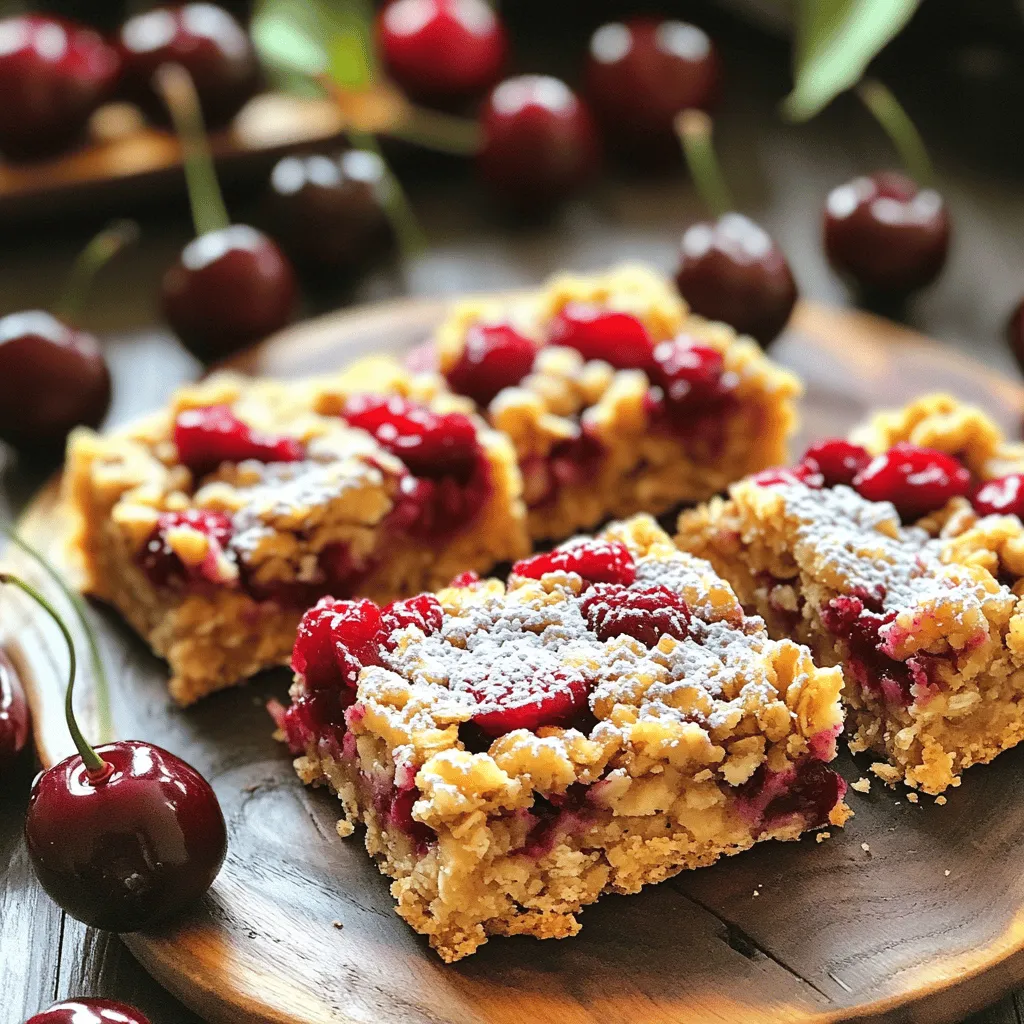 - 2 cups rolled oats - 1 cup pitted cherries, chopped - 1/2 cup almond butter - 1/2 cup honey or maple syrup - 1/2 cup chopped nuts or seeds - 1/4 cup chocolate chips or dried cherries - 1/2 teaspoon vanilla extract - 1/4 teaspoon salt - 1/2 teaspoon cinnamon When I make Cherry Oatmeal Breakfast Bars, I love to start with the main ingredients. The rolled oats form the base. They provide great texture and nutrients. Cherries add a sweet and tart flavor. Their bright color makes the bars look good too. Almond butter gives a rich, creamy taste. You can swap it with peanut butter if you like. Honey or maple syrup serves as a natural sweetener. For extra crunch or flavor, I add optional ingredients. Nuts or seeds enhance the nutrition and taste. Chocolate chips or dried cherries add a fun twist. Vanilla extract brings in a warm flavor. Salt balances the sweetness, while cinnamon adds warmth. You can find the full recipe at the end of this article. This recipe is simple and fun. It’s a great way to start your day or enjoy as a snack! - Preheat oven to 350°F (175°C). - Line an 8x8 inch baking pan with parchment paper. This helps with easy removal later. - In a bowl, combine 2 cups rolled oats, 1/2 teaspoon cinnamon, and 1/4 teaspoon salt. - Stir until they mix well. This step adds flavor and texture to your bars. - In another bowl, whisk together 1/2 cup almond butter, 1/2 cup honey, and 1/2 teaspoon vanilla extract. - Mix until smooth. This mixture brings moisture and sweetness to the bars. - Pour the almond butter mixture into the dry oats. - Mix thoroughly until the oats are coated. - Gently fold in 1 cup chopped cherries and 1/2 cup chopped nuts or seeds. - Transfer everything to the prepared pan. Press it down firmly and evenly. - Bake for 25-30 minutes, until the edges are golden brown. - Remove from the oven and let it cool for about 10 minutes. - Lift the bars out using the parchment paper and cool completely on a wire rack. - Cut into squares or bars of your choice. These steps lead you to delicious Cherry Oatmeal Breakfast Bars. For the complete recipe, check the Full Recipe section. To make your Cherry Oatmeal Breakfast Bars dense, press the mixture firmly into the pan. This helps the bars hold together better. Use your hands or a spatula to flatten the mixture evenly. After baking, let the bars cool in the pan for about ten minutes. This step makes them easier to cut and prevents crumbling. Using fresh cherries when they are in season brings out the best taste. Cherries add a sweet and juicy burst to each bite. You can also try adding spices like nutmeg or ginger. These spices can enhance the flavor and make your bars unique. Just a pinch can make a big difference! {{image_2}} You can easily change the fruit in your Cherry Oatmeal Breakfast Bars. If you prefer, swap out the cherries for blueberries or raspberries. Both fruits add a burst of flavor and color to the bars. Another fun idea is to use dried fruits. Cranberries or apricots work well and give a nice chewy texture. These swaps keep your breakfast exciting and tasty. Don’t worry if you don’t have almond butter. You can use peanut butter or sunflower seed butter instead. These options provide different flavors and nutrients. You can also play around with the nuts. Try walnuts, pecans, or even sunflower seeds for more crunch. Each nut brings its unique taste, making your bars a little different every time. If you need gluten-free options, it’s simple. Just use certified gluten-free oats. They work the same way as regular oats. This way, everyone can enjoy your Cherry Oatmeal Breakfast Bars, even those with gluten sensitivity. Enjoy these delicious bars without worry! For the full recipe, check out the details provided earlier. You can store your Cherry Oatmeal Breakfast Bars in an airtight container. Keep them at room temperature. They stay fresh for about a week. If you want them to last longer, consider freezing them. Freezing is a great way to keep these bars for longer. To freeze, wrap each bar in plastic wrap. Then, place the wrapped bars in a freezer bag. They can last up to three months in the freezer. When you want to enjoy a bar, take it out of the freezer. Let it thaw in the fridge overnight. If you need it faster, you can leave it at room temperature for a few hours. To reheat, pop it in the microwave for about 15-20 seconds. This will warm it up nicely. Enjoy! For the full recipe, check out the [Full Recipe]. Yes, you can use frozen cherries in these bars. Frozen cherries save time and add convenience. They are just as tasty and nutritious as fresh ones. When using frozen cherries, let them thaw before chopping. This helps mix them evenly into the dough. You might want to drain any excess juice to keep the bars from getting too wet. These bars can last up to a week at room temperature. Just keep them in an airtight container. If you store them in the fridge, they can stay fresh for up to two weeks. Be sure to wrap them tightly to keep them moist and tasty. Absolutely! To make these bars vegan, swap honey with maple syrup. You can also use a nut butter like almond or sunflower seed butter. These simple changes will keep the flavor amazing while making the bars plant-based. Oats are packed with health benefits. They are high in fiber, which helps digestion and keeps you full. Oats also contain essential vitamins and minerals, such as iron and magnesium. Plus, they may lower cholesterol, making them heart-healthy. The oats in these bars boost energy, making them a great breakfast or snack option. Enjoy them often for a nutritious treat! For the full recipe, check out the Cherry Oatmeal Breakfast Bars. You learned how to make Cherry Oatmeal Breakfast Bars using simple, nutritious ingredients. These bars are easy to mix, bake, and enjoy. You can customize them with your favorite fruits and nuts. Keeping them fresh is simple, whether at room temperature or in the freezer. I hope you try this recipe and enjoy it as much as I do. Healthy treats like these can make your mornings better!