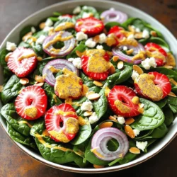 To make the Strawberry Spinach Salad with Poppy Seed Dressing, gather the following items: - 5 cups fresh spinach leaves, washed and dried - 2 cups fresh strawberries, hulled and sliced - 1/2 cup red onion, thinly sliced - 1/4 cup slivered almonds (toasted if possible) - 1/4 cup feta cheese, crumbled For the Poppy Seed Dressing: - 1/4 cup olive oil - 2 tablespoons apple cider vinegar - 2 tablespoons honey - 1 tablespoon poppy seeds - Salt and pepper to taste These simple ingredients work together to create a refreshing dish. You can add your own touch to this salad. Here are some ideas: - Grilled chicken or shrimp for protein - Avocado slices for creaminess - Other nuts like walnuts or pecans - Mixed greens or arugula for a different base - Fresh herbs like mint or basil for extra flavor Feel free to mix and match to suit your taste! This salad is not only tasty; it's also nutritious. Here’s a brief overview: - Calories: Low in calories, making it great for light meals. - Vitamins: Spinach and strawberries pack in vitamins A and C. - Healthy Fats: Olive oil provides healthy fats for heart health. - Fiber: Fresh fruits and veggies offer fiber for digestion. For more detailed nutritional information, refer to the Full Recipe. Enjoy this delicious and healthy salad! To make the poppy seed dressing, I use a small mixing bowl. First, I whisk together 1/4 cup of olive oil, 2 tablespoons of apple cider vinegar, and 2 tablespoons of honey. This mix should be smooth and well-blended. Next, I add 1 tablespoon of poppy seeds. Finally, I season with salt and pepper to taste. I set the dressing aside while I prepare the salad. For the salad, I take a large bowl and add 5 cups of fresh spinach leaves as the base. I love washing and drying the spinach leaves to keep them crisp. Then, I layer 2 cups of sliced strawberries on top. The bright red strawberries look amazing against the green spinach. I also add 1/2 cup of thinly sliced red onion for some crunch. After that, I drizzle the poppy seed dressing all over the salad. I make sure to coat the greens and fruit evenly. With salad tongs, I gently toss the salad to mix everything without bruising the spinach. For the final touch, I sprinkle 1/4 cup of toasted slivered almonds and 1/4 cup of crumbled feta cheese on top. This adds extra flavor and texture. I suggest serving the salad right away for the freshest taste. If you like it colder, you can chill it for about 15 minutes. This salad looks beautiful on the table, and it tastes even better. If you want to see the full recipe, check it out [Full Recipe]. To make a great strawberry spinach salad, start with fresh ingredients. Look for vibrant green spinach. It should be crisp and free from wilting. For the best strawberries, choose ones that are bright red and smell sweet. Check for firm berries with no bruises. When it comes to red onion, select a firm bulb with smooth skin. Fresh feta cheese will have a creamy texture. Look for cheese that is not overly dry. Always shop at local farmers' markets or grocery stores known for quality produce. Fresh ingredients make all the difference. One common mistake is using old spinach. Always check for freshness. Wilting leaves can ruin the salad's taste. Another mistake is heavy-handed dressing. Too much dressing can drown flavors. It’s best to start with a little and add more if needed. Be careful when tossing the salad. Tossing too hard can bruise the spinach. This can make your salad look sad. Lastly, avoid pre-slicing strawberries too early. They can become mushy and lose their freshness. Gently toss your salad for the best results. Use salad tongs or your hands to combine the ingredients. Start with the spinach as your base. Add the strawberries and onion on top. Drizzle the poppy seed dressing evenly over the salad. When tossing, use a light hand. Lift the salad from the bottom and fold it over. This helps to coat the greens without bruising them. Finish by adding the toasted almonds and feta on top. Toss lightly just before serving for the freshest flavor. For the full recipe, refer to the recipe section. {{image_2}} You can switch up this salad with seasonal fruits. In summer, add peaches or blueberries for a fruity twist. In fall, try apples or pears for a crisp bite. Each fruit adds its own flavor, making the salad fresh and exciting. You can also mix in seasonal veggies like cucumbers in summer or roasted butternut squash in fall. This keeps your salad vibrant all year round. While the poppy seed dressing shines, feel free to experiment. A balsamic vinaigrette offers a tangy kick. A honey mustard dressing brings sweetness and a bit of spice. You might also enjoy a creamy yogurt dressing for a richer taste. Each dressing changes the whole salad vibe, so have fun with it! If you need a dairy-free option, skip the feta and use avocado instead. For nut allergies, swap the slivered almonds for pumpkin seeds. You can also make the dressing vegan by using maple syrup instead of honey. These changes keep the salad tasty while meeting special dietary needs. Enjoy making it your own! To store leftovers, place the salad in an airtight container. This keeps it fresh longer. If you have dressing left, store it separately. Adding dressing can make the salad soggy. Use a container that seals tightly to avoid spills. For fresh ingredients, wash and dry spinach before storage. Keep strawberries in their container to avoid bruising. Place red onion in a cool, dark place. Almonds should stay in a sealed bag to stay crunchy. Feta cheese can last longer if you keep it in its brine. This salad stays good in the fridge for about 2 days. After that, the spinach may wilt and the strawberries can spoil. If you store the dressing separately, it can last up to a week. Enjoy this Strawberry Spinach Delight for maximum freshness, or check the Full Recipe for more tips! Yes, you can make the dressing ahead of time. Just mix the olive oil, apple cider vinegar, honey, and poppy seeds in a bowl. Store it in a jar with a lid. Keep it in the fridge for up to a week. Before using, shake it well to mix the ingredients again. This allows the flavors to blend nicely. If you don’t have feta cheese, don’t worry. You can use goat cheese for a tangy taste. Creamy ricotta is a milder choice. For a dairy-free option, try crumbled tofu or nutritional yeast. Each of these adds a nice flavor and texture to your salad. Absolutely! Adding protein makes the salad more filling. Grilled chicken is a great choice. You can also add shrimp or tofu for a vegetarian option. Hard-boiled eggs add a creamy touch. Try any of these for a tasty twist on your salad. For the full recipe, be sure to check out the details above. This blog post covered the key ingredients, steps, and tips for making a salad with poppy seed dressing. You learned how to prepare the dressing, assemble the salad, and serve it beautifully. I shared helpful tips for fresh ingredients and common mistakes to avoid. Don’t forget the variations and storage tips to keep your salad fresh. Remember, creative choices can make your salad special. Enjoy making this dish your own, and feel free to explore different flavors!