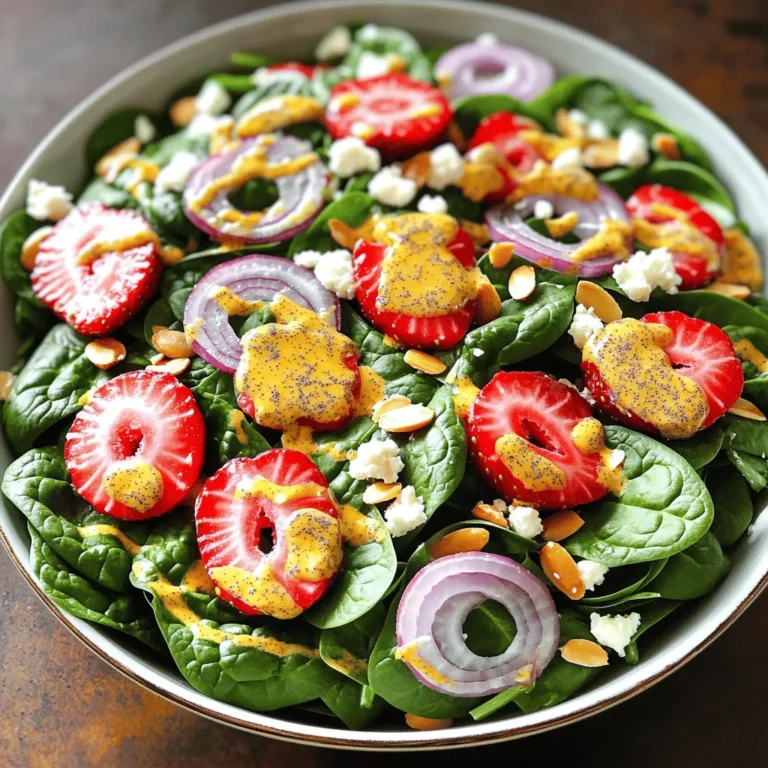 To make the Strawberry Spinach Salad with Poppy Seed Dressing, gather the following items: - 5 cups fresh spinach leaves, washed and dried - 2 cups fresh strawberries, hulled and sliced - 1/2 cup red onion, thinly sliced - 1/4 cup slivered almonds (toasted if possible) - 1/4 cup feta cheese, crumbled For the Poppy Seed Dressing: - 1/4 cup olive oil - 2 tablespoons apple cider vinegar - 2 tablespoons honey - 1 tablespoon poppy seeds - Salt and pepper to taste These simple ingredients work together to create a refreshing dish. You can add your own touch to this salad. Here are some ideas: - Grilled chicken or shrimp for protein - Avocado slices for creaminess - Other nuts like walnuts or pecans - Mixed greens or arugula for a different base - Fresh herbs like mint or basil for extra flavor Feel free to mix and match to suit your taste! This salad is not only tasty; it's also nutritious. Here’s a brief overview: - Calories: Low in calories, making it great for light meals. - Vitamins: Spinach and strawberries pack in vitamins A and C. - Healthy Fats: Olive oil provides healthy fats for heart health. - Fiber: Fresh fruits and veggies offer fiber for digestion. For more detailed nutritional information, refer to the Full Recipe. Enjoy this delicious and healthy salad! To make the poppy seed dressing, I use a small mixing bowl. First, I whisk together 1/4 cup of olive oil, 2 tablespoons of apple cider vinegar, and 2 tablespoons of honey. This mix should be smooth and well-blended. Next, I add 1 tablespoon of poppy seeds. Finally, I season with salt and pepper to taste. I set the dressing aside while I prepare the salad. For the salad, I take a large bowl and add 5 cups of fresh spinach leaves as the base. I love washing and drying the spinach leaves to keep them crisp. Then, I layer 2 cups of sliced strawberries on top. The bright red strawberries look amazing against the green spinach. I also add 1/2 cup of thinly sliced red onion for some crunch. After that, I drizzle the poppy seed dressing all over the salad. I make sure to coat the greens and fruit evenly. With salad tongs, I gently toss the salad to mix everything without bruising the spinach. For the final touch, I sprinkle 1/4 cup of toasted slivered almonds and 1/4 cup of crumbled feta cheese on top. This adds extra flavor and texture. I suggest serving the salad right away for the freshest taste. If you like it colder, you can chill it for about 15 minutes. This salad looks beautiful on the table, and it tastes even better. If you want to see the full recipe, check it out [Full Recipe]. To make a great strawberry spinach salad, start with fresh ingredients. Look for vibrant green spinach. It should be crisp and free from wilting. For the best strawberries, choose ones that are bright red and smell sweet. Check for firm berries with no bruises. When it comes to red onion, select a firm bulb with smooth skin. Fresh feta cheese will have a creamy texture. Look for cheese that is not overly dry. Always shop at local farmers' markets or grocery stores known for quality produce. Fresh ingredients make all the difference. One common mistake is using old spinach. Always check for freshness. Wilting leaves can ruin the salad's taste. Another mistake is heavy-handed dressing. Too much dressing can drown flavors. It’s best to start with a little and add more if needed. Be careful when tossing the salad. Tossing too hard can bruise the spinach. This can make your salad look sad. Lastly, avoid pre-slicing strawberries too early. They can become mushy and lose their freshness. Gently toss your salad for the best results. Use salad tongs or your hands to combine the ingredients. Start with the spinach as your base. Add the strawberries and onion on top. Drizzle the poppy seed dressing evenly over the salad. When tossing, use a light hand. Lift the salad from the bottom and fold it over. This helps to coat the greens without bruising them. Finish by adding the toasted almonds and feta on top. Toss lightly just before serving for the freshest flavor. For the full recipe, refer to the recipe section. {{image_2}} You can switch up this salad with seasonal fruits. In summer, add peaches or blueberries for a fruity twist. In fall, try apples or pears for a crisp bite. Each fruit adds its own flavor, making the salad fresh and exciting. You can also mix in seasonal veggies like cucumbers in summer or roasted butternut squash in fall. This keeps your salad vibrant all year round. While the poppy seed dressing shines, feel free to experiment. A balsamic vinaigrette offers a tangy kick. A honey mustard dressing brings sweetness and a bit of spice. You might also enjoy a creamy yogurt dressing for a richer taste. Each dressing changes the whole salad vibe, so have fun with it! If you need a dairy-free option, skip the feta and use avocado instead. For nut allergies, swap the slivered almonds for pumpkin seeds. You can also make the dressing vegan by using maple syrup instead of honey. These changes keep the salad tasty while meeting special dietary needs. Enjoy making it your own! To store leftovers, place the salad in an airtight container. This keeps it fresh longer. If you have dressing left, store it separately. Adding dressing can make the salad soggy. Use a container that seals tightly to avoid spills. For fresh ingredients, wash and dry spinach before storage. Keep strawberries in their container to avoid bruising. Place red onion in a cool, dark place. Almonds should stay in a sealed bag to stay crunchy. Feta cheese can last longer if you keep it in its brine. This salad stays good in the fridge for about 2 days. After that, the spinach may wilt and the strawberries can spoil. If you store the dressing separately, it can last up to a week. Enjoy this Strawberry Spinach Delight for maximum freshness, or check the Full Recipe for more tips! Yes, you can make the dressing ahead of time. Just mix the olive oil, apple cider vinegar, honey, and poppy seeds in a bowl. Store it in a jar with a lid. Keep it in the fridge for up to a week. Before using, shake it well to mix the ingredients again. This allows the flavors to blend nicely. If you don’t have feta cheese, don’t worry. You can use goat cheese for a tangy taste. Creamy ricotta is a milder choice. For a dairy-free option, try crumbled tofu or nutritional yeast. Each of these adds a nice flavor and texture to your salad. Absolutely! Adding protein makes the salad more filling. Grilled chicken is a great choice. You can also add shrimp or tofu for a vegetarian option. Hard-boiled eggs add a creamy touch. Try any of these for a tasty twist on your salad. For the full recipe, be sure to check out the details above. This blog post covered the key ingredients, steps, and tips for making a salad with poppy seed dressing. You learned how to prepare the dressing, assemble the salad, and serve it beautifully. I shared helpful tips for fresh ingredients and common mistakes to avoid. Don’t forget the variations and storage tips to keep your salad fresh. Remember, creative choices can make your salad special. Enjoy making this dish your own, and feel free to explore different flavors!