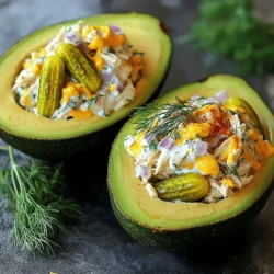 - 2 ripe avocados - 2 cups cooked chicken, shredded - 1/2 cup dill pickles, finely chopped - 1/4 cup red onion, finely diced - 1/4 cup Greek yogurt - 2 tablespoons Dijon mustard - 1 teaspoon garlic powder - 1 tablespoon fresh dill (or 1 teaspoon dried dill) - Salt and pepper to taste - 1 tablespoon lemon juice - Optional: paprika or cayenne pepper When making my pickle chicken salad stuffed avocados, I focus on fresh ingredients. First, I grab ripe avocados. Their soft texture makes them perfect for stuffing. Next, I use shredded chicken. You can use leftover chicken or rotisserie chicken for ease. The star of the show? Dill pickles! Their tangy crunch adds a delightful twist. I also include red onion for some bite. Greek yogurt serves as a creamy base. It makes the salad rich without being too heavy. Dijon mustard adds a nice zip. Don’t forget the seasonings! Garlic powder and fresh dill elevate the flavor. A squeeze of lemon juice brightens the dish. Finally, I add salt and pepper to taste. If you like a little heat, sprinkle some paprika or cayenne pepper on top. This adds color and a kick! For the full recipe, check out the detailed instructions. Enjoy every bite of this tasty treat! - Slice avocados in half and remove the pit. - Scoop out a bit of flesh for more filling space. First, take your ripe avocados. Cut them down the middle. Twist to separate the halves. Use a spoon to scoop out the pit. Be careful not to cut yourself. Then, gently scoop out a little of the green flesh. This gives you more room for the chicken salad. Save that extra scoop in a small bowl. You’ll mix it into the salad later. - Combine all ingredients in a mixing bowl. - Mix until well combined and season. Now, grab a mixing bowl. Add in the shredded chicken, chopped dill pickles, and diced red onion. Next, add in the Greek yogurt and Dijon mustard. Sprinkle in the garlic powder and fresh dill. Don't forget the lemon juice and that reserved avocado flesh! It all blends together nicely. Mix well until it’s all combined. Taste it and add salt and pepper as you like. You want it to burst with flavor! - Spoon the chicken salad mixture into avocado halves. - Optional: Sprinkle paprika or cayenne pepper on top. Time to fill those avocado halves! Use a spoon to scoop the chicken salad into each half. Pack it in generously, so they are nice and full. For a little extra flair, you can sprinkle paprika or cayenne pepper on top. This adds a fun pop of color and a bit of spice. Your Pickle Chicken Salad Stuffed Avocados are now ready to serve! Check out the Full Recipe for more details. To select the perfect avocados, look for ones that feel slightly soft when gently squeezed. Avoid any with dark spots or wrinkles. A ripe avocado should have a rich green color under the skin. If you find firm avocados, let them ripen at room temperature. This process usually takes a few days. Once ripe, store them in the fridge to slow down further ripening. You can easily customize your chicken salad. Try adding diced celery for a crunchy bite. Bell peppers also add color and sweetness. For a twist, include chopped apples or nuts for texture. You can replace chicken with tuna or chickpeas for a different flavor. Feel free to adjust the amount of pickles to suit your taste. This recipe is versatile and allows for many delicious changes. Stuffed avocados pair well with a fresh salad or crispy tortilla chips. You can also serve them with a light soup for a filling meal. For drinks, consider iced tea or a sparkling lemonade. These options balance the richness of the avocado and chicken salad. Enjoy your dish with friends for a fun, casual gathering. For the full recipe, check out the [Full Recipe] link. {{image_2}} You can easily substitute chicken with other proteins. Tuna works well in this dish. It adds a nice flavor and texture. Chickpeas are also a great choice for a plant-based option. They give a hearty feel while keeping it healthy. Try these swaps for a fun twist! Add different spices or herbs to change up the taste. For a fresh kick, include cilantro or parsley. You can also sprinkle in some smoked paprika for depth. A dash of hot sauce can give it a spicy edge. Feel free to experiment with your favorite flavors. To make this recipe low-carb, you can skip the Greek yogurt. Instead, use avocado or sour cream for creaminess. You can also replace the chicken with shredded turkey, which is lower in carbs. Using less avocado flesh in the recipe helps keep it light too. Enjoy these options without losing the great taste! To store leftover pickle chicken salad stuffed avocados, place them in an airtight container. This keeps the avocados fresh and prevents browning. If you have extra filling, store it separately to maintain texture. You can refrigerate for up to two days. I do not recommend freezing stuffed avocados. The texture changes when frozen. The creamy avocado may become mushy when thawed. However, you can freeze the chicken salad filling for up to a month. Thaw it in the fridge before serving. When stored properly in the fridge, stuffed avocados last about two days. The filling stays good for up to three days. Always check for signs of spoilage, like bad smells or discoloration. Enjoy your delicious dish while it’s fresh! For the full recipe, check the main article. If you need a creamy base, you can try sour cream. It adds a nice tang. Another good option is mayonnaise. It gives a rich taste, too. For a lighter choice, consider using cottage cheese. Blend it for a smoother texture. You can also use plant-based yogurt if you prefer dairy-free options. Each choice will bring a unique flavor to your pickle chicken salad. To check if an avocado is ripe, gently press the skin. It should feel soft but not mushy. Look for a dark green or black color. If the avocado is still green, let it ripen on your counter. To speed up ripening, place it in a brown bag with a banana. This traps ethylene gas and helps the avocado soften faster. Yes, you can prep stuffed avocados ahead of time. However, keep the avocado and filling separate until you are ready to eat. This keeps the avocado from browning and the filling fresh. You can mix the pickle chicken salad a day before. Just store it in an airtight container in the fridge. When ready to serve, scoop the mixture into the avocado halves. Enjoy your tasty treat! For the full recipe, check out the details above. You now have a delicious recipe for pickle chicken salad stuffed in avocados. We covered the main and additional ingredients, easy steps to prepare, and tips for picking ripe avocados. Don't forget the fun variations, from protein swaps to low-carb options. Store leftovers properly for later enjoyment, and feel free to customize to your taste. Enjoy this refreshing dish as a meal or snack!