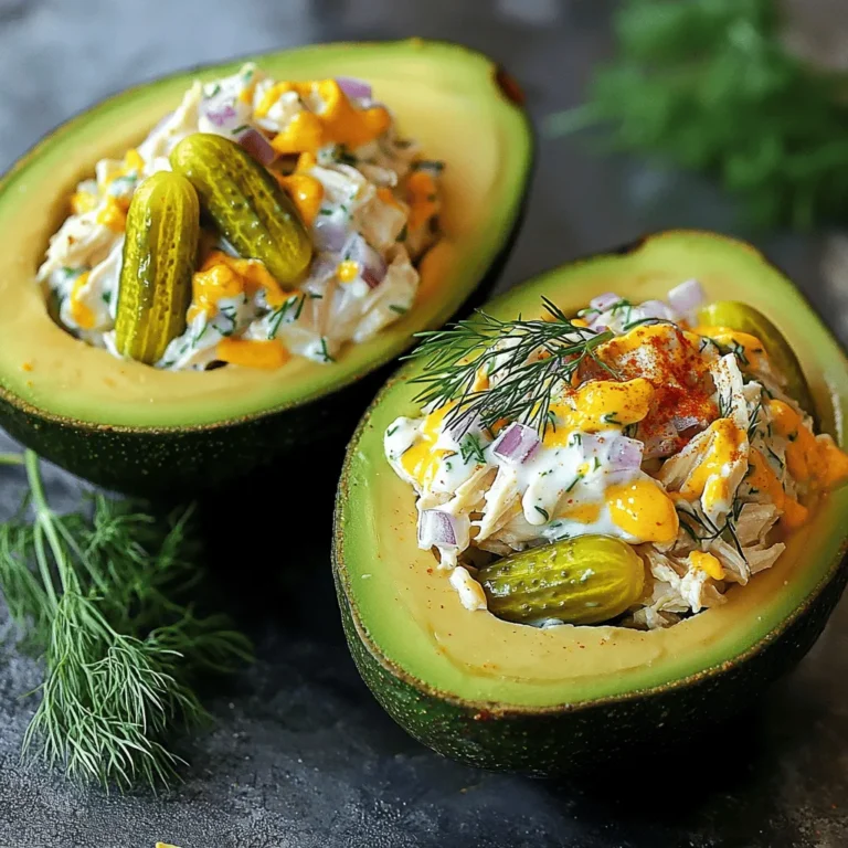 - 2 ripe avocados - 2 cups cooked chicken, shredded - 1/2 cup dill pickles, finely chopped - 1/4 cup red onion, finely diced - 1/4 cup Greek yogurt - 2 tablespoons Dijon mustard - 1 teaspoon garlic powder - 1 tablespoon fresh dill (or 1 teaspoon dried dill) - Salt and pepper to taste - 1 tablespoon lemon juice - Optional: paprika or cayenne pepper When making my pickle chicken salad stuffed avocados, I focus on fresh ingredients. First, I grab ripe avocados. Their soft texture makes them perfect for stuffing. Next, I use shredded chicken. You can use leftover chicken or rotisserie chicken for ease. The star of the show? Dill pickles! Their tangy crunch adds a delightful twist. I also include red onion for some bite. Greek yogurt serves as a creamy base. It makes the salad rich without being too heavy. Dijon mustard adds a nice zip. Don’t forget the seasonings! Garlic powder and fresh dill elevate the flavor. A squeeze of lemon juice brightens the dish. Finally, I add salt and pepper to taste. If you like a little heat, sprinkle some paprika or cayenne pepper on top. This adds color and a kick! For the full recipe, check out the detailed instructions. Enjoy every bite of this tasty treat! - Slice avocados in half and remove the pit. - Scoop out a bit of flesh for more filling space. First, take your ripe avocados. Cut them down the middle. Twist to separate the halves. Use a spoon to scoop out the pit. Be careful not to cut yourself. Then, gently scoop out a little of the green flesh. This gives you more room for the chicken salad. Save that extra scoop in a small bowl. You’ll mix it into the salad later. - Combine all ingredients in a mixing bowl. - Mix until well combined and season. Now, grab a mixing bowl. Add in the shredded chicken, chopped dill pickles, and diced red onion. Next, add in the Greek yogurt and Dijon mustard. Sprinkle in the garlic powder and fresh dill. Don't forget the lemon juice and that reserved avocado flesh! It all blends together nicely. Mix well until it’s all combined. Taste it and add salt and pepper as you like. You want it to burst with flavor! - Spoon the chicken salad mixture into avocado halves. - Optional: Sprinkle paprika or cayenne pepper on top. Time to fill those avocado halves! Use a spoon to scoop the chicken salad into each half. Pack it in generously, so they are nice and full. For a little extra flair, you can sprinkle paprika or cayenne pepper on top. This adds a fun pop of color and a bit of spice. Your Pickle Chicken Salad Stuffed Avocados are now ready to serve! Check out the Full Recipe for more details. To select the perfect avocados, look for ones that feel slightly soft when gently squeezed. Avoid any with dark spots or wrinkles. A ripe avocado should have a rich green color under the skin. If you find firm avocados, let them ripen at room temperature. This process usually takes a few days. Once ripe, store them in the fridge to slow down further ripening. You can easily customize your chicken salad. Try adding diced celery for a crunchy bite. Bell peppers also add color and sweetness. For a twist, include chopped apples or nuts for texture. You can replace chicken with tuna or chickpeas for a different flavor. Feel free to adjust the amount of pickles to suit your taste. This recipe is versatile and allows for many delicious changes. Stuffed avocados pair well with a fresh salad or crispy tortilla chips. You can also serve them with a light soup for a filling meal. For drinks, consider iced tea or a sparkling lemonade. These options balance the richness of the avocado and chicken salad. Enjoy your dish with friends for a fun, casual gathering. For the full recipe, check out the [Full Recipe] link. {{image_2}} You can easily substitute chicken with other proteins. Tuna works well in this dish. It adds a nice flavor and texture. Chickpeas are also a great choice for a plant-based option. They give a hearty feel while keeping it healthy. Try these swaps for a fun twist! Add different spices or herbs to change up the taste. For a fresh kick, include cilantro or parsley. You can also sprinkle in some smoked paprika for depth. A dash of hot sauce can give it a spicy edge. Feel free to experiment with your favorite flavors. To make this recipe low-carb, you can skip the Greek yogurt. Instead, use avocado or sour cream for creaminess. You can also replace the chicken with shredded turkey, which is lower in carbs. Using less avocado flesh in the recipe helps keep it light too. Enjoy these options without losing the great taste! To store leftover pickle chicken salad stuffed avocados, place them in an airtight container. This keeps the avocados fresh and prevents browning. If you have extra filling, store it separately to maintain texture. You can refrigerate for up to two days. I do not recommend freezing stuffed avocados. The texture changes when frozen. The creamy avocado may become mushy when thawed. However, you can freeze the chicken salad filling for up to a month. Thaw it in the fridge before serving. When stored properly in the fridge, stuffed avocados last about two days. The filling stays good for up to three days. Always check for signs of spoilage, like bad smells or discoloration. Enjoy your delicious dish while it’s fresh! For the full recipe, check the main article. If you need a creamy base, you can try sour cream. It adds a nice tang. Another good option is mayonnaise. It gives a rich taste, too. For a lighter choice, consider using cottage cheese. Blend it for a smoother texture. You can also use plant-based yogurt if you prefer dairy-free options. Each choice will bring a unique flavor to your pickle chicken salad. To check if an avocado is ripe, gently press the skin. It should feel soft but not mushy. Look for a dark green or black color. If the avocado is still green, let it ripen on your counter. To speed up ripening, place it in a brown bag with a banana. This traps ethylene gas and helps the avocado soften faster. Yes, you can prep stuffed avocados ahead of time. However, keep the avocado and filling separate until you are ready to eat. This keeps the avocado from browning and the filling fresh. You can mix the pickle chicken salad a day before. Just store it in an airtight container in the fridge. When ready to serve, scoop the mixture into the avocado halves. Enjoy your tasty treat! For the full recipe, check out the details above. You now have a delicious recipe for pickle chicken salad stuffed in avocados. We covered the main and additional ingredients, easy steps to prepare, and tips for picking ripe avocados. Don't forget the fun variations, from protein swaps to low-carb options. Store leftovers properly for later enjoyment, and feel free to customize to your taste. Enjoy this refreshing dish as a meal or snack!