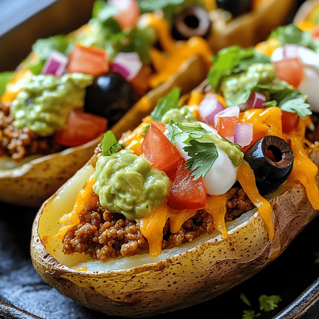 - 4 large russet potatoes - 1 cup cooked ground beef or turkey (seasoned with taco seasoning) - 1 cup shredded cheddar cheese - 1/2 cup diced tomatoes - 1/4 cup chopped red onion - 1/4 cup sliced black olives - 1/4 cup sour cream - 1/4 cup guacamole - Fresh cilantro, for garnish - Olive oil - Salt and pepper to taste When making Loaded Taco Potato Skins, start with the main ingredients. Large russet potatoes are the best choice. They are thick and sturdy, which helps hold the toppings. Next, you'll need cooked ground beef or turkey. Season it with taco seasoning for that perfect flavor. Shredded cheddar cheese adds a rich and creamy touch. For toppings, diced tomatoes bring freshness. Chopped red onion adds a nice crunch. Sliced black olives give a salty bite. Sour cream and guacamole provide creaminess. Fresh cilantro makes it look pretty and adds a pop of flavor. You will also need olive oil, salt, and pepper. These help with cooking and flavor. You can find the full recipe [here](insert-link). 1. Preheat oven and prepare potatoes: Start by preheating your oven to 400°F (200°C). While it heats, scrub your russet potatoes under cold water. Make sure to dry them well. This step helps the skins get crispy. 2. Baking the potatoes until tender: Use a fork to poke holes in each potato. This allows steam to escape while baking. Rub the potatoes with olive oil and sprinkle a little salt on them. Place the potatoes directly on the oven rack. Bake for 45 to 60 minutes. They should feel soft when poked with a fork. 1. Cooling and cutting the baked potatoes: After baking, carefully take the hot potatoes out of the oven. Let them cool for a few minutes. This makes handling easier. Reduce the oven temperature to 375°F (190°C). 2. Scooping out the flesh and preparing for filling: Cut each potato in half lengthwise. Use a spoon to scoop out some of the flesh. Leave about 1/4 inch of potato intact for support. Save the scooped-out potato for another recipe, like mashed potatoes. 1. Adding ground meat and cheese: Brush the inside of each potato skin with olive oil. Sprinkle with salt and pepper. Fill each skin with the seasoned ground meat. Next, top with shredded cheddar cheese for that gooey goodness. 2. Final baking for melting cheese: Place the filled potato skins on a baking sheet, cut side up. Bake them for another 15 to 20 minutes. The cheese should melt and bubble. Now your Loaded Taco Potato Skins are ready to be topped with diced tomatoes, red onions, and olives. You can drizzle sour cream and guacamole on top. For the full recipe, check out the details earlier. Enjoy your tasty creation! To ensure crispy potato skins, start with your potatoes. Choose large russet potatoes. They have thick skins that crisp up well. Before baking, poke holes in them. This lets steam escape. After baking, brush the insides with olive oil and sprinkle salt. This adds flavor and helps them crisp. For seasoning the filling, use a good taco seasoning. You can mix it with your cooked ground beef or turkey. Then, add a pinch of salt and pepper. This will enhance the taste. Don't forget to taste the filling before stuffing the skins! Pair your loaded taco potato skins with drinks like soda or beer. They also go well with a fresh salad or guacamole on the side. For gatherings, serve them on a colorful platter. Add some fresh cilantro on top for a nice touch. This makes them look appealing and inviting. To prep potatoes beforehand, wash and poke them. You can then wrap them in foil and store them in the fridge. This will keep them fresh for later use. Yes, you can freeze taco potato skins! After baking, let them cool. Then, wrap each skin in plastic wrap and place them in a freezer bag. When you're ready to eat, thaw them overnight in the fridge. Reheat in the oven for that crispy texture. For the full recipe, check out the [Full Recipe]. {{image_2}} You can easily make loaded taco potato skins vegetarian. Instead of meat, use veggies like mushrooms or bell peppers. You can also add beans, such as black beans or pinto beans. These add protein and keep the dish hearty. For cheese lovers, try vegan cheese to keep it plant-based. It melts well and tastes great. Cheese is key to great flavor. Try different types of cheese to mix things up. Pepper jack adds a nice kick, while mozzarella gives a creamy texture. You can also play with spices. Sprinkle in cumin or smoked paprika for extra depth. Fresh herbs like cilantro or parsley can brighten the dish too. Toppings can change the whole vibe of your potato skins. Sour cream is classic, but you can also use Greek yogurt for a twist. Avocado is a great addition if you love creamy textures. Want it spicy? Add sliced jalapeños or a drizzle of hot sauce. You can mix and match toppings to suit your taste. Enjoy exploring different combinations! To keep your loaded taco potato skins fresh, store them in the fridge. First, let them cool to room temperature. Then, place them in an airtight container. Make sure to stack them carefully. This helps keep the toppings intact. You should eat them within three days for best taste. When you're ready to enjoy your leftovers, use the oven to reheat. Preheat it to 350°F (175°C). Place the potato skins on a baking sheet. Heat them for about 10-15 minutes. This method keeps the skins crispy. If you're in a hurry, you can use the microwave, but it may make them soft. To keep the flavor, add a bit of fresh topping after reheating. To freeze your loaded taco potato skins, first cool them completely. Wrap each skin tightly in plastic wrap. Then, place them in a freezer bag. Try to remove as much air as possible. They can last up to three months. When you're ready to eat, take them out and let them thaw in the fridge overnight. To reheat, follow the oven method mentioned above. This way, you maintain that yummy texture and flavor. Enjoy your loaded taco potato skins anytime! For the full recipe, check out the section above. To make the best Loaded Taco Potato Skins, start with large russet potatoes. They have a good balance of starch and moisture. Look for potatoes that feel firm and have smooth skin. Avoid any with bruises or green spots. Common mistakes include overcooking the potatoes or not scooping enough flesh out. You want a sturdy skin that holds toppings well. Also, be generous with taco seasoning. It adds depth and flavor to the meat. Yes, you can use different types of meat. Ground turkey, chicken, or even plant-based meat work well. Each option gives a unique taste and texture. Beef gives a rich flavor, while turkey is lighter. If you choose a leaner meat, add a little olive oil to keep it moist. This change helps keep the potato skins juicy. Loaded Taco Potato Skins last about 3-4 days in the fridge. Store them in an airtight container. This keeps them fresh and safe to eat. Watch for signs of spoilage, like a sour smell or mushy texture. If you see mold, toss them out right away. For the best taste, enjoy them within a few days. Loaded taco potato skins are a fun dish that anyone can make. We covered ingredients like russet potatoes, ground meat, and cheese. I shared easy steps to prepare and bake them, along with tips for making them crispy and flavorful. You can also customize your toppings and try vegetarian options. Remember, proper storage helps your leftovers last longer. Enjoy making these tasty treats, and don’t hesitate to get creative with flavors and toppings. The joy of cooking is all about experimenting and sharing great food with others.
