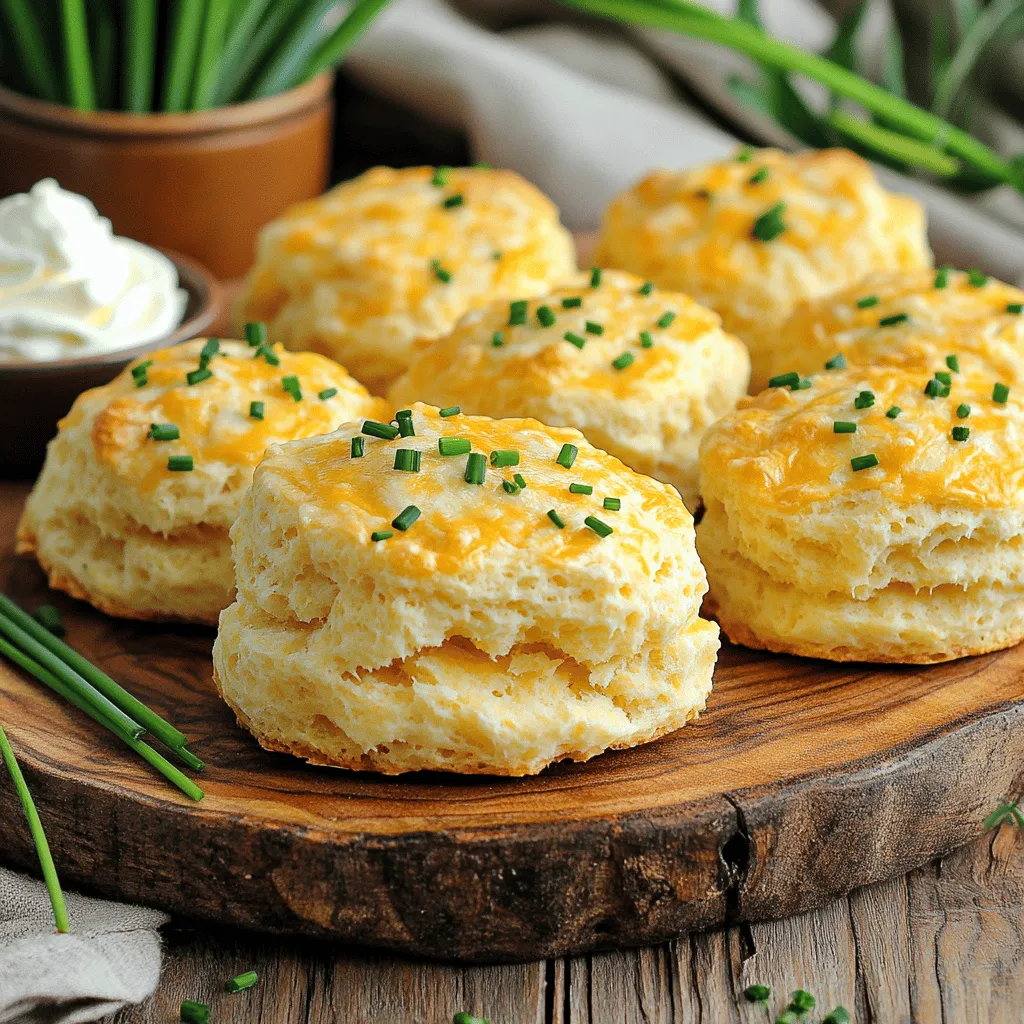 To make tasty cheddar chive biscuits, you need these key items: - 2 cups all-purpose flour - 1 tablespoon baking powder - 1/2 teaspoon baking soda - 1/2 teaspoon salt - 1/4 cup cold unsalted butter, cubed - 1 cup shredded sharp cheddar cheese - 1/4 cup fresh chives, finely chopped - 1 cup buttermilk - 1 tablespoon honey (optional) - Extra cheddar for topping These ingredients create a fluffy, flaky biscuit with a rich, cheesy flavor. The cold butter makes the biscuits rise well, while the buttermilk adds moisture and tang. You can switch things up by using: - Different cheese varieties like Gruyère or mozzarella for unique flavors. - Fresh herbs like parsley or thyme for added flair. - Alternative dairy options like almond milk or yogurt for buttermilk. Feel free to experiment! These changes let you create a biscuit that’s just for you. You can find the full recipe with all the details in the text above. First, preheat your oven to 425°F (220°C). Line a baking sheet with parchment paper. This step helps the biscuits bake evenly. Next, in a large mixing bowl, whisk together the dry ingredients. Combine 2 cups of all-purpose flour, 1 tablespoon of baking powder, 1/2 teaspoon of baking soda, and 1/2 teaspoon of salt. This mix forms the base of your biscuits. Now it's time to add the cold butter. You need 1/4 cup of cold, cubed unsalted butter. Use a pastry cutter or your fingers to mix the butter into the flour. Blend until the mixture looks like coarse crumbs. This will keep your biscuits flaky and tender. Next, add the flavor! Stir in 1 cup of shredded sharp cheddar cheese and 1/4 cup of finely chopped fresh chives. Mix well so that the cheese and chives are evenly distributed. This is what makes your biscuits rich and aromatic. Turn the dough out onto a lightly floured surface. Knead it gently a couple of times to bring it together. Roll or pat the dough to about 1-inch thick. Use a round cutter to cut out the biscuits. Place them on the prepared baking sheet. Gather any scraps, reroll them, and cut out more biscuits. For an extra touch, sprinkle some additional cheddar cheese on top of each biscuit. This adds a nice cheesy crust when they bake. Now, let’s talk baking! Place the baking sheet in your preheated oven. Bake the biscuits for about 12-15 minutes. You want them to turn golden brown on top. A good way to tell if they're done is to look for a nice golden color and a firm feel when you gently press them. The smell will also be a giveaway. Your kitchen will fill with an amazing aroma. Enjoy the process; these biscuits will be worth it! To make great cheddar chive biscuits, cold butter and buttermilk are key. Cold butter keeps the biscuits flaky. It creates steam as it melts, making the layers puff up. Use unsalted butter for the best flavor. Buttermilk adds moisture and a light tang. This helps the biscuits rise and stay tender. Avoid overmixing your dough. When you mix too much, the biscuits can turn tough. Mix just until the dry ingredients blend in with the wet. It’s okay if some lumps remain. Remember, the less you handle the dough, the softer your biscuits will be. Cheddar chive biscuits taste amazing fresh out of the oven. I love serving them warm with whipped butter. You can also try chive cream cheese for a fun twist. For a lovely presentation, stack the biscuits on a rustic wooden platter. A sprinkle of extra chives on top can make them look even more inviting. Preheat your oven before baking. This step is crucial for achieving that perfect rise. If you skip it, your biscuits may turn out flat. Also, be careful when measuring ingredients. Too much or too little flour can change the texture. Use a kitchen scale for accurate measurements, or spoon flour into a measuring cup and level it off. These small details can make a big difference in your final result. {{image_2}} You can swap out the cheddar for other cheeses. Try sharp white cheddar for a bolder taste. Cream cheese gives a rich texture. For a twist, use pepper jack for a spicy kick. You can even mix in feta for a salty touch. Each cheese brings its own flavor and texture to the biscuits. Want to make your biscuits pop? Add sun-dried tomatoes for a sweet, tangy burst. Crumbled bacon bits add a smoky, savory element that many love. You can also try herbs like rosemary or thyme. These herbs blend well with cheddar and chives. They offer a fresh taste that brightens each bite. If you need gluten-free options, use gluten-free flour blends. They work well in this recipe and keep the texture light. For those who want to reduce dairy, try almond milk or oat milk. You can even use dairy-free cheese to keep the flavors intact. These adjustments allow everyone to enjoy these tasty biscuits. To keep your cheddar chive biscuits fresh, follow these tips: - Cool Completely: Let the biscuits cool to room temperature before storing. - Use Airtight Containers: Place them in a container with a tight seal. This prevents air from making them dry. - Wrap in Plastic: You can wrap each biscuit in plastic wrap for added freshness. - Refrigerate or Freeze: Store in the fridge for up to a week. For longer storage, freeze them for up to three months. When you're ready to enjoy your biscuits again, here’s how to reheat them: - Oven Method: Preheat your oven to 350°F (175°C). Place the biscuits on a baking sheet. Heat for about 10 minutes until warm. This keeps them flaky. - Microwave Method: Place a biscuit on a microwave-safe plate. Heat for 15-20 seconds. This method is quick but may make them a bit soft. - Avoid Overheating: Always check your biscuits. Overheating can make them dry and tough. These simple steps will help you enjoy your cheddar chive biscuits, even after they’ve cooled. For the complete recipe, check the Full Recipe link! Yes, you can freeze cheddar chive biscuits. To freeze them before baking, follow these steps: - Prepare the dough as usual. - Cut out the biscuits and place them on a baking sheet. - Freeze them for about 1-2 hours until firm. - Transfer the frozen biscuits to a freezer bag. To freeze after baking: - Allow the biscuits to cool completely. - Wrap them tightly in plastic wrap. - Place them in a freezer bag. When you're ready to enjoy them, bake from frozen, adding a few extra minutes to the time. Cheddar chive biscuits pair well with many dishes. Here are some great ideas: - Serve them warm with homemade butter. - Enjoy them alongside soups, like potato or broccoli cheddar. - Use them to make mini sandwiches with ham or turkey. - Pair with a fresh salad for a light meal. These biscuits also work well as a side for breakfast dishes like eggs or bacon. To check if your biscuits are done, look for these signs: - They should be golden brown on top. - A toothpick inserted in the center comes out clean. - The biscuits should feel firm but light. If they are still soft or doughy, give them a few more minutes in the oven. Not at all! Cheddar chive biscuits are quite simple to make. Here’s a quick breakdown: - Mixing the dry ingredients takes just a few minutes. - Cutting in the butter is easy and fun. - Folding in cheese and chives adds flavor quickly. - Rolling and cutting the dough is straightforward. You’ll have delicious biscuits in about 30 minutes, making them perfect for any skill level. For the complete steps and ingredients, check out the Full Recipe for Cheddar Chive Biscuits. In this blog post, I covered how to make delicious cheddar chive biscuits. You learned the essential and optional ingredients, step-by-step instructions, and tips to perfect your texture. I shared variations to customize your biscuits and storage tips to keep them fresh. Remember, this simple yet savory recipe makes a great snack or side dish. Now, you have everything needed to impress your friends and enhance your meals with these tasty biscuits. Enjoy creating your own batch and share your delicious results!