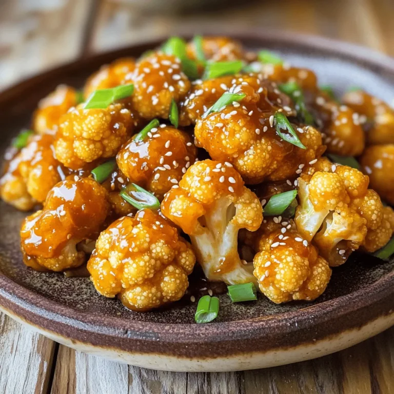 To create the perfect General Tso’s cauliflower, gather these main ingredients: - 1 large head of cauliflower, cut into florets - 1 cup cornstarch - 1 cup vegetable oil (for frying) - 3 tablespoons soy sauce - 2 tablespoons rice vinegar - 2 tablespoons hoisin sauce - 1 tablespoon ginger, minced - 3 cloves garlic, minced - 2 tablespoons sesame oil - 1 tablespoon sriracha (adjust for heat preference) - 2 green onions, sliced (for garnish) - Sesame seeds (for garnish) These ingredients bring flavor and texture to your dish. The cauliflower becomes crispy when coated in cornstarch and fried. The sauce gives it a sweet and spicy kick. You can add a few optional ingredients to boost taste: - Red pepper flakes for more heat - Fresh cilantro for a fresh touch - Cashews for crunch These extras make your dish even more exciting. If you love heat, the red pepper flakes add a nice kick. Fresh cilantro brightens up the flavors, while cashews add a delightful crunch. If you need a dairy-free or gluten-free version, consider these substitutions: - Use tamari instead of soy sauce for gluten-free - Substitute coconut aminos for a soy-free option - Replace sriracha with a gluten-free hot sauce These swaps keep your dish tasty while meeting dietary needs. Tamari works great for those avoiding gluten. Coconut aminos provide a sweet and savory alternative if you skip soy. Start by rinsing the cauliflower well. Make sure to dry the florets completely. If they are wet, the cornstarch won't stick. Cut the cauliflower into bite-sized pieces. This ensures even cooking and crispy texture. In a large bowl, add 1 cup of cornstarch. Toss the dried cauliflower florets in the cornstarch. Coat each piece well, shaking off any extra. In a deep skillet, heat 1 cup of vegetable oil on medium-high heat. Once the oil is hot, add the florets in batches. Fry them until golden brown and crispy, about 3-4 minutes. Use a slotted spoon to remove them and place on paper towels to drain. In another saucepan, mix 3 tablespoons soy sauce, 2 tablespoons rice vinegar, and 2 tablespoons hoisin sauce. Add 1 tablespoon minced ginger and 3 cloves minced garlic. Pour in 2 tablespoons sesame oil and 1 tablespoon sriracha for heat. Heat this mixture over medium heat for 3-4 minutes. Stir it well to combine all the flavors. Once the sauce is ready, add the fried cauliflower to the pan. Toss gently to coat all the florets evenly in the sauce. Let it cook together for 2-3 minutes. Transfer the dish to a serving plate. Top it with sliced green onions and sprinkle sesame seeds for a nice finish. Enjoy this crispy, flavorful dish! For the full recipe, check the recipe section. To get that perfect crunch, start with dry cauliflower florets. Rinse them well, then pat them dry with paper towels. The drier they are, the better the cornstarch sticks. Toss the florets in cornstarch, making sure each piece is coated. This creates a crispy outer layer when fried. Fry them in batches. Overcrowding the pan makes them steam instead of fry. Aim for 3-4 minutes in hot oil for a golden, crispy finish. Choose vegetable oil for frying. It has a high smoke point, which helps achieve crispiness. Canola or peanut oil also works well. Avoid olive oil; it burns easily and won’t give you the right texture. Use enough oil to cover the bottom of your pan, but not so much that it splashes everywhere. Serve General Tso’s cauliflower hot for the best taste. It pairs well with steamed rice or quinoa. A side of sautéed greens adds a nice contrast. For added crunch, sprinkle extra sesame seeds on top. Feel free to add sliced red peppers or carrots for more color and flavor. You can find the Full Recipe to create this delicious dish. {{image_2}} Want to add some heat? You can make spicy General Tso’s cauliflower by adding more sriracha. Start with the recipe and then increase the sriracha to two tablespoons. You can also mix in red pepper flakes for extra spice. This version gives you a fun kick without losing the dish’s core flavor. If you prefer a healthier dish, try baked General Tso’s cauliflower. Instead of frying, coat the florets in cornstarch and then lightly spray them with oil. Bake at 425°F for about 20 minutes. This option keeps the crunch while reducing the oil and calories. It’s perfect for those watching their diet but still craving flavor. You can easily add more veggies to this dish. Consider bell peppers, broccoli, or snap peas. Simply sauté them with the sauce before adding the cauliflower. This not only boosts nutrition but also adds color and texture. Try mixing and matching your favorite vegetables to make this dish your own. For the full recipe, check the earlier section. To keep your General Tso’s cauliflower fresh, place it in an airtight container. Seal it tightly to prevent air from getting in. Store it in the fridge for up to three days. This will help maintain its flavor and texture. To reheat your cauliflower and keep it crispy, use an oven or air fryer. Preheat the oven to 350°F (175°C). Arrange the cauliflower on a baking sheet in a single layer. Bake for about 10 minutes until hot and crisp. If you use an air fryer, heat it at the same temperature for about five minutes. Avoid the microwave, as it makes the cauliflower soggy. You can freeze General Tso’s cauliflower for later use. First, let it cool completely. Then, place the cauliflower in a single layer on a baking sheet. Freeze for about an hour until firm. Once frozen, transfer it to a freezer-safe bag. Seal it tightly and label it with the date. It can last for up to three months in the freezer. When ready to enjoy, simply reheat as described above. For the full recipe, check out the General Tso’s Cauliflower section! Yes, you can make General Tso’s cauliflower ahead of time. You can fry the cauliflower and store it in the fridge for one day. When ready to serve, reheat it in the oven for a few minutes. This way, it stays crispy and tasty. If you need a substitute for cornstarch, use arrowroot powder or potato starch. Both work well for coating and frying. They help achieve that crispy texture, just like cornstarch. Yes, General Tso’s cauliflower can be gluten-free. Use tamari instead of soy sauce. Tamari is a gluten-free soy sauce that adds flavor without the gluten. Always check the labels to be sure of ingredients. To add more heat to General Tso’s cauliflower, you can increase the sriracha in the sauce. You can also add red pepper flakes or fresh chili peppers. Adjust these to your taste for a spicy kick. You can find the full recipe for General Tso’s cauliflower above. It includes all the steps and ingredients to make this delicious dish at home. Enjoy cooking! General Tso’s Cauliflower is a fun and tasty dish that’s easy to make. We discussed the key ingredients and step-by-step methods, ensuring great flavor and crunch. I shared tips on oil choice, serving ideas, and variations for everyone’s taste. Plus, I included storage and reheating advice. Making this dish can be rewarding, whether you try the spicy version or the baked option. I hope you feel inspired to create your own delicious General Tso’s Cauliflower!