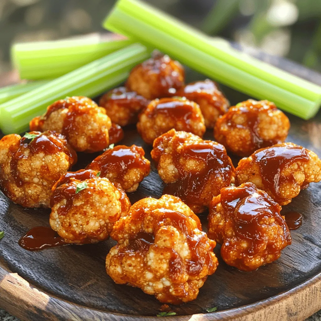 - 1 medium head of cauliflower - 1 cup all-purpose flour - Spices and seasonings: - 1 teaspoon garlic powder - 1 teaspoon onion powder - 1 teaspoon smoked paprika - Salt and pepper to taste - 1 cup BBQ sauce - Cayenne pepper for added heat - Olive oil spray - Baking sheet - Mixing bowl - Whisk To make BBQ cauliflower wings, you need a few key items. First, get a medium head of cauliflower. Cut it into bite-sized florets. This shape helps with even cooking and makes them easy to eat. Next, gather one cup of all-purpose flour. This flour will create the batter that coats the cauliflower. For flavor, you will need garlic powder, onion powder, and smoked paprika. These spices add a delicious taste. Salt and pepper enhance the overall flavor. For the sauce, use one cup of your favorite BBQ sauce. You can also make your own if you prefer! If you like a little kick, add cayenne pepper. This is optional but can make your wings spicy. Finally, grab an olive oil spray. This helps the wings crisp up nicely in the oven. With these ingredients, you’re ready to create a tasty and crunchy snack. For the complete steps to prepare your BBQ cauliflower wings, check out the Full Recipe. - Cut cauliflower into florets. - Preheat the oven to 425°F (220°C). First, take a medium head of cauliflower and cut it into small florets. You want them to be about the same size for even cooking. Next, preheat your oven. A hot oven helps the wings get crispy. - Whisk together flour and water. - Add garlic powder, onion powder, smoked paprika, and seasonings. In a large mixing bowl, whisk one cup of all-purpose flour with one cup of water. Mix until it is smooth. Now, add garlic powder, onion powder, smoked paprika, and salt and pepper. If you like heat, toss in some cayenne pepper. This batter gives the wings a nice flavor. - Coat cauliflower in batter. - Bake on prepared baking sheet. - Toss in BBQ sauce and return to oven. Take each cauliflower floret and dip it in the batter. Let the extra batter drip off before placing them on a lined baking sheet. Once all florets are coated, spray them lightly with olive oil. This helps them get crisp. Bake in the preheated oven for about 25 to 30 minutes. Flip them halfway through for even browning. When they are golden brown, take them out and toss in your favorite BBQ sauce. Return the wings to the oven for another 10 to 15 minutes. This lets the sauce caramelize. The result will be crispy and tasty BBQ cauliflower wings. For the full recipe, check the earlier section. To get that perfect crunch, olive oil spray is key. It helps the batter crisp up in the oven. Lightly mist the coated florets before baking. This adds flavor and texture. Don't forget to flip the florets halfway through baking. This ensures even cooking and browning. Feel free to play with different spices. Add your favorite seasonings, like cumin or chili powder. You can also try making your own BBQ sauce. Homemade sauces can bring a fun twist to the dish. Think about sweet, smoky, or spicy options! Pair your BBQ cauliflower wings with dips like ranch or blue cheese. These cool dips balance the spicy flavor of the wings. You can also serve them with crunchy celery sticks. This adds a refreshing bite and makes it a fun snack! {{image_2}} You can change the taste of your BBQ cauliflower wings by using different BBQ sauces. Try smoky sauce for a rich flavor. For a kick, use spicy BBQ sauce. If you want sweetness, go for a sweet BBQ sauce. You can also mix in extra spices to boost the flavor. Cumin adds warmth, while chili powder brings heat. Experiment with these options to find your favorite blend. You have a few ways to cook your wings. An air fryer makes them crispy with less oil. To do this, set your air fryer to 400°F (200°C). Cook the wings for about 15 minutes, shaking the basket halfway through. Another method is deep frying. Heat oil in a pot until it reaches 350°F (175°C). Fry the wings until golden brown, about 5-7 minutes. Keep an eye on them to avoid burning. If you need gluten-free options, use gluten-free flour. Almond flour or chickpea flour works well. For a vegan twist, choose BBQ sauces that are dairy-free. Many brands offer great vegan sauces. You can also make your own sauce using simple ingredients. Mixing tomato paste, maple syrup, and a splash of vinegar creates a tasty vegan BBQ sauce. These adjustments make your BBQ cauliflower wings friendly for everyone! To keep your BBQ cauliflower wings fresh, you should store them right. Place the leftovers in an airtight container. This helps keep them from drying out. You can refrigerate them for up to three days. If you want the wings to stay crispy, you can line the bottom of the container with paper towels. This absorbs moisture and keeps them crunchy. When it’s time to enjoy leftovers, reheating is key. I recommend using the oven for the best results. Preheat the oven to 375°F (190°C). Place the cauliflower wings on a baking sheet. Heat them for about 10-15 minutes. This way, they regain their crispiness. The microwave is faster, but it can make them soggy. So, use it only if you’re in a hurry. If you have extra wings, freezing is a great option. Place the cooled wings in a single layer on a baking sheet. Freeze them for about an hour. Once they are firm, transfer them to a freezer-safe bag. Be sure to remove as much air as you can. This prevents freezer burn. You can keep them frozen for up to two months. To reheat frozen wings, take them out of the freezer. Preheat your oven to 375°F (190°C). Place the wings on a baking sheet and bake for 20-25 minutes. This ensures they become hot and crispy again. Remember, keeping your BBQ cauliflower wings stored correctly helps you enjoy them later. Check out the Full Recipe for more delicious details! To make BBQ cauliflower wings crispy, follow these key steps: - Coat well: Make sure to coat each floret fully in the batter. - Olive oil spray: Lightly spray the coated florets with olive oil. This helps them brown nicely. - Hot oven: Bake at 425°F (220°C) for the right crunch. - Flip halfway: Turn the wings halfway through baking for even crispiness. These steps ensure you get that perfect, crunchy texture that everyone loves. Yes, you can use frozen cauliflower for this recipe. However, it may not be as crispy as fresh. Frozen cauliflower often has more water. This can lead to a softer texture. To use frozen cauliflower, thaw it first and pat it dry with a towel. This helps remove excess moisture. BBQ cauliflower wings last about 3 to 5 days in the fridge. Store them in an airtight container. For best quality, enjoy them within three days. Always check for any off smells or signs of spoilage before eating. Yes, BBQ cauliflower wings are great for meal prep! They are easy to make in large batches. Just store them in the fridge in an airtight container. You can also customize them with different sauces or spices for variety. When ready to eat, simply reheat in the oven for crispiness. For the full recipe, check out [Full Recipe]. You now have all the steps to make tasty BBQ cauliflower wings. You know the right ingredients, tools, and cooking methods to try. Remember to adjust the flavors to what you love. These wings offer a fun and healthy snack or meal. Use the tips for texture and seasoning to make them even better. Enjoy your cooking and experimenting. You can impress your friends with this delicious dish!