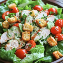 - 2 boneless, skinless chicken breasts - 6 cups romaine lettuce, chopped - 1/2 cup Caesar dressing - 1 tablespoon olive oil - Salt and pepper to taste - 1 cup cherry tomatoes, halved - 1/4 cup grated Parmesan cheese - 1 cup croutons - Fresh parsley for garnish (optional) The main ingredients for your Easy Chicken Caesar Salad are simple and fresh. Chicken breasts make the salad hearty. Romaine lettuce adds crunch, while Caesar dressing gives it flavor. You can use homemade dressing or buy it at the store. For extra taste, use olive oil, salt, and pepper to season your chicken. Cherry tomatoes add sweetness and color. When it comes to toppings, grated Parmesan cheese enhances the dish. Croutons add a delightful crunch. If you like, sprinkle fresh parsley on top for a pop of color. Check out the Full Recipe for more details on making this tasty meal. First, season the chicken breasts with olive oil, salt, and pepper. This step adds flavor. Heat a skillet over medium-high heat and add the chicken. Cook for about 6-7 minutes on each side. You want the chicken to be golden and cooked through. Check that it’s no longer pink inside. After cooking, let it rest for a few minutes before slicing. This resting time keeps the chicken juicy. In a large bowl, combine the chopped romaine lettuce and halved cherry tomatoes. Make sure to mix them well. This mix provides a fresh base for your salad. Next, drizzle the Caesar dressing over the lettuce and tomatoes. Toss gently to coat the greens evenly. You want every leaf to have some dressing. This adds a rich taste to your salad. Now, slice the cooked chicken breasts into strips. Arrange them nicely on top of the salad. This adds a beautiful presentation. Sprinkle the grated Parmesan cheese and croutons over the salad. For an extra zing, drizzle a little lemon juice on top. If you'd like, garnish with fresh parsley. This can add a pop of color and freshness. Toss lightly right before serving. This ensures all components mix together well. For the full recipe, check the section above. Enjoy your meal! To make juicy chicken, choose boneless, skinless breasts. Season them well with olive oil, salt, and pepper. Cook them over medium-high heat for about 6-7 minutes on each side. The key is to check that the chicken is no longer pink in the center. After cooking, let the chicken rest for a few minutes before slicing. This helps keep the juices inside. You can make your own Caesar dressing for a fresh twist. A simple mix of mayonnaise, garlic, lemon juice, and Parmesan cheese works great. If you prefer store-bought, look for options with natural ingredients. Brands without added sugars or preservatives taste best. You can also find dressings labeled as “Caesar” in most grocery stores. To prevent sogginess, add the dressing just before serving. Toss the salad lightly to coat the greens. When serving, arrange the sliced chicken on top to make it look nice. For gatherings, serve the salad in a large bowl. Keep extra dressing on the side for guests who want more. You can find the Full Recipe in the article to guide you through this process. {{image_2}} You can switch the chicken for grilled shrimp for a tasty twist. Shrimp cooks quickly and adds a nice flavor. Just season and grill them for about 3-4 minutes on each side. If you prefer a meatless meal, use chickpeas. They offer protein and fiber. Toss a cup of canned chickpeas into the salad for a hearty option. For a lighter dressing, try yogurt-based Caesar. It cuts calories while still being creamy and delicious. Mix yogurt with lemon juice and garlic for a tasty blend. You can also add flavors like mashed avocado. This brings a rich taste and creamy texture. Blend it with your Caesar dressing for a fun variation. Add extra veggies like cucumbers or bell peppers for crunch. Sliced radishes could also give a crisp bite. If you want to switch up the cheese, try feta or goat cheese instead of Parmesan. Both offer unique flavors that can change the salad's profile. Remember, you can find the full recipe for this easy chicken Caesar salad to get started today! To keep your Easy Chicken Caesar Salad fresh, store it in the fridge. Use an airtight container. This will help the salad stay crisp and tasty for up to three days. Avoid mixing the salad with dressing until you are ready to eat. This keeps the greens from getting soggy. For the croutons, store them in a separate bag or container. Keeping them separate helps them stay crunchy. If they get soft, you can crisp them up in the oven for a few minutes. You can make this salad in parts to save time. Cook the chicken ahead of time. Once it cools, slice it and place it in the fridge. The chicken stays tasty for up to three days. You can also wash and chop the romaine lettuce and tomatoes. Store them in the fridge in a clean, dry container. When you want to eat, just grab the prepped ingredients. Mix them up with the dressing and sliced chicken for a quick meal. If you want to freeze the chicken, it’s easy! Season and cook the chicken, then let it cool. Wrap it tightly in plastic wrap, then place it in a freezer bag. It can stay in the freezer for up to three months. However, avoid freezing the salad itself. Ingredients like lettuce and tomatoes do not freeze well. They become mushy when thawed. So, keep those fresh and ready for your next meal. Yes, you can prepare parts of this salad ahead of time. I suggest cooking the chicken and cooling it. You can store it in the fridge for up to three days. Chop the romaine and halve the tomatoes. Keep them in separate containers to stay fresh. The croutons should stay crunchy if you store them in a sealed bag. Dress the salad right before serving to avoid sogginess. If you want a change, try using ranch or a yogurt-based dressing. You can also make your own dressing. Mix olive oil, lemon juice, garlic, and some grated Parmesan. Blend until smooth. This gives a fresh twist to the classic Caesar taste. To make this salad gluten-free, choose gluten-free croutons. Many brands offer these, or you can make your own by toasting gluten-free bread. For the dressing, confirm that it’s gluten-free or use a homemade version. This way, everyone can enjoy this salad without worry. In this post, we explored the key ingredients for a delicious Caesar salad. We covered how to cook chicken perfectly and assemble a fresh salad base. I shared tips to enhance flavors and variations to suit your taste. You can easily store leftovers and prep in advance for busy days. Enjoy creating a delightful meal that looks good and tastes great! Remember, salad can be simple yet full of flavor. Dive in and have fun mixing it up!