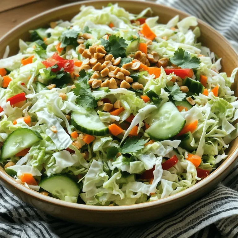 To make this Crunchy Cabbage Cucumber Salad, you will need: - 2 cups green cabbage, finely shredded - 1 large cucumber, sliced thinly - 1 red bell pepper, diced - 1 carrot, grated - 1/4 cup red onion, thinly sliced - 1/4 cup chopped fresh cilantro - 3 tablespoons rice vinegar - 2 tablespoons sesame oil - 1 teaspoon honey or agave syrup - Salt and pepper to taste - 1/4 cup roasted peanuts, roughly chopped (for crunch) These simple ingredients blend together for a fresh and vibrant salad. You can make this salad your own with some optional ingredients: - Sliced radishes for extra crunch - Shredded carrots for added sweetness - Chopped jalapeño for a spicy kick - Avocado for creaminess - Lime juice for a zesty twist Feel free to mix and match to create a flavor that fits your taste. Using fresh, high-quality ingredients makes a big difference in taste. Here are my top picks: - Cabbage: Look for firm heads without blemishes. - Cucumber: Choose organic cucumbers for the best flavor. - Bell Pepper: Pick vibrant red bell peppers; they add sweetness. - Sesame Oil: Use toasted sesame oil for a deeper flavor. - Peanuts: Freshly roasted peanuts add the best crunch. For the best results, choose fresh and local products whenever possible. For the full recipe, check out the earlier section. First, gather all the ingredients. You need fresh cabbage, cucumber, bell pepper, carrot, onion, and cilantro. Start by finely shredding the cabbage. This gives it a nice crunch. Next, slice the cucumber thinly. Thin slices soak up the dressing well. Dice the red bell pepper and grate the carrot. Then, thinly slice the red onion. Place all these veggies in a large mixing bowl. Make sure you toss them gently to mix. In a separate small bowl, whisk together the rice vinegar, sesame oil, honey, salt, and pepper. This dressing brings a zesty flavor. Adjust the seasoning to match your taste. If you like it sweeter, add a bit more honey. For a tangy kick, add more vinegar. The dressing should balance well with the veggies. Pour the dressing over the mixed vegetables. Toss everything together until the veggies are well coated. This step is key for great flavor. Next, fold in the chopped cilantro and roasted peanuts. The peanuts add a perfect crunch. Let the salad sit for 10-15 minutes. This waiting time allows the flavors to blend. When ready to serve, you can enjoy it chilled or at room temperature. Toss lightly again before serving to keep it fresh. For a beautiful look, serve it in a large bowl, garnished with more cilantro and chopped peanuts. For the full recipe, check the earlier section. To get the best crunch, start with fresh veggies. Use green cabbage and cucumbers that are firm. Shredding the cabbage finely helps it mix well. Slice the cucumber thinly for a nice bite. You can also chill the salad before serving. This keeps everything crisp and tasty. Adding roasted peanuts right before serving gives an extra crunch. Seasoning is key to a zesty salad. I like using rice vinegar for a tangy taste. Sesame oil adds a rich flavor without being heavy. Honey or agave syrup balances the acidity. Don't forget salt and pepper; they bring everything together. You can also add a sprinkle of chili flakes for a spicy kick. Fresh cilantro adds a bright taste, too. Serve this salad in a big bowl to show off its colors. Garnish with extra cilantro and chopped peanuts for flair. This salad pairs well with grilled chicken or fish. You can also enjoy it as a light lunch on its own. For a picnic, pack it in a jar for easy transport. For the full recipe, check the earlier section. {{image_2}} You can switch things up with different veggies. Try adding shredded carrots for extra color and crunch. Radishes add a peppery kick. If you like some heat, diced jalapeños work well too. You could also use purple cabbage for a vibrant look. Mixing in snow peas or bell peppers can add a nice crunch and sweetness. To make this salad a meal, add protein. Grilled chicken or shrimp pairs well with the fresh flavors. You can also add chickpeas for a plant-based boost. Tofu cubes are another great option. These proteins not only fill you up but also make the salad more nutritious. The dressing can change the whole dish. Try lime juice for a tangy twist. A mix of yogurt and herbs makes a creamy dressing. For more sweetness, use a bit of orange juice. You can also experiment with spicy sauces like sriracha or chili paste. Each dressing creates a new flavor experience for your Crunchy Cabbage Cucumber Salad. For the full recipe, check the provided details. After enjoying your Crunchy Cabbage Cucumber Salad, store any leftovers in an airtight container. This method keeps the salad fresh and crisp. Make sure to separate any toppings, like peanuts, to maintain crunchiness. You can add them just before serving. Place the container in the fridge. The cooler temperature helps preserve the salad's flavor and texture. When meal prepping this salad, chop your veggies ahead of time. Store them in separate containers until you're ready to mix. This way, all ingredients stay fresh. Prepare the dressing ahead too, and keep it in a jar. When meal time arrives, combine everything for a fresh and zesty dish. This method supports easy assembly and keeps your salad vibrant. Your salad will stay fresh in the fridge for about three days. Check for wilting cabbage or slimy cucumbers. These signs mean it’s time to toss the salad. Fresh ingredients bring the best flavor. If the salad begins to smell off or changes color, it’s best to discard it. Always trust your senses; they guide you in food safety. For the full recipe, check the detailed instructions! Cabbage is low in calories and high in fiber. It helps with digestion and weight loss. It also provides vitamin C, which boosts your immune system. Cabbage contains antioxidants that protect your cells. Cucumbers are hydrating and refreshing. They are also low in calories. Cucumbers provide vitamin K, which helps with bone health. Both vegetables are rich in water, which keeps you hydrated. Yes, you can make this salad ahead of time. If you prepare it a few hours before serving, it will taste even better. The flavors will blend together nicely. However, if you make it a day early, store the dressing separately. This keeps the veggies crunchy. Add the dressing just before serving for the best texture. To make this salad vegan, simply swap honey for agave syrup. This keeps it sweet and plant-based. You can also add more veggies or use different nuts for crunch. Try adding chickpeas for extra protein. Feel free to experiment with the dressing too. Using a plant-based oil will maintain the vegan theme. Check the Full Recipe for more ideas! This blog post covered how to make a crunchy cabbage cucumber salad. We explored the key ingredients and how to prepare them. I shared tips for maximum crunchiness and tasty seasonings. You also learned about different variations and how to store your salad. Remember, this salad is not just delicious. It’s versatile and healthy too. With these tips and tricks, you can enjoy a fresh, vibrant salad anytime. Try customizing it to suit your taste and make it your own! Happy eating!