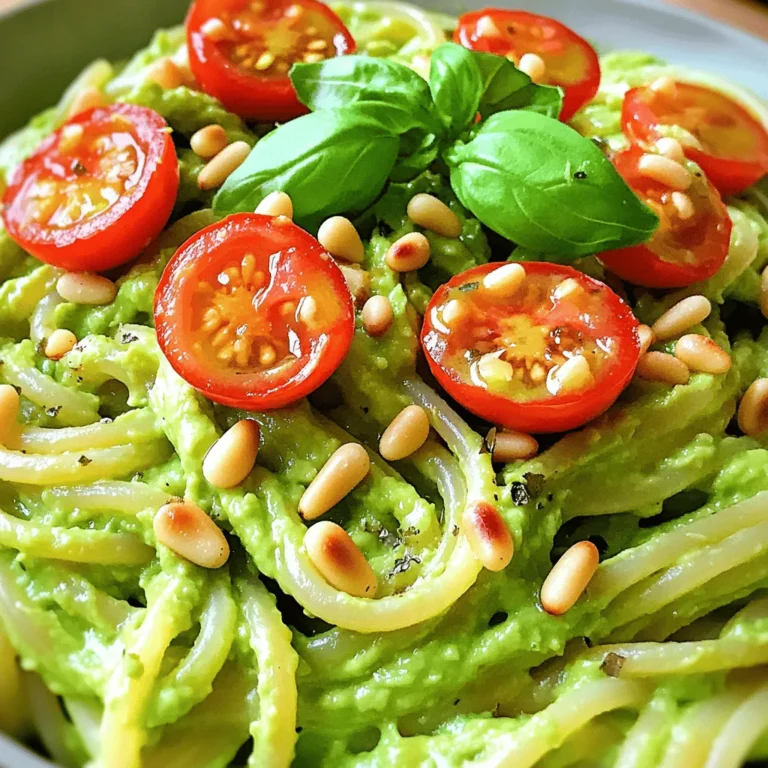To make the best creamy avocado pasta, gather these key ingredients: - Ripe avocados - 1 clove garlic, minced - 2 tablespoons fresh lemon juice - 1/4 cup olive oil - 1/4 cup fresh basil leaves, packed - 1/2 teaspoon salt (adjust to taste) - 1/4 teaspoon black pepper - 12 ounces spaghetti or your choice of pasta - 1/4 cup cherry tomatoes, halved (for garnish) - 2 tablespoons pine nuts, toasted (for garnish) - Fresh basil leaves, for garnish These fresh ingredients bring vibrant flavors to your dish. The avocados create a rich, creamy sauce, while the garlic and lemon add zest. The basil gives an herby touch, making every bite delightful. Avocados are not just tasty; they are also healthy. They contain healthy fats that support heart health. These fats help keep you full and satisfied. Avocados are rich in vitamins, especially vitamin K, E, and C. They also have potassium, which helps control blood pressure. Plus, avocados have antioxidants that protect your body from damage. These nutrients make creamy avocado pasta a smart choice for a meal. To create your creamy avocado pasta, you will need: - Blender or food processor - Large pot and colander Using a blender or food processor helps you achieve a smooth sauce quickly. A large pot is essential for cooking your pasta perfectly. The colander will help you drain the pasta with ease. Together, these tools make the cooking process simple and enjoyable. For more details, check the Full Recipe. This will guide you through making this delicious dish step by step. To start, fill a large pot with water and add a pinch of salt. Bring it to a boil. When the water is bubbling, add 12 ounces of spaghetti. Cook the pasta until it is al dente, following the package directions. This usually takes about 8 to 10 minutes. Once the pasta is cooked, reserve one cup of pasta water before draining it. This water is key for our creamy sauce. Drain the pasta in a colander and set it aside. While the pasta cooks, we can make our sauce. Take two ripe avocados and cut them in half. Remove the pits and scoop the flesh into a blender. Add one minced garlic clove, two tablespoons of fresh lemon juice, and a quarter cup of olive oil. Toss in a quarter cup of fresh basil leaves, half a teaspoon of salt, and a quarter teaspoon of black pepper. Blend everything until it is smooth and creamy. If the sauce is too thick, add a little reserved pasta water. Blend again until you reach your desired consistency. Taste the sauce and adjust the seasoning if it needs more salt or lemon juice. Now, it's time to bring it all together. In a large bowl, combine the warm drained spaghetti with the creamy avocado sauce. Toss gently to coat all the pasta. If the sauce does not stick well, add more pasta water a little at a time. This will help the sauce cling to the noodles better. Make sure every strand of pasta is covered in that rich, green sauce. Serve it up and enjoy the bright flavors of your creamy avocado pasta. For the full recipe, check out the details provided above. To find ripe avocados, look for a few signs. First, check the color. A ripe avocado is dark green or almost black. Next, gently squeeze the avocado. It should feel slightly soft but not mushy. If it is hard, it needs more time to ripen. Store avocados at room temperature until they are ripe. Keep them away from direct sunlight. If you want to speed up ripening, place them in a paper bag with a banana. Once ripe, move them to the fridge to slow down further ripening. To enhance the flavor of your creamy avocado pasta, you can add more seasoning. A pinch of red pepper flakes adds warmth. You can also try a dash of smoked paprika for a unique twist. Don't be shy about adding fresh herbs like cilantro or parsley for freshness. If you want your sauce creamier, blend in more olive oil. You can also use a bit of the reserved pasta water to achieve the desired consistency. This makes the sauce cling better to the pasta. Make your dish beautiful by using garnishes. Fresh cherry tomatoes add color and sweetness. Toasted pine nuts give a nice crunch. You can also sprinkle some feta cheese on top for a salty bite. Serve your pasta in shallow bowls for an elegant touch. A drizzle of olive oil right before serving adds shine. For a bit of heat, add red pepper flakes. This will make your creamy avocado pasta look great and taste even better. For the complete recipe, check out the [Full Recipe]. {{image_2}} You can boost your creamy avocado pasta by adding protein. Chicken or shrimp makes it heartier. Simply grill or sauté the protein before adding it to the pasta. It brings a new depth to the dish. You can also incorporate more veggies. Spinach adds color and nutrients. Peas give a nice sweetness and textural contrast. Mix them in while combining the pasta and sauce. This not only enhances flavor but also makes it more balanced. If you need gluten-free choices, try brown rice pasta or chickpea pasta. Both options maintain a good texture and taste great with the avocado sauce. You can also experiment with different shapes like penne or fusilli. These shapes hold the creamy sauce well and make each bite interesting. For a spicy kick, add chili flakes or fresh chopped chilies. This brings heat and excitement to the dish. If you prefer a herby twist, try different herbs like cilantro or parsley. They can change the taste profile completely. A mix of basil and mint can give a fresh and bright flavor that pairs beautifully with the avocado. Each of these variations can help you make the creamy avocado pasta your own. For the full recipe, check the section above. To keep your leftover creamy avocado pasta fresh, follow these steps: - Cool the Pasta: Allow any leftover pasta to cool completely before storing. - Separate Sauce and Pasta: Store the avocado sauce and pasta separately. This keeps the pasta from getting soggy. - Use Airtight Containers: Place the pasta and sauce in airtight containers. This helps keep out air and moisture. - Refrigerate Promptly: Store them in the fridge within two hours of cooking. These methods maintain the taste and texture of your dish. When you're ready to enjoy your pasta again, reheating properly is key: - Stovetop Method: Heat the pasta in a pan over low heat. Add a splash of water or extra olive oil to keep it moist. - Microwave Method: Place the pasta in a microwave-safe bowl. Cover with a damp paper towel and heat in short bursts. Stir in between to heat evenly. - Fresh vs. Reheated: Serve fresh if you can. Reheated pasta is good, but the creamy sauce is best fresh. You can freeze the avocado sauce, but it changes a bit: - Freezing Sauce: The avocado sauce can be frozen. Just place it in a freezer-safe bag or container. Leave some space for expansion. - Thawing and Using: To use frozen sauce, thaw it overnight in the fridge. Stir it well before serving. You can add a touch of olive oil to restore creaminess. - Freezing Pasta: Cooked pasta does not freeze well. It can become mushy. It's better to freeze only the sauce. Enjoy your creamy avocado pasta fresh or reheated! Don’t forget to check the Full Recipe for more details. Yes, you can use different pasta shapes. Some great choices include: - Penne - Fusilli - Farfalle - Zucchini noodles for a low-carb option Each type offers a unique texture. Feel free to experiment with what you have on hand. You can store Creamy Avocado Pasta in the fridge for up to 3 days. Make sure to: - Place it in an airtight container. - Keep it in the coldest part of your fridge. If the avocado sauce darkens, just give it a good stir before serving. Yes, this recipe is vegan! Here’s a quick breakdown: - Ripe avocados provide healthy fats. - Olive oil adds richness. - Fresh herbs and garlic boost flavor. These ingredients make this dish both tasty and plant-based. Yes, you can prep parts of this dish ahead of time. Here are some tips: - Cook the pasta and store it in the fridge. - Make the avocado sauce and keep it separate. Combine them just before serving for the best taste. Creamy Avocado Pasta pairs well with many dishes. Here are some to try: - A simple mixed green salad. - Grilled vegetables for extra flavor. - A crisp white wine or sparkling water. These sides enhance your meal and make it more enjoyable. For the full recipe, check out the section above! This blog post covered all the key steps for making creamy avocado pasta. You learned about essential ingredients, from ripe avocados to pasta choices. We explored nutritional perks of avocados and shared easy cooking tools. In closing, remember to personalize your dish with flavors and textures that excite you. Enjoy experimenting with variations to find your favorite take on this creamy delight!