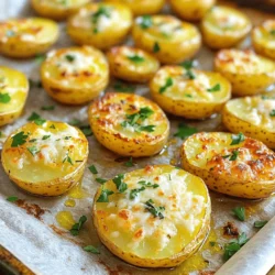 - 2 pounds baby potatoes, halved - 4 tablespoons olive oil - 4 cloves garlic, minced - 1 teaspoon dried thyme - 1 teaspoon dried rosemary - ½ cup grated Parmesan cheese - Salt and pepper to taste These ingredients form the base of the dish. The baby potatoes give you a tender bite. Olive oil adds moisture and crispiness while roasting. Garlic brings a rich flavor that pairs well with Parmesan. Thyme and rosemary add depth to the dish. Lastly, salt and pepper enhance all these wonderful tastes. - Fresh parsley, chopped (for garnish) - Additional spices for enhanced flavor Adding fresh parsley at the end adds color and freshness. You can also try spices like paprika or cayenne for a kick. These optional ingredients help you customize the dish to your liking. Feel free to explore your own flavors and make it your own! For the complete cooking process, check out the Full Recipe. 1. First, preheat your oven to 425°F (220°C). This helps the potatoes cook evenly and get crispy. 2. Line a large baking sheet with parchment paper. This makes for easy cleanup later. 3. In a large bowl, combine the halved baby potatoes, olive oil, and minced garlic. 4. Add dried thyme and rosemary for extra flavor. Don't forget to season with salt and pepper. 5. Toss the potatoes well until they are coated with olive oil and spices. 1. Spread the potatoes in a single layer on the baking sheet, cut side down. This helps them get a nice, crispy edge. 2. Roast the potatoes for 25 to 30 minutes. Stir them halfway through to ensure even cooking. 3. When they turn golden brown and feel tender, take them out of the oven. 4. Immediately sprinkle grated Parmesan cheese over the hot potatoes. The heat will help the cheese melt. 5. Return the baking sheet to the oven and roast for another 5 minutes. This makes the cheese slightly crispy. 1. Serve the Garlic Parmesan Roasted Potatoes hot for the best taste. 2. Garnish with fresh chopped parsley for a pop of color and flavor. 3. You can pair these with grilled meats or serve them as a snack. For the full recipe, check out the details above and enjoy these tasty potatoes! To get crispy potatoes, start with dry baby potatoes. Rinse them well and pat them dry with a towel. The less moisture on the surface, the crispier they will get. Make sure to cut the potatoes in half. This increases the surface area, leading to more crunch. Even seasoning is key. After combining the olive oil and spices, toss the potatoes well. This helps every piece get a good coating. Remember, if the potatoes are not evenly seasoned, some bites may taste bland. You can prep potatoes ahead of time. Just wash, cut, and store them in cold water. This keeps them fresh for a day. It saves you time when you're ready to cook. If you want to try a different method, consider using an air fryer. It cuts down cooking time and gives you that crispy outside. You can also boil the potatoes for a few minutes before roasting. This helps them cook faster and become tender inside. For the full recipe, check the section above. {{image_2}} You can easily switch up the flavor of your garlic Parmesan roasted potatoes. Adding different cheeses can make a big difference. Try using sharp cheddar for a bolder taste or goat cheese for a creamy texture. Both options bring new life to this dish. Spicing it up with additional seasonings can also add variety. Consider using smoked paprika for a hint of smokiness or red pepper flakes for some heat. A touch of lemon zest can brighten the dish, too. These small changes make each batch unique. Using different types of potatoes can change the dish's overall feel. Yukon Gold potatoes offer a buttery taste and creamy texture. Russet potatoes can add a fluffy interior, while sweet potatoes provide a sweet twist. Each potato type brings its own charm to the recipe. If you're looking for vegan alternatives for cheese, there are great options. Nutritional yeast gives a cheesy flavor without dairy. Vegan Parmesan is also a tasty option. You can even try blending cashews with garlic and nutritional yeast for a creamy topping. These swaps still keep the dish flavorful and enjoyable. To keep your Garlic Parmesan Roasted Potatoes fresh, store them in the refrigerator. Place them in an airtight container. This will help keep them tasty. They can last for about 3-4 days in the fridge. For reheating, I suggest using the oven. Preheat it to 350°F (175°C). Spread the potatoes on a baking tray. Heat for about 10-15 minutes until warm. This method keeps them crispy. You can also use a microwave, but they may lose some crunch. If you want to save your leftovers for later, freezing is a good choice. First, let the potatoes cool completely. Then, place them in a freezer-safe bag. Try to remove as much air as possible. This helps prevent freezer burn. They can last up to 2-3 months in the freezer. When you’re ready to eat them, thaw the potatoes in the fridge overnight. To reheat, use the oven. Preheat it to 350°F (175°C) and bake for 15-20 minutes until heated through. This helps bring back some of that original crispiness. For more details, check out the Full Recipe. How to make Garlic Parmesan Roasted Potatoes crispy? To make your potatoes crispy, cut them in half. Place them cut side down on the baking sheet. Use enough olive oil to coat them well. Roast at a high temperature, like 425°F (220°C), and stir halfway through. This helps them cook evenly. Can I use regular potatoes instead of baby potatoes? Yes, you can use regular potatoes. Just cut them into smaller pieces. Aim for bite-sized chunks to ensure even cooking. The taste will still be great, and the texture will remain satisfying. Are Garlic Parmesan Roasted Potatoes healthy? Garlic Parmesan Roasted Potatoes can be healthy in moderation. They contain good nutrients from potatoes and garlic. Using olive oil adds healthy fats. Just be mindful of the amount of cheese you use. What is the calorie count per serving? Each serving has about 220 calories. This count can change based on how much cheese and oil you add. If you want a lighter dish, reduce the cheese or oil slightly. How long do leftovers last? Leftovers can last about 3-4 days in the fridge. Store them in an airtight container. This helps keep them fresh and tasty. Can this recipe be prepared in advance? Yes, you can prep the potatoes ahead of time. Cut and toss them in oil and seasonings, then store them in the fridge. When ready to cook, just roast them as directed in the Full Recipe. This guide covered everything you need for Garlic Parmesan Roasted Potatoes. We discussed key ingredients like baby potatoes, olive oil, and Parmesan cheese. You learned how to prepare, cook, and serve these tasty potatoes. Remember to tailor the flavors to your liking with fresh herbs and spices. Enjoy experimenting with different potatoes and seasonings. With the right tips, you can make the perfect dish every time. Now get cooking and enjoy your delicious results!