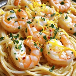 - 8 oz spaghetti or linguine - 1 lb large shrimp, peeled and deveined - 4 cloves garlic, minced - 1/4 cup olive oil - Zest and juice of 1 large lemon - 1/4 teaspoon red pepper flakes (optional) - 1/4 cup fresh parsley, chopped - Salt and pepper to taste - Grated Parmesan cheese for serving (optional) The ingredients for Lemon Garlic Shrimp Pasta are simple yet packed with flavor. You will need spaghetti or linguine, which gives a nice bite. Large shrimp are ideal because they cook quickly and soak up all the flavors. Garlic adds depth, while olive oil keeps everything smooth. The zest and juice of the lemon bring brightness and tang. If you like heat, red pepper flakes are a fun addition. Fresh parsley adds a pop of color and freshness. Salt and pepper enhance all the flavors. Finally, grated Parmesan cheese is optional but adds a creamy touch. Each serving has about 400 calories. The dish is rich in protein and healthy fats from the shrimp and olive oil. It also provides carbs from the pasta. This balance makes it a satisfying meal. If you need gluten-free options, try using gluten-free pasta. It works well and tastes great. For a different protein, chicken or tofu can replace shrimp. Both options add their own unique flavor while keeping it fun. To start, fill a large pot with water and bring it to a boil. Add a pinch of salt to the water. This step helps flavor the pasta. Once the water is boiling, add 8 oz of spaghetti or linguine. Cook it according to the package instructions until it's al dente. This usually takes about 8 to 10 minutes. Al dente means the pasta is firm when bitten. Once cooked, drain the pasta but save about 1/2 cup of the pasta water. Set the pasta aside. Next, take a large skillet and heat 1/4 cup of olive oil over medium heat. Once the oil is hot, add 4 minced garlic cloves and, if you like, 1/4 teaspoon of red pepper flakes. Sauté the garlic for just 1 minute. Be careful here; you don’t want to burn the garlic. Burnt garlic tastes bitter and can ruin your dish. Now, it’s time to add the shrimp. You’ll need 1 lb of large shrimp, peeled and deveined. Season them with salt and pepper. Cook the shrimp for about 2 to 3 minutes on each side. They should turn pink and opaque when done. After the shrimp is cooked, reduce the heat to low. Now, add the zest and juice of 1 large lemon to the skillet. This adds a bright flavor to the dish. Next, add the reserved pasta. Toss everything together to mix well. If the sauce seems too thick, add some of that reserved pasta water a little at a time. Stir until you reach your desired sauce consistency. The sauce should coat the pasta nicely without being too runny. For the final touch, stir in 1/4 cup of chopped fresh parsley. This adds freshness and a pop of color. Taste and adjust the seasoning if needed. Enjoy your Lemon Garlic Shrimp Pasta! For the full recipe, check out the details above. To know when shrimp is perfectly cooked, look for a bright pink color. The shrimp should curl into a 'C' shape. Overcooking makes shrimp tough. Cook for about 2-3 minutes on each side. Season your shrimp well. Use salt and pepper to bring out their natural flavor. You can also use paprika or lemon zest for a fresh twist. Pair your Lemon Garlic Shrimp Pasta with a light salad. A simple arugula or mixed greens salad works well. You can also serve it with garlic bread for a tasty side. Garnish your dish with fresh parsley. It adds color and brightness. A sprinkle of grated Parmesan cheese gives extra flavor. Avoid common mistakes like overcooking shrimp. Keep an eye on them as they cook. If you burn garlic, it can ruin your dish. Gather essential tools for cooking this dish. You need a large pot for pasta, a skillet for shrimp, and a good knife for chopping. A set of measuring cups is handy too. For the full recipe, check out the details above. {{image_2}} You can add some heat to your dish by using chili flakes. Just sprinkle them in while cooking the shrimp. If you like fresh peppers, try using jalapeños or serranos. Chop them finely and add them with the garlic. The spice will give a nice kick to the lemon garlic shrimp pasta. Adding veggies makes the dish colorful and healthy. Spinach and cherry tomatoes work well. Just toss them in when you sauté the shrimp. Be sure to adjust the cooking times, so the veggies stay crisp. For spinach, add it just a minute before you finish cooking. For tomatoes, add them when you add the shrimp. If you crave creaminess, add some heavy cream or a dairy-free option. Stir it in after you cook the shrimp. This will make the sauce rich and smooth. Be careful to balance the flavors. You may want to add a bit more lemon juice to keep the taste bright. Explore these variations to make your lemon garlic shrimp pasta unique. You can find the full recipe linked above for more details! To keep your Lemon Garlic Shrimp Pasta fresh, use airtight containers. I recommend glass or BPA-free plastic ones. This dish lasts up to three days in the fridge. Make sure to let it cool down before sealing. If you want to store it longer, you can freeze it. Place the pasta and shrimp in freezer-safe bags. Squeeze out the air to prevent freezer burn. This dish can last up to three months in the freezer. When you are ready to eat, thaw it overnight in the fridge. Reheat your pasta gently to keep the texture nice. The stovetop method works best. Just add a splash of water and warm it over low heat. Stir it often to avoid sticking. If you use a microwave, heat it in short bursts. Stir between each burst to help it warm evenly. I recommend using either spaghetti or linguine for this dish. Both types hold the sauce well. Spaghetti offers a classic texture, while linguine has a flat surface that grips the sauce nicely. You can also try gluten-free pasta if needed. This option is friendly for folks with gluten sensitivity. Yes, you can prepare this dish in advance. Cook the pasta and shrimp separately. Store them in airtight containers in the fridge for up to two days. When you are ready to eat, simply reheat them together in a skillet. Add a splash of olive oil or water to help loosen the sauce. You can swap regular pasta for whole grain or zucchini noodles. This will boost fiber and nutrients. Use less olive oil or replace it with vegetable broth to cut calories. You can also reduce the shrimp amount and add more veggies, like spinach or cherry tomatoes. This choice adds color and vitamins without losing flavor. This blog post showed you how to make Lemon Garlic Shrimp Pasta. We covered the right ingredients, cooking steps, and tips to avoid mistakes. You learned about tasty variations and smart storage tips for leftovers. This dish is easy to prepare, rich in flavors, and perfect for sharing. I hope you feel ready to try it yourself. Enjoy your cooking and savor every bite!