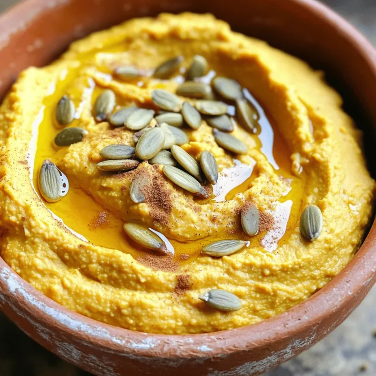 To make pumpkin spice hummus, you need a few key ingredients: - 1 can (15 oz) chickpeas, drained and rinsed - 1 cup canned pumpkin puree - 2 tablespoons tahini - 2 tablespoons maple syrup - 1 teaspoon vanilla extract - 1 teaspoon ground cinnamon - 1/2 teaspoon ground nutmeg - 1/4 teaspoon ground ginger - 1/4 teaspoon salt (adjust to taste) - 2 tablespoons olive oil - 2-4 tablespoons water (as needed for consistency) These ingredients come together to create a creamy, rich dip. The chickpeas give it a smooth base. Pumpkin puree adds a lovely fall flavor. Tahini brings in a nutty taste. Maple syrup sweetens it just right. You can enhance your pumpkin spice hummus with fun toppings: - Pumpkin seeds - A sprinkle of cinnamon - A drizzle of maple syrup These toppings add texture and flavor. They also make your hummus look pretty and festive. Knowing the nutrition of your ingredients helps you eat well. Here’s a simple breakdown: - Chickpeas: High in protein and fiber. They help you feel full. - Pumpkin puree: Low in calories, high in vitamins A and C. Great for your skin. - Tahini: Contains healthy fats and calcium. Good for your bones. - Maple syrup: Natural sweetener with some minerals. Use in moderation. - Spices: Cinnamon, nutmeg, and ginger have anti-inflammatory properties. This hummus is not just tasty. It’s also good for you. For the full recipe, check the details above. To make pumpkin spice hummus, start with a food processor. First, add: - 1 can (15 oz) chickpeas, drained and rinsed - 1 cup canned pumpkin puree - 2 tablespoons tahini - 2 tablespoons maple syrup - 1 teaspoon vanilla extract - 1 teaspoon ground cinnamon - 1/2 teaspoon ground nutmeg - 1/4 teaspoon ground ginger - 1/4 teaspoon salt (adjust to taste) Blend these ingredients until smooth. You may need to stop and scrape the sides. This helps mix everything well. Next, with the processor running, drizzle in: - 2 tablespoons olive oil Then, slowly add: - 2-4 tablespoons water (as needed for consistency) Keep blending until the hummus is creamy. Taste it and adjust the sweetness or spices if needed. If you want it sweeter, just add more maple syrup. Now, transfer the hummus to a serving bowl. Use the back of a spoon to make a swirl on top. This adds a nice touch! To get a smooth hummus, make sure your chickpeas are well-drained. If you want, you can peel the chickpeas for an even creamier texture. This step takes a bit of time but is worth it. When blending, keep the lid on tightly. This helps prevent splatters. If the hummus is too thick, add more water, a tablespoon at a time. Blend until you reach your perfect consistency. Taste your hummus often as you mix it. You might want more spice or sweetness. If you like it spicier, add a pinch more cinnamon or nutmeg. If you want more sweetness, drizzle in some extra maple syrup. Adjusting flavors is key. Remember, you can always add more but can't take away. Experiment until you find your ideal mix. This way, you’ll create a hummus that suits your taste perfectly. For the full recipe, check the earlier section. To make great hummus, start with good chickpeas. Use canned chickpeas for ease. Drain and rinse them well. This step helps remove excess salt and helps with taste. If you want a creamier texture, soak dried chickpeas overnight and cook them. This method makes them softer and easier to blend. Always check the quality of your chickpeas. Fresh chickpeas give the best flavor. If you have extra pumpkin spice hummus, store it right. Use an airtight container for best results. Make sure to cover the top with a thin layer of olive oil. This keeps it fresh and prevents drying. In the fridge, your hummus lasts about four to five days. You can also freeze it for longer storage. Just place it in a freezer-safe container, and it can last for up to three months. Pumpkin spice hummus is a fun twist on classic hummus. You can serve it with sliced apples or pears for a sweet snack. It also pairs well with crackers or pita chips. For a savory touch, try it with celery sticks or baby carrots. If you want to impress guests, create a snack board. Add cheese, nuts, and fruits along with the hummus for a tasty spread. For the full recipe, check the section above. {{image_2}} You can change the taste of pumpkin spice hummus with fun flavors. For a spicy kick, add a pinch of cayenne pepper. If you like a sweeter taste, try adding a tablespoon of brown sugar. You can also mix in a tablespoon of peanut butter for a nutty twist. Each change brings a new layer of flavor that excites the palate. Maple syrup works great in this hummus, but other sweeteners shine too. Honey adds a floral note and pairs well with pumpkin. Agave syrup is a nice vegan option if you prefer that. For a richer taste, mix in some cocoa powder. You can also add a spoonful of yogurt for creaminess and tang. Pumpkin spice hummus is versatile and pairs well with many dishes. Use it as a spread on toast or bagels for breakfast. It makes a great dip for fresh apple slices or carrot sticks. You can even swirl it into oatmeal for a cozy breakfast. This hummus can also be a tasty topping for pancakes or waffles. Try it with the full recipe to discover your favorite combinations! To keep your pumpkin spice hummus fresh, place it in an airtight container. This helps avoid air exposure, which can spoil the taste. Cover the top with plastic wrap before sealing the lid. This extra layer further protects the hummus from drying out. When stored properly, pumpkin spice hummus lasts about five to seven days in the refrigerator. Always check for changes in color or smell. If you notice anything off, it's best to toss it. To enjoy it fresh, try to finish it within a week. If you want to keep pumpkin spice hummus longer, freezing it is a great option. Use a freezer-safe container or freezer bags. Leave some space at the top, as hummus expands when frozen. It can last up to three months in the freezer. To thaw, place it in the fridge overnight. Stir well after thawing to restore its creamy texture. For the full recipe, check out the link provided in the article. You can serve pumpkin spice hummus with many tasty items. Fresh veggie sticks work great. Try carrots, cucumbers, or bell peppers for a healthy crunch. You can also use pita chips for a fun crunch. Whole grain crackers add a nice touch too. For a sweeter option, slice apples or pears. They pair well with the spices. Try it on toast for a quick snack. You can even swirl it into oatmeal for breakfast. The options are endless! Yes, pumpkin spice hummus is quite healthy! It contains chickpeas, which are high in protein and fiber. The pumpkin puree adds vitamins and minerals. Maple syrup gives it a touch of sweetness without refined sugar. The spices, like cinnamon and nutmeg, have health benefits too. They can help with digestion and may reduce inflammation. When you make it, you control the ingredients. This way, you can keep it light and nutritious. Absolutely! Making pumpkin spice hummus in advance is a smart idea. It saves time and lets the flavors develop. Just store it in an airtight container in the fridge. It can last for about five days. Before serving, give it a quick stir. If it thickens, add a little water or olive oil. You can also chill it longer for a refreshing snack or appetizer. For the full recipe, check out the earlier section on ingredients and instructions. Pumpkin spice hummus is fun and easy to make. We covered ingredients, step-by-step instructions, and key tips. You learned how to create a smooth mix and store leftovers well. I also shared variations and serving ideas to keep things fresh. In my view, this recipe is a warm twist on classic hummus. Enjoy it solo, or share it with friends for a delightful treat. Your taste buds will thank you!