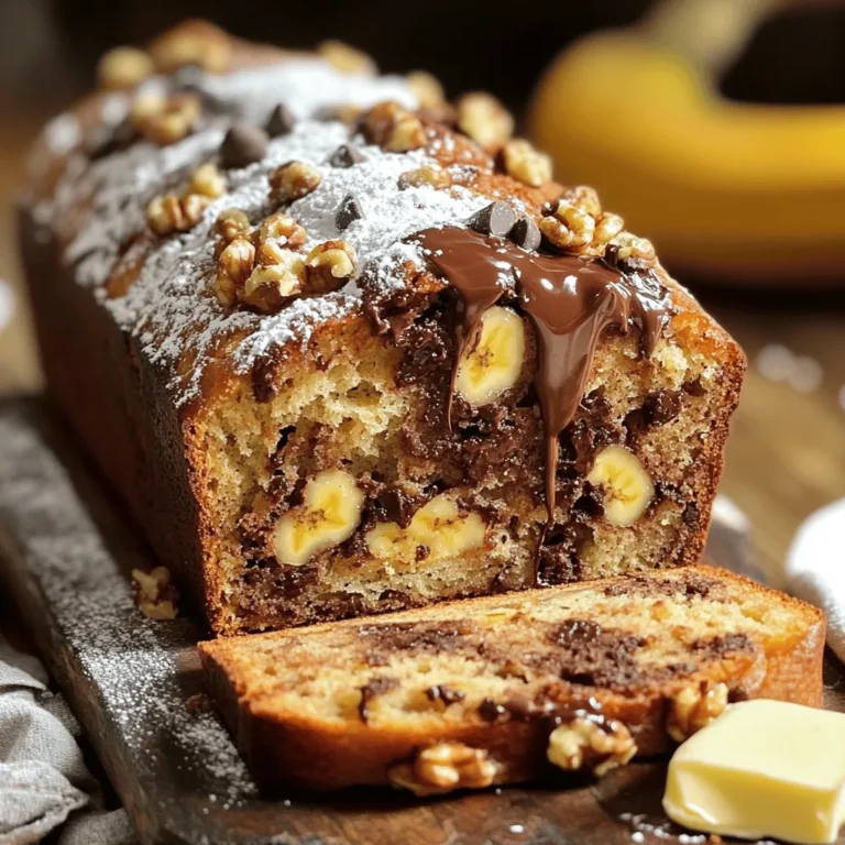 You need the following to make chocolate chip banana bread: - 3 ripe bananas, mashed - 1/2 cup unsalted butter, softened - 1 cup brown sugar - 2 large eggs - 1 teaspoon vanilla extract - 1 teaspoon baking soda - 1/2 teaspoon salt - 1 1/2 cups all-purpose flour - 1 cup semi-sweet chocolate chips - 1/2 cup chopped walnuts (optional) These ingredients work together to create a moist and sweet bread. The ripe bananas add natural sweetness and flavor. Chocolate chips give it a rich taste, while the walnuts add a nice crunch. You will need a few items to make this recipe easier: - A large mixing bowl - A 9x5 inch loaf pan - A spatula for mixing - A measuring cup and spoons - A whisk or fork for mixing These tools help you mix your ingredients well and bake your bread evenly. You can change some ingredients if you have allergies or preferences: - Use coconut oil instead of butter for a dairy-free option. - Replace brown sugar with coconut sugar for a lower glycemic index. - Use gluten-free flour instead of all-purpose flour for a gluten-free option. - Swap semi-sweet chocolate chips with dark chocolate or white chocolate for different flavors. These substitutions allow you to customize the recipe without losing taste. You can still enjoy delicious chocolate chip banana bread! For the complete recipe, check out the [Full Recipe]. 1. Start by preheating your oven to 350°F (175°C). Greasing a 9x5 inch loaf pan helps the bread slide out easily. You can also line it with parchment paper for added ease. 2. In a large bowl, mash the ripe bananas. I prefer using really ripe ones. They add more flavor and sweetness. 3. Next, add the softened butter to the mashed bananas. Mix them together until creamy. This step is key for a moist bread. 4. Stir in the brown sugar. Make sure it blends well with the banana mix. 5. Crack in the eggs and pour in the vanilla extract. Mix until everything is smooth. 6. Now, add the baking soda and salt. Stir until just combined. 7. Gradually fold in the all-purpose flour. Be gentle here; overmixing can make the bread tough. 8. Finally, fold in the chocolate chips and walnuts, if you want them. This adds a nice crunch. 1. Pour the batter into your prepared loaf pan. Smooth the top with a spatula for an even bake. 2. Place the pan in the preheated oven. Bake for 60-70 minutes. 3. To check if it’s done, insert a toothpick into the center. It should come out clean. 1. Once baked, allow the banana bread to cool in the pan for about 10 minutes. This makes it easier to remove. 2. After that, transfer the bread to a wire rack. Let it cool completely before slicing. 3. Slice and enjoy! You can serve it warm with butter or a sprinkle of powdered sugar. For the full recipe, check out the details above. To get moist banana bread, use very ripe bananas. These bananas have more sugar and flavor. Mash them well before adding. Mix in softened butter for a rich texture. Don't overmix the batter; this helps keep it soft. Bake at the right temperature. If you bake too hot, the outside may cook too fast, leaving the inside raw. One common mistake is using cold ingredients. Always let eggs and butter sit at room temperature. This helps the batter mix better. Another mistake is overbaking. Keep an eye on the time. Check the bread with a toothpick. If it comes out clean, it’s done. Lastly, don’t skip the chocolate chips. They are key to the flavor! To get even chocolate distribution, toss the chocolate chips in flour before mixing. This helps them stay suspended in the batter. Fold them in gently to avoid breaking. You want the chips to stay whole for the best bites. If you like, add some chips on top before baking for a pretty look. {{image_2}} You can make a gluten-free version of this banana bread. Use a gluten-free flour blend instead of all-purpose flour. Look for blends that include xanthan gum. This helps mimic the texture of regular flour. Follow the same steps in the recipe. Your bread will still be soft and tasty! To create a vegan banana bread, swap out the eggs. Use 1/4 cup of unsweetened applesauce for each egg. This keeps the bread moist. Also, replace the butter with coconut oil or a vegan butter. The rest of the recipe stays the same. You will love the flavor! Want to spice things up? Try adding cinnamon or nutmeg to the mix. Just one teaspoon of cinnamon can change the whole taste. You can also add chopped nuts or dried fruit. Walnuts or pecans add a nice crunch. For a twist, mix in peanut butter or Nutella. These additions make your banana bread unique and fun! For the full recipe, check out the Choco-Banana Bliss Bread. To keep your banana bread fresh, wrap it tightly in plastic wrap. You can also place it in an airtight container. This helps keep it moist and tasty. Store it at room temperature for up to three days. If you want to keep it longer, refrigeration is not the best choice. It can dry out the bread. Instead, use the freezer for long-term storage. Freezing banana bread is simple. First, let the bread cool completely. Then, slice it into pieces for easy serving. Wrap each slice in plastic wrap. Place the wrapped slices in a freezer-safe bag or container. Label the bag with the date. You can freeze banana bread for up to three months. When you want a slice, just take it out and enjoy! Reheating banana bread is quick and easy. If you want to warm a slice, use a microwave. Heat it for about 10 to 15 seconds. If you prefer a crispy crust, use an oven. Preheat it to 350°F (175°C). Place the slice on a baking sheet and heat for about 5 to 10 minutes. This way, it stays soft and delicious. For the best taste, serve it warm with butter or your favorite spread. Yes, you can use frozen bananas. Just thaw them first. They will mash easily. Frozen bananas add great flavor to your bread. They also help keep the bread moist. You can use applesauce or mashed flaxseed instead of eggs. Use 1/4 cup of applesauce per egg. For flaxseed, mix one tablespoon of ground flaxseed with three tablespoons of water. Let it sit for five minutes. This mix works well to bind the bread. You can store leftover banana bread in an airtight container. It stays fresh for about three days. You can also freeze it for later. Just slice it first, then wrap it in plastic. This way, you can enjoy it anytime. Check banana bread after 60 minutes in the oven. Insert a toothpick in the center. If it comes out clean, the bread is done. If there’s batter stuck to the toothpick, bake for another five to ten minutes. The top should be golden brown and firm. For the full recipe, check out the Choco-Banana Bliss Bread section. You now have all the key info to make perfect banana bread. We covered the ingredients needed, special gear, and how to substitute items easily. You learned step-by-step instructions for preparation, baking, and cooling. Also, I shared tips to keep your bread moist and avoid common mistakes. Explore variations like gluten-free and vegan options, and now you know how to store banana bread and reheat it. With this guide, you can enjoy delicious banana bread anytime!