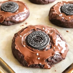 To make these yummy cookies, gather the following: - 1 cup unsalted butter, melted - 1 cup granulated sugar - 1 cup brown sugar, packed - 4 large eggs - 1 teaspoon vanilla extract - 1 ½ cups all-purpose flour - 1 cup unsweetened cocoa powder - 1 teaspoon baking powder - ½ teaspoon salt - 1 cup chocolate chips (semi-sweet or milk chocolate) - 12 Oreo cookies, whole - Sea salt for sprinkling (optional) These ingredients create a rich, chocolatey base that perfectly complements the Oreos. To make your cookies even better, consider adding: - A pinch of sea salt on top - Extra chocolate chips for more chocolate flavor - Nuts like walnuts or pecans for crunch These options can boost the taste and texture of your cookies. If you run out of something, here are some easy swaps: - Use margarine instead of butter - Substitute brown sugar with coconut sugar - Replace eggs with applesauce or a flaxseed mix (1 tablespoon flaxseed meal + 2.5 tablespoons water) for a vegan option These substitutions can still give you delicious cookies while meeting your needs. For the complete recipe, check out the Full Recipe. First, set your oven to 350°F (175°C). This temperature helps the cookies bake just right. Next, line a baking sheet with parchment paper. This keeps the cookies from sticking and makes cleanup easier. In a large bowl, mix melted butter, granulated sugar, and brown sugar. Whisk them together until smooth. Add four large eggs, one at a time. Mix well after each egg. Add in one teaspoon of vanilla extract for flavor. In another bowl, sift together the flour, cocoa powder, baking powder, and salt. This helps remove lumps and makes the mix light. Slowly add the dry mix to the wet mix. Stir until just combined. Don't overmix! Finally, fold in one cup of chocolate chips. To form the cookies, take a scoop of dough. Flatten it in your hand. Place an Oreo cookie in the center. Wrap the dough around the Oreo, rolling it into a ball. Place the cookie balls on the baking sheet, leaving space between them. You can sprinkle a little sea salt on top if you like. Bake the cookies for 10-12 minutes. The edges should set, but the centers should stay soft. After baking, let the cookies cool on the sheet for five minutes. Then, transfer them to a wire rack. This cooling step is key for the best texture. Serve them warm or at room temperature for a delightful treat. For the full recipe, check the earlier section. To get the right cookie texture, use room temperature ingredients. This helps them mix well. Mix the butter and sugars until creamy. This makes your cookies soft. Avoid overmixing the dough to keep them light. You want a slightly thick dough that holds its shape. When baking Oreos in cookies, use whole Oreos. This keeps the filling intact and gooey. Make sure to space your cookies two inches apart. This gives them room to spread. Monitor the baking time closely. The edges should set, but the centers should stay soft for a chewy bite. One common mistake is overbaking the cookies. If you let them bake too long, they will be hard. Another mistake is not measuring ingredients correctly. Use measuring cups and spoons for accuracy. Lastly, avoid skipping the sea salt. It enhances the flavor and balances the sweetness. For more details, check the Full Recipe. {{image_2}} You can change up the flavor of your Oreo stuffed brownie cookies by using different types of Oreos. Try the classic golden Oreos for a sweet twist. If you love mint, use mint Oreos for a fresh flavor. For a seasonal touch, pumpkin spice Oreos are great in fall. These swaps add fun flavors to your cookies. If you like chocolate chip cookies, you can mix in extra goodies. Add a cup of chopped nuts for crunch. You can also use white chocolate chips if you want a sweet contrast. Try some caramel bits for a chewy surprise inside. These add-ins make each bite exciting. You can easily make these cookies gluten-free or vegan. Use gluten-free flour instead of all-purpose flour. For a vegan version, swap eggs for flax eggs. Mix one tablespoon of flaxseed meal with three tablespoons of water. Let it sit for five minutes until it thickens. This way, everyone can enjoy these tasty treats. For the full recipe, refer back to the earlier section. Store your Oreo stuffed brownie cookies in an airtight container. This keeps them soft and chewy. Place parchment paper between layers to avoid sticking. Room temperature is best for storage. They will stay fresh for about one week this way. Freezing cookies is easy and fun! First, let the cookies cool completely. Then, wrap each cookie in plastic wrap. Place wrapped cookies in a freezer bag. Press out as much air as you can. These cookies can stay in the freezer for up to three months. To keep your cookies fresh, avoid placing them in direct sunlight. Store them in a cool, dry place. If you live in a humid area, consider using a cookie jar with a tight seal. For added freshness, add a slice of bread to the container. The bread helps to keep cookies moist. Enjoy your sweet treats! For the full recipe, check out the complete guide. Yes, you can use other cookies. Try peanut butter or chocolate chip cookies. Each type adds a unique taste. Just make sure the cookies can hold their shape. I have found that softer cookies work best for this treat. Look for a few signs. The edges should look set, while the center remains soft. You can also check the color. They should be a rich brown. A little shine in the middle is fine. Trust your eyes and nose; they will guide you. If the dough is sticky, chill it for 30 minutes. This helps firm it up. You can also sprinkle a bit of flour on your hands. This keeps the dough from sticking. Remember, a bit of stickiness is normal for this recipe. Absolutely! You can make the dough a day in advance. Just wrap it tightly and store it in the fridge. When ready to bake, let it sit for a few minutes at room temperature. This makes it easier to handle. For even longer storage, freeze it for up to three months. Check out the full recipe for more tips! Oreo stuffed brownie cookies mix classic flavors for a tasty treat. We covered the key ingredients, from essentials to options that boost flavor. I shared step-by-step instructions to bake your cookies perfectly. Tips on texture and common mistakes will help you succeed. Explore fun variations, storage tips, and FAQs for your baking journey. Enjoy these cookies fresh or save them for later. Baking can be simple and fun. Now, grab your ingredients and start!