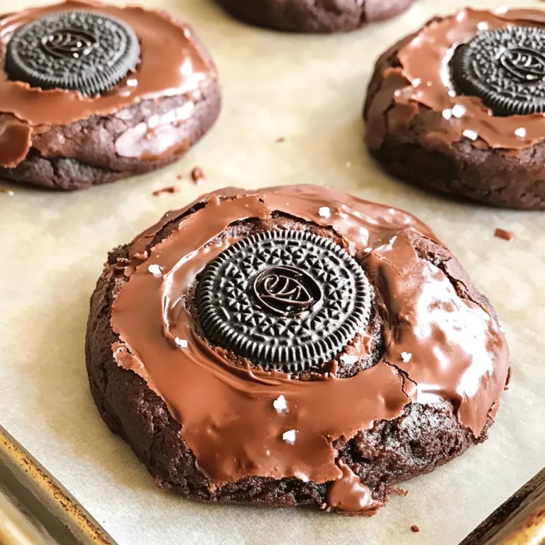 To make these yummy cookies, gather the following: - 1 cup unsalted butter, melted - 1 cup granulated sugar - 1 cup brown sugar, packed - 4 large eggs - 1 teaspoon vanilla extract - 1 ½ cups all-purpose flour - 1 cup unsweetened cocoa powder - 1 teaspoon baking powder - ½ teaspoon salt - 1 cup chocolate chips (semi-sweet or milk chocolate) - 12 Oreo cookies, whole - Sea salt for sprinkling (optional) These ingredients create a rich, chocolatey base that perfectly complements the Oreos. To make your cookies even better, consider adding: - A pinch of sea salt on top - Extra chocolate chips for more chocolate flavor - Nuts like walnuts or pecans for crunch These options can boost the taste and texture of your cookies. If you run out of something, here are some easy swaps: - Use margarine instead of butter - Substitute brown sugar with coconut sugar - Replace eggs with applesauce or a flaxseed mix (1 tablespoon flaxseed meal + 2.5 tablespoons water) for a vegan option These substitutions can still give you delicious cookies while meeting your needs. For the complete recipe, check out the Full Recipe. First, set your oven to 350°F (175°C). This temperature helps the cookies bake just right. Next, line a baking sheet with parchment paper. This keeps the cookies from sticking and makes cleanup easier. In a large bowl, mix melted butter, granulated sugar, and brown sugar. Whisk them together until smooth. Add four large eggs, one at a time. Mix well after each egg. Add in one teaspoon of vanilla extract for flavor. In another bowl, sift together the flour, cocoa powder, baking powder, and salt. This helps remove lumps and makes the mix light. Slowly add the dry mix to the wet mix. Stir until just combined. Don't overmix! Finally, fold in one cup of chocolate chips. To form the cookies, take a scoop of dough. Flatten it in your hand. Place an Oreo cookie in the center. Wrap the dough around the Oreo, rolling it into a ball. Place the cookie balls on the baking sheet, leaving space between them. You can sprinkle a little sea salt on top if you like. Bake the cookies for 10-12 minutes. The edges should set, but the centers should stay soft. After baking, let the cookies cool on the sheet for five minutes. Then, transfer them to a wire rack. This cooling step is key for the best texture. Serve them warm or at room temperature for a delightful treat. For the full recipe, check the earlier section. To get the right cookie texture, use room temperature ingredients. This helps them mix well. Mix the butter and sugars until creamy. This makes your cookies soft. Avoid overmixing the dough to keep them light. You want a slightly thick dough that holds its shape. When baking Oreos in cookies, use whole Oreos. This keeps the filling intact and gooey. Make sure to space your cookies two inches apart. This gives them room to spread. Monitor the baking time closely. The edges should set, but the centers should stay soft for a chewy bite. One common mistake is overbaking the cookies. If you let them bake too long, they will be hard. Another mistake is not measuring ingredients correctly. Use measuring cups and spoons for accuracy. Lastly, avoid skipping the sea salt. It enhances the flavor and balances the sweetness. For more details, check the Full Recipe. {{image_2}} You can change up the flavor of your Oreo stuffed brownie cookies by using different types of Oreos. Try the classic golden Oreos for a sweet twist. If you love mint, use mint Oreos for a fresh flavor. For a seasonal touch, pumpkin spice Oreos are great in fall. These swaps add fun flavors to your cookies. If you like chocolate chip cookies, you can mix in extra goodies. Add a cup of chopped nuts for crunch. You can also use white chocolate chips if you want a sweet contrast. Try some caramel bits for a chewy surprise inside. These add-ins make each bite exciting. You can easily make these cookies gluten-free or vegan. Use gluten-free flour instead of all-purpose flour. For a vegan version, swap eggs for flax eggs. Mix one tablespoon of flaxseed meal with three tablespoons of water. Let it sit for five minutes until it thickens. This way, everyone can enjoy these tasty treats. For the full recipe, refer back to the earlier section. Store your Oreo stuffed brownie cookies in an airtight container. This keeps them soft and chewy. Place parchment paper between layers to avoid sticking. Room temperature is best for storage. They will stay fresh for about one week this way. Freezing cookies is easy and fun! First, let the cookies cool completely. Then, wrap each cookie in plastic wrap. Place wrapped cookies in a freezer bag. Press out as much air as you can. These cookies can stay in the freezer for up to three months. To keep your cookies fresh, avoid placing them in direct sunlight. Store them in a cool, dry place. If you live in a humid area, consider using a cookie jar with a tight seal. For added freshness, add a slice of bread to the container. The bread helps to keep cookies moist. Enjoy your sweet treats! For the full recipe, check out the complete guide. Yes, you can use other cookies. Try peanut butter or chocolate chip cookies. Each type adds a unique taste. Just make sure the cookies can hold their shape. I have found that softer cookies work best for this treat. Look for a few signs. The edges should look set, while the center remains soft. You can also check the color. They should be a rich brown. A little shine in the middle is fine. Trust your eyes and nose; they will guide you. If the dough is sticky, chill it for 30 minutes. This helps firm it up. You can also sprinkle a bit of flour on your hands. This keeps the dough from sticking. Remember, a bit of stickiness is normal for this recipe. Absolutely! You can make the dough a day in advance. Just wrap it tightly and store it in the fridge. When ready to bake, let it sit for a few minutes at room temperature. This makes it easier to handle. For even longer storage, freeze it for up to three months. Check out the full recipe for more tips! Oreo stuffed brownie cookies mix classic flavors for a tasty treat. We covered the key ingredients, from essentials to options that boost flavor. I shared step-by-step instructions to bake your cookies perfectly. Tips on texture and common mistakes will help you succeed. Explore fun variations, storage tips, and FAQs for your baking journey. Enjoy these cookies fresh or save them for later. Baking can be simple and fun. Now, grab your ingredients and start!