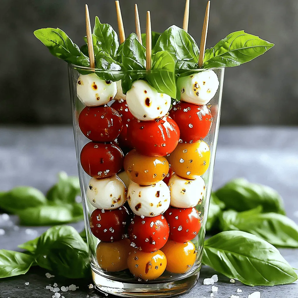 - Cherry tomatoes - Fresh mozzarella balls (bocconcini) - Fresh basil leaves - Balsamic glaze - Extra virgin olive oil - Salt and pepper - Skewers (6-inch or longer) The main ingredients for Easy Caprese Salad Skewers are simple yet fresh. Cherry tomatoes bring a burst of flavor. Fresh mozzarella balls, or bocconcini, add creaminess. Basil leaves provide herbal notes. Balsamic glaze gives a sweet touch. Extra virgin olive oil enhances the taste. A pinch of salt and pepper rounds it all out. Choose skewers that are at least six inches long for easy handling. - Alternatives for mozzarella: You can use feta cheese or vegan cheese. - Using different herbs: Try parsley or mint for a fresh twist. - Options for balsamic glaze: You can use red wine vinegar or a homemade reduction. If you need to swap out ingredients, there are great options. Feta cheese works well in place of mozzarella. It adds a tangy flavor. Fresh herbs like parsley or mint can also be good choices. If you don’t have balsamic glaze, red wine vinegar or a homemade reduction can work too. - Skewers or toothpicks - Serving platter - Measuring spoons To make these skewers, you will need some basic tools. Skewers or toothpicks are essential for threading the ingredients. A serving platter helps showcase your skewers. Measuring spoons ensure you use the right amount of olive oil and glaze. For the full recipe, check the complete guide. First, wash the cherry tomatoes and basil leaves carefully. Use clean water and a gentle touch. After washing, pat them dry with a paper towel. This step helps avoid excess water on your skewers. Next, grab your skewers. If you use wooden ones, soak them in water for about 10 minutes. This keeps them from burning while you prepare your dish. Now it’s time to assemble your skewers. Start by threading a cherry tomato onto the skewer. Follow it with a fresh basil leaf. Then, add a mozzarella ball. Repeat this process until the skewer is filled. A good pattern is three tomatoes, three mozzarella balls, and alternating with basil leaves. This order looks nice and tastes great! Once your skewers are ready, place them on a serving platter. Drizzle olive oil over the skewers, covering them evenly. Next, add balsamic glaze for a sweet touch. Finally, sprinkle salt and pepper to taste. Let your skewers sit for about 10-15 minutes. This waiting time allows the flavors to blend well. Enjoy your Easy Caprese Salad Skewers! For the full recipe, check it out [here](#). To make your skewers really shine, marinate them. Let them sit for about 10-15 minutes. This time allows all the flavors to blend. You want each bite to burst with taste. For even flavor, thread your ingredients in a pattern. Alternate between tomatoes, basil, and mozzarella. This way, every bite has a bit of everything. When it comes to serving, think outside the box. Arrange the skewers in a tall glass. This not only looks nice but makes them easy to grab. You can also lay them diagonally on a platter. Add a small bowl of balsamic glaze for dipping, and garnish with more basil. This adds a fresh touch and makes your dish pop. You can prep these skewers in advance. Assemble them up to a day before serving. Just keep them in the fridge. To keep them fresh, cover them tightly. If you make them early, remember to marinate them right before serving. This keeps the flavors vibrant and tasty. {{image_2}} You can easily change up your Caprese skewers. Adding different vegetables can enhance the taste. Try bell peppers, zucchini, or even cucumbers. These veggies add crunch and freshness. You can also add fruits for a fun twist. Pineapple or strawberries pair well with mozzarella. The sweetness of fruit balances the salty cheese. Boost the flavor of your skewers by using flavored olive oils. A garlic or basil-infused oil can add depth. You can also experiment with dressings or spices. A sprinkle of Italian herbs can elevate the dish. Consider adding a touch of chili flakes for heat. This little change can make a big difference. If you're looking for vegan options, swap mozzarella for avocado or marinated tofu. These alternatives keep the creamy feel without dairy. For a gluten-free adaptation, ensure your skewers are made of safe ingredients. Most of the items in this recipe are already gluten-free. Just be cautious with the balsamic glaze; check for hidden gluten in the brand you choose. To store leftover skewers, keep them in an airtight container. This helps keep them fresh. You can also wrap them tightly in plastic wrap. If you have extra ingredients, store them separately. Place cherry tomatoes, mozzarella, and basil in the fridge. This keeps each item fresh longer. Prepared skewers last about 1-2 days in the fridge. After that, they may lose flavor. If you want to save them longer, you can freeze the individual parts. Freeze mozzarella and tomatoes separately in freezer bags. Basil does not freeze well, so use it fresh. You usually do not need to reheat Caprese salad skewers. They taste best fresh and cold. If you really want to warm them, do it gently. Place them in a warm oven for a few minutes. Avoid the microwave, as it makes them soggy. For best results, enjoy them cold right after making. Check the [Full Recipe] for more tips! Easy Caprese Salad Skewers are a fun and tasty way to enjoy the classic Caprese salad. They feature fresh cherry tomatoes, creamy mozzarella, and fragrant basil, all on a skewer. This simple dish is colorful and packed with flavor. You can enjoy it as a snack or serve it at a party. Making Easy Caprese Salad Skewers is quick! It takes about 10 minutes to prep. After that, you let them sit for 10-15 minutes to soak up the flavors. The total time is around 25 minutes, making it easy for any occasion. Yes, you can! If you want to skip mozzarella, try using avocado or marinated tofu. These options offer a great taste and texture. You can still enjoy the fresh flavors of basil and tomatoes, making it a tasty dish for everyone. To boost flavor, try adding herbs like oregano or thyme. You can also sprinkle on some red pepper flakes for heat. A drizzle of lemon juice adds a fresh twist. Experiment with different spices to find what you love best. Absolutely! You can prepare the skewers a day ahead. Just store them in the fridge, covered. If you want to keep them fresh, wait to drizzle the balsamic glaze until you serve them. This keeps the flavors bright and yummy. For the full recipe, check the section above! Easy Caprese Salad Skewers are a fun, tasty, and fresh dish. We covered the key ingredients, exact steps, and clever tips. You learned how to assemble these delicious skewers and make them your own with swaps. Remember, you can prepare them in advance and store them to keep flavors fresh. Enjoy creating unique versions with fruits or herbs. These skewers elevate any meal or gathering. Now, it’s time to get cooking and impress your friends and family!