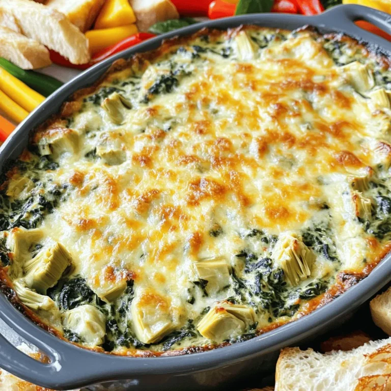 To make Cheesy Spinach Artichoke Dip, gather these simple ingredients: - 1 cup fresh spinach, chopped - 1 cup canned artichoke hearts, drained and chopped - 1 cup cream cheese, softened - 1/2 cup sour cream - 1/2 cup mayonnaise - 1 cup shredded mozzarella cheese - 1/2 cup grated Parmesan cheese - 2 garlic cloves, minced - 1/2 teaspoon onion powder - 1/2 teaspoon red pepper flakes (optional for heat) - Salt and pepper to taste Each ingredient plays a role in the dip's creamy goodness. Fresh spinach adds a nice touch of color and nutrition. Canned artichokes bring a unique texture and flavor. Cream cheese gives a rich base, while sour cream and mayonnaise add creaminess. The cheeses create that melty, gooey texture we all love. Garlic and onion powder enhance the flavor profile, and red pepper flakes give a slight kick if you choose. Use the [Full Recipe] to see how to bring these ingredients together into a delightful dish. 1. Preheat the oven: Set your oven to 375°F (190°C). This step warms up the oven, helping the dip cook evenly. 2. Combine the cream cheese, sour cream, and mayonnaise: In a large bowl, mix 1 cup of softened cream cheese, 1/2 cup of sour cream, and 1/2 cup of mayonnaise. Stir until the mixture is smooth and creamy. This base makes the dip rich and delicious. 3. Add spinach and artichokes: Chop 1 cup of fresh spinach and 1 cup of canned artichoke hearts. Stir these into the creamy mixture. The spinach gives a nice color, while the artichokes add a unique taste. 4. Mix in cheeses and seasonings: Add 1 cup of shredded mozzarella cheese, 1/2 cup of grated Parmesan cheese, 2 minced garlic cloves, 1/2 teaspoon onion powder, and optional 1/2 teaspoon red pepper flakes for heat. Season with salt and pepper. Mix everything well to blend the flavors. 1. Transfer to a baking dish: Spoon the dip mixture into an oven-safe baking dish. Spread it evenly across the bottom to ensure even cooking. 2. Bake time and temperature: Place the dish in the preheated oven. Bake for about 25-30 minutes. Look for a golden and bubbly top, which shows that it is ready. 3. Cooling period before serving: Once done, remove the dip from the oven. Let it sit for a few minutes to cool. This cooling period makes it safer to eat and helps the flavors settle. For more details, check out the Full Recipe. - Achieving the perfect creaminess: Mix your cream cheese, sour cream, and mayonnaise well. I like to use a hand mixer for a smooth blend. This makes your dip rich and creamy. - Balancing flavors with seasonings: Don't skip the garlic and onion powder; they add great depth. Taste as you go. You can adjust salt and pepper to your liking. If you want heat, add red pepper flakes. - Ensuring even baking: Spread the dip mixture evenly in the baking dish. This helps it cook uniformly. Keep an eye on it in the oven. Look for a golden top and bubbly edges. - Ideal accompaniments for the dip: Serve with toasted baguette slices, tortilla chips, or fresh veggie sticks. These add crunch and flavor to every bite. - Garnishing ideas for presentation: A sprinkle of fresh parsley or extra Parmesan on top adds a pop of color. It makes your dip look gourmet and inviting. - Portioning for events: Use small bowls for easy sharing. For a crowd, double the recipe. This dip goes fast, so be ready! Check out the Full Recipe for more details. {{image_2}} You can switch out cream cheese for several tasty options. Neufchâtel cheese gives a similar taste with less fat. If you want a lighter dip, Greek yogurt works well too. For cheese, try using cheddar or gouda for a sharp flavor. A blend of cheeses can add depth and richness. You can mix mozzarella with pepper jack for a spicy kick. Adding more veggies can boost nutrition and flavor. Try bell peppers, mushrooms, or even kale. Just make sure to chop them small. This keeps the dip creamy and easy to scoop. If you need a gluten-free option, this dip is naturally safe. Serve it with gluten-free chips or veggies for dipping. For a vegan variation, replace cream cheese with cashew cheese or tofu. Use a plant-based yogurt too. Nutritional yeast can add a cheesy flavor without dairy. Low-carb fans can skip the bread and chips. Serve the dip with celery sticks or cucumber slices instead. This keeps it rich in flavor and low in carbs. To keep your cheesy spinach artichoke dip fresh, follow these tips: - Refrigeration: Let the dip cool to room temp. Cover it with plastic wrap or foil. This helps keep it tasty. - Containers: Use airtight containers for safe storage. Glass or plastic containers work well. - Duration: Leftovers last up to three days in the fridge. After that, they may lose flavor. When you want to enjoy the dip again, here’s how: - Best methods: Reheat in the oven or microwave. For the oven, set it to 350°F (175°C). Heat until warm. - Creamy texture: Add a splash of cream or milk if it seems thick. This keeps it smooth. - Thawing tips: If frozen, thaw in the fridge overnight. Then reheat as described. For the full recipe, check out the other sections! - How to make Cheesy Spinach Artichoke Dip spicier? To add heat, mix in more red pepper flakes. You can also add diced jalapeños. Start with a small amount and taste as you go. This way, you can control the spice level. - Can I make the dip ahead of time? Yes, you can prepare the dip a day early. Just cover it and store it in the fridge. When ready to serve, bake it straight from the fridge. You may need to add a few extra minutes to the baking time. - What to serve with Cheesy Spinach Artichoke Dip? Serve this dip with toasted baguette slices, tortilla chips, or fresh veggie sticks. Each option adds a fun crunch that pairs well with the creamy dip. - What to do if the dip is too thick or too runny? If your dip is too thick, add a bit more sour cream or mayonnaise. For a runny dip, bake it a little longer to thicken up. Letting it cool slightly also helps it firm up. - How to avoid burnt edges while baking? Use a baking dish that fits your dip well. If the edges burn, cover them loosely with foil while baking. This keeps the center warm without overcooking the edges. - How to tell when the dip is done baking? Look for a golden, bubbly top. If it’s brown around the edges, it’s likely done. You can also poke it with a fork; if it holds together well, it’s ready. - Caloric content per serving Each serving has about 200 calories. This can change based on your ingredients, so check the labels for exact numbers. - Breakdown of macronutrients Each serving has around 10 grams of fat, 7 grams of carbs, and 5 grams of protein. The cheese and spinach boost the protein content. - Health benefits of key ingredients Spinach is high in vitamins A and C. Artichokes offer fiber, which aids digestion. Using lower-fat cheeses can help cut calories while keeping flavor. This blog post shared a yummy recipe for Cheesy Spinach Artichoke Dip. We covered the key ingredients, step-by-step instructions, and tips for perfecting your dip. You can explore variations to suit dietary needs and learn how to store leftovers. As you make this dish, remember to have fun and get creative. Enjoy sharing your delicious dip with friends and family!