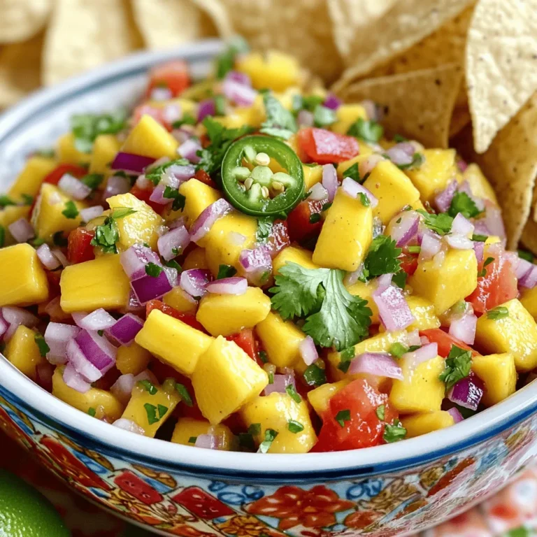 - 2 ripe mangos, diced - 1 medium red onion, finely chopped - 1 red bell pepper, diced - 1 jalapeño, deseeded and minced - 1/4 cup fresh cilantro, chopped - Juice of 2 limes - 1 tablespoon honey (optional) - Salt and pepper to taste To make spicy mango salsa, start with ripe mangos. They give the best flavor and sweetness. Red onion adds crunch and sharpness. The red bell pepper brings color and sweetness, while jalapeño adds the heat. Fresh cilantro gives a burst of freshness. Limes add acidity, brightening the dish. Honey can sweeten the salsa if desired. Don't forget salt and pepper for balance. - Cutting board - Knife - Mixing bowl - Spoon for mixing You will need a cutting board to chop all your ingredients easily. A sharp knife is important for clean cuts. Use a mixing bowl to combine everything. A spoon helps to mix and serve the salsa. Simple tools make this process quick and fun. - Best mango types to use: Ataulfo or Haden mangos - Preferred brands of fresh ingredients: Organic or local produce for best flavor For the best mango, I suggest Ataulfo or Haden. They are sweet and creamy. Always choose fresh, organic, or local ingredients if possible. They pack the most flavor and nutrients. Using quality products will enhance your salsa's taste. Check your local farmer’s market for the best options. You can find the [Full Recipe] for Spicy Mango Salsa to enjoy this vibrant dish! - Start by dicing the ripe mangos into small cubes. Aim for even pieces. - Next, chop the red onion finely. This lets its flavor blend well. - Dice the red bell pepper. It adds sweetness and color to the salsa. - For the jalapeño, carefully deseed it. Then mince it for that spicy kick. - In a mixing bowl, combine all the diced ingredients. - Squeeze the juice of two limes over the mixture. It adds brightness. - For sweetness, add a tablespoon of honey if you like. - Season with salt and pepper to taste. Give it a good stir. - Chill the salsa for at least 20 minutes before serving. - This resting time allows the flavors to mix well and deepen. - Enjoy the freshness and vibrant taste of your creation! For the full recipe, check the [Full Recipe]. Using ripe fruit is key to great salsa. Ripe mangos are sweet and juicy. You can tell if a mango is ripe by its color and softness. A small squeeze should feel slightly soft but not mushy. To balance sweetness and heat, mix in lime juice. The acidity cuts through the mango's sweetness. If you want more heat, add more jalapeño or try a pinch of cayenne pepper. Remember, start small and taste as you go! Spicy mango salsa pairs well with grilled chicken or fish. It adds a fresh burst of flavor to tacos or burritos. You can also serve it as a dip with tortilla chips for a fun snack. For unique ways to serve salsa, try it on top of avocado toast or with shrimp cocktails. You can even mix it into a fresh green salad for a zesty twist. To make your salsa stand out, serve it in a colorful bowl. Use a bowl that contrasts with the bright colors of the salsa. For garnishing, add a sprig of cilantro on top. You can also sprinkle some lime zest for extra color and aroma. Present your salsa alongside crispy tortilla chips for a beautiful and tasty display. For the full recipe, check out our detailed cooking guide! {{image_2}} You can switch up the fruits in your salsa. Try using pineapple or peaches. Pineapple adds a sweet and tangy taste. Peaches bring a juicy flavor that pairs well with mango. You can also mix in different spices or herbs. Try cumin for a smoky taste or basil for a fresh twist. Want more heat? Add more jalapeño or try a serrano pepper. For less spice, remove all seeds from the jalapeño. You can also swap jalapeño for a milder pepper like a bell pepper. Taste as you go, and adjust the heat to fit your family’s taste. This salsa is naturally vegan and gluten-free. If you want to make it sweeter, use agave syrup instead of honey. This keeps it vegan. You can also serve it on gluten-free chips or with grilled veggies for a healthy meal. Enjoy the fresh flavors without worry! To keep your spicy mango salsa fresh, store it in the refrigerator. Use an airtight container. This helps lock in flavors and prevents spills. A glass jar or plastic container works well. Make sure the lid is tight. When stored properly, salsa lasts about 3 to 5 days in the fridge. Check for signs of spoilage. If you see mold or smell something sour, it's best to throw it away. Fresh salsa will have bright colors and a fruity aroma. Yes, you can freeze spicy mango salsa! Just place it in a freezer-safe container. Leave some space at the top for expansion. To thaw, move it to the fridge overnight. For best results, mix it gently after thawing. This keeps the flavors fresh and tasty. For the full recipe, check out Spicy Mango Salsa. To make Spicy Mango Salsa, you need just a few steps. First, dice two ripe mangos and place them in a bowl. Next, chop one medium red onion and add it to the mangos. Then, dice one red bell pepper and toss it in for sweetness. For heat, mince one jalapeño, making sure to deseed it for less spice. Add 1/4 cup of fresh chopped cilantro and squeeze the juice of two limes into the mix. If you like a touch of sweetness, add one tablespoon of honey. Finally, season with salt and pepper, mix well, and chill for at least 20 minutes. You can find the full recipe [here]. Yes, you can use frozen mango for salsa. Frozen mango is convenient and often cheaper. It can save time and still taste great. However, it may have more water than fresh mango. This extra moisture can make the salsa watery. To avoid this, let the frozen mango thaw and drain off excess liquid. Fresh mango will give a better texture, but frozen is a good option in a pinch. Spicy Mango Salsa pairs well with many foods. It’s great with grilled chicken or fish. You can serve it with tortilla chips as a fun snack. It also works well in tacos or on top of salads. Try it with quesadillas or even on a burger for a tasty twist. This salsa adds a fresh kick to any meal. To tone down the heat in your salsa, here are a few tips. Use less jalapeño or leave out the seeds. If you want a milder flavor, try adding more mango or bell pepper. You can also mix in avocado for creaminess, which helps balance the spice. Adding more lime juice can also help cut the heat. Experiment until you find the right balance for your taste. Spicy mango salsa is simple and fun to make. You start with ripe mangoes, fresh veggies, and a mix of flavors. We covered how to prepare, mix, and serve this tasty dish. Remember to chill it for the best taste. You can adjust ingredients for your taste and dietary needs. Store it well for freshness. Enjoy this salsa with meals or as a snack. With practice, you’ll create your perfect spicy mango salsa every time. Enjoy your cooking adventure!
