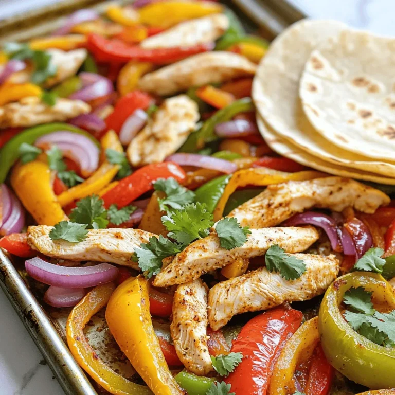 - 1 pound chicken breast, sliced into thin strips - 1 red bell pepper, sliced - 1 yellow bell pepper, sliced - 1 green bell pepper, sliced - 1 red onion, sliced - 3 tablespoons olive oil - 2 teaspoons chili powder - 1 teaspoon cumin - 1 teaspoon smoked paprika - 1 teaspoon garlic powder - ½ teaspoon salt - ½ teaspoon black pepper - Juice of 1 lime - Fresh cilantro, chopped (for garnish) - Tortillas (for serving) I love using fresh, colorful ingredients for this dish. The chicken and peppers blend well. The lime juice adds a bright taste. The spices create a warm flavor that feels cozy. When I make this meal, I grab my favorite veggies. The red, yellow, and green peppers not only taste great, but they also look pretty. The sliced onion adds a nice crunch. I chop everything to the same size. This way, they cook evenly and look nice on the plate. For the seasoning, I mix olive oil with chili powder, cumin, smoked paprika, garlic powder, salt, and black pepper. This mix gives the chicken and veggies a bold flavor. I squeeze fresh lime juice to finish it off. It makes everything taste bright and zesty. You can find the full recipe in the section above. Enjoy the vibrant colors and flavors! - Preheat your oven to 400°F (200°C). - Line a large baking sheet with parchment paper. These steps set you up for success. Preheating the oven ensures that your fajitas cook evenly. The parchment paper makes cleanup easy. - Combine sliced chicken, bell peppers, and onion in a mixing bowl. - Drizzle with olive oil and add seasonings. Mixing is where the magic happens. The chicken and veggies soak up the oil and spices. I love using chili powder and cumin for a warm flavor. Toss it well to coat every piece. - Spread chicken and vegetable mixture on the baking sheet. - Roast for 20-25 minutes. - Let cool and toss before serving. Roasting is the final step. Spread everything out so it cooks evenly. This method gives the chicken a nice char and the veggies a sweet flavor. After roasting, let it cool for a few minutes. Toss everything again to mix the flavors. For the full recipe, you can refer to the previous section. Enjoy your delicious meal! To get the best results from your sheet pan chicken fajitas, follow these tips: - Ensure even cooking by spreading the mixture in a single layer. This helps the chicken and veggies cook evenly. If they overlap, some may cook faster than others. - Adjust cooking time based on thickness of chicken strips. Thicker strips take longer to cook. Cut them all the same size for perfect timing. Want to boost the taste of your fajitas? Here are some suggestions: - Experiment with additional spices or herbs. Try adding oregano or paprika for more depth. You can also use a pinch of cayenne for some heat. - Consider marinating the chicken beforehand. A quick marinade can add flavor. Mix olive oil, lime juice, and spices, and let the chicken soak for 30 minutes. It's all about the little touches that make a meal shine: - Serve with lime wedges for extra flavor. Squeezing lime juice over your fajitas can brighten the taste. - Add toppings like avocado, sour cream, or salsa. These toppings can add creaminess, zest, and freshness to each bite. For a full step-by-step guide, check out the [Full Recipe]. Enjoy your cooking adventure! {{image_2}} You can easily switch up the protein in this dish. Use shrimp or beef instead of chicken for a different taste. Shrimp cooks fast, so keep an eye on it. Beef adds a rich flavor, but be sure to slice it thin. For veggies, feel free to swap in zucchini or mushrooms. Both add nice texture and flavor, making your fajitas even more colorful. If you need a gluten-free option, use corn tortillas. They taste great and hold the filling well. For those watching sodium, use low-sodium seasonings. This keeps your fajitas tasty without extra salt. These small changes let everyone enjoy a delicious meal. You can also play with the spices in your fajitas. Try different spice blends for unique tastes. For example, taco seasoning or a dash of cumin can add depth. If you like heat, add a dash of hot sauce. It gives your meal a nice kick and makes it even more exciting. After enjoying your meal, store any leftover fajitas in an airtight container. Keep them in the refrigerator to maintain freshness. Aim to use them within 3-4 days for the best taste. If you want to save some for later, freeze the leftover fajitas. Place them in a freezer-safe container. They will stay good for several months. When you are ready to eat, thaw them overnight in the refrigerator. This will help to keep the texture nice. To reheat your fajitas, the oven works best. It helps to keep everything crispy. Preheat your oven to 350°F (175°C) and warm them for about 10-15 minutes. If you’re in a hurry, the microwave is a quick option. Just warm them up for 1-2 minutes, but they may not be as crispy. For the full recipe, check back to make sure you have everything you need! Yes, you can prepare the mixture ahead and store it in the fridge. Just mix the sliced chicken, bell peppers, and onion with the seasonings. Then, cover the bowl and keep it in the fridge for up to 24 hours. When you are ready to cook, just spread the mixture on the baking sheet and roast. This saves time and makes dinner prep easy! Serve with rice, beans, or a side salad for a complete meal. You can also add toppings like guacamole or salsa for extra flavor. Tortillas work great for wrapping the fajitas. This way, everyone can enjoy their meal just how they like it. Use a meat thermometer; chicken should reach an internal temperature of 165°F (74°C). This ensures the chicken is safe to eat and juicy. Insert the thermometer into the thickest part of the chicken for an accurate reading. If you don’t have a thermometer, make sure the chicken is no longer pink inside. This blog post covered making delicious sheet pan chicken fajitas. You learned about key ingredients like chicken, peppers, and spices. I shared step-by-step instructions for prep and cooking. We also discussed storage and how to reheat leftover fajitas. Finally, I offered tips for variations and serving ideas. With these insights, you can enjoy tasty fajitas in no time. Get creative, and make this dish your own!