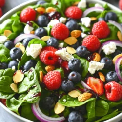 For a Berry Spinach Salad, you need these fresh ingredients: - 5 cups fresh spinach leaves, washed and dried - 1 cup mixed berries (strawberries, blueberries, and raspberries) - 1/2 cup feta cheese, crumbled - 1/4 cup sliced almonds, toasted - 1/4 cup red onion, thinly sliced - 1/2 cup balsamic vinegar - 1 tablespoon honey - 2 tablespoons olive oil - Salt and pepper to taste I love using a mix of berries. Strawberries add sweetness, while blueberries bring a burst of flavor. Raspberries give a nice tartness. You can also try blackberries for a different twist. Each berry adds color and nutrition. Use young spinach leaves for a tender bite. Baby spinach is great for salads because it is soft and mild. If you want a stronger taste, try mature spinach. It has a richer flavor and works well when mixed with berries. To make the dressing, you need a small bowl. Add balsamic vinegar, honey, and olive oil to the bowl. Whisk them together well. Then, add a pinch of salt and pepper. This simple mix brings great flavor! Set the dressing aside while you prepare the salad. Grab a large salad bowl to start. First, add the fresh spinach leaves. Next, toss in the mixed berries. I love using strawberries, blueberries, and raspberries for this. They add sweetness and color! Then, sprinkle in the crumbled feta cheese. Don’t forget the toasted almonds and sliced red onion. This mix gives the salad a nice crunch and taste. Now it’s time for the dressing! Drizzle it over the salad. Gently toss everything together. Make sure all the ingredients get coated. Taste the salad and adjust the seasoning if needed. If you want, serve the salad in individual bowls. Garnish with whole berries and a sprinkle of feta on top. This adds a nice touch and makes it look pretty! For the freshest taste, enjoy right away. Check out the Full Recipe for more details! To make your Berry Spinach Salad even better, consider adding a few extras. Sliced apples or pears can add a sweet crunch. You can also try walnuts or pecans for a nutty flavor. A sprinkle of chia seeds boosts nutrition and adds texture. Fresh herbs like mint or basil can brighten the taste. This salad is quick to make. You can prep the ingredients ahead. Just store them separately in the fridge. Mix the salad right before serving to keep it fresh. If you want to save time, make the dressing a day early. Just shake it before pouring. Presentation makes your salad more inviting. Serve it in individual bowls for a nice touch. Garnish with whole berries and a sprinkle of feta on top. A drizzle of dressing adds a lovely shine. Use colorful plates to make the salad pop. For the full recipe, check out the Berrylicious Spinach Salad above. {{image_2}} You can add grilled protein to boost this salad. Grilled chicken, shrimp, or tofu work well. These proteins add flavor and make the salad heartier. Just slice them up and toss them in. This makes your meal more filling and satisfying. Switching up the dressing can give your salad a new life. If you like a tangy taste, try a lemon vinaigrette. For a creamier option, a yogurt dressing is a great choice. You can even mix in herbs like basil or cilantro for extra flavor. Each dressing can change the salad's vibe completely. Using seasonal ingredients can enhance your salad's taste. In spring, try fresh strawberries. In summer, blueberries are sweet and juicy. In fall, pears can add a nice touch. For winter, consider using pomegranate seeds. They add crunch and a pop of color. Always choose the freshest berries for the best flavor. This keeps your salad exciting all year long. You can find the full recipe to make this salad as vibrant and tasty as it can be. After enjoying your Berry Spinach Salad, store any leftovers in an airtight container. This helps keep the salad fresh. Place the salad in the fridge right away. Avoid adding the dressing to the leftovers. It can make the salad soggy. Instead, keep the dressing separate until you're ready to eat. You can keep the salad in the fridge for up to three days. However, it tastes best within the first day. The spinach may wilt and berries can lose texture over time. Always check for freshness before eating. If it looks or smells off, it's best to toss it. You do not need to reheat this salad. Eating it cold keeps the flavors bright and fresh. If you want to make it feel new, add more fresh berries or some nuts. You can also drizzle a bit more dressing to bring back the flavor. For a fun twist, serve the salad on a bed of warm quinoa or couscous. This adds warmth without losing the salad's fresh taste. For the full recipe, check out the Berrylicious Spinach Salad. Yes, you can easily make this salad vegan. Just skip the feta cheese. You can add avocado for creaminess. Nutritional yeast also works well for a cheesy flavor. Use a simple vinaigrette made of olive oil and lemon juice. This keeps the taste fresh and bright. Spinach packs a punch of vitamins. It is full of vitamin A, vitamin C, and iron. Berries are rich in antioxidants, which help your body fight free radicals. They also provide fiber and vitamins. Eating this salad supports your heart and boosts your immune system. You can adjust this salad for many diets. If you need gluten-free options, everything here is safe. For a nut-free version, skip the almonds and use seeds instead. If you avoid dairy, replace feta with tofu or leave it out. You can also change the dressing to suit your taste. Check out the Full Recipe for more ideas. This blog post shared how to create a tasty berry and spinach salad. We covered the necessary ingredients, including types of berries and spinach. I outlined clear steps to make the salad, from dressing to serving. You learned tips to enhance flavor and make it ahead. We discussed variations, including grilled proteins and alternative dressings. Lastly, I provided storage advice for leftovers and answered common questions. Enjoy your salad-making adventure, and remember: fresh ingredients lead to great taste!