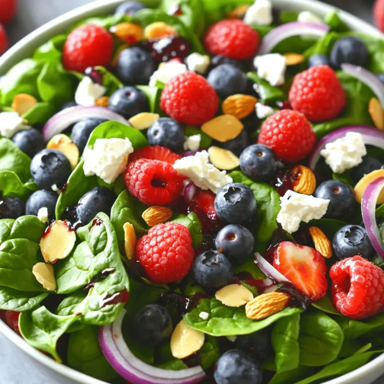 For a Berry Spinach Salad, you need these fresh ingredients: - 5 cups fresh spinach leaves, washed and dried - 1 cup mixed berries (strawberries, blueberries, and raspberries) - 1/2 cup feta cheese, crumbled - 1/4 cup sliced almonds, toasted - 1/4 cup red onion, thinly sliced - 1/2 cup balsamic vinegar - 1 tablespoon honey - 2 tablespoons olive oil - Salt and pepper to taste I love using a mix of berries. Strawberries add sweetness, while blueberries bring a burst of flavor. Raspberries give a nice tartness. You can also try blackberries for a different twist. Each berry adds color and nutrition. Use young spinach leaves for a tender bite. Baby spinach is great for salads because it is soft and mild. If you want a stronger taste, try mature spinach. It has a richer flavor and works well when mixed with berries. To make the dressing, you need a small bowl. Add balsamic vinegar, honey, and olive oil to the bowl. Whisk them together well. Then, add a pinch of salt and pepper. This simple mix brings great flavor! Set the dressing aside while you prepare the salad. Grab a large salad bowl to start. First, add the fresh spinach leaves. Next, toss in the mixed berries. I love using strawberries, blueberries, and raspberries for this. They add sweetness and color! Then, sprinkle in the crumbled feta cheese. Don’t forget the toasted almonds and sliced red onion. This mix gives the salad a nice crunch and taste. Now it’s time for the dressing! Drizzle it over the salad. Gently toss everything together. Make sure all the ingredients get coated. Taste the salad and adjust the seasoning if needed. If you want, serve the salad in individual bowls. Garnish with whole berries and a sprinkle of feta on top. This adds a nice touch and makes it look pretty! For the freshest taste, enjoy right away. Check out the Full Recipe for more details! To make your Berry Spinach Salad even better, consider adding a few extras. Sliced apples or pears can add a sweet crunch. You can also try walnuts or pecans for a nutty flavor. A sprinkle of chia seeds boosts nutrition and adds texture. Fresh herbs like mint or basil can brighten the taste. This salad is quick to make. You can prep the ingredients ahead. Just store them separately in the fridge. Mix the salad right before serving to keep it fresh. If you want to save time, make the dressing a day early. Just shake it before pouring. Presentation makes your salad more inviting. Serve it in individual bowls for a nice touch. Garnish with whole berries and a sprinkle of feta on top. A drizzle of dressing adds a lovely shine. Use colorful plates to make the salad pop. For the full recipe, check out the Berrylicious Spinach Salad above. {{image_2}} You can add grilled protein to boost this salad. Grilled chicken, shrimp, or tofu work well. These proteins add flavor and make the salad heartier. Just slice them up and toss them in. This makes your meal more filling and satisfying. Switching up the dressing can give your salad a new life. If you like a tangy taste, try a lemon vinaigrette. For a creamier option, a yogurt dressing is a great choice. You can even mix in herbs like basil or cilantro for extra flavor. Each dressing can change the salad's vibe completely. Using seasonal ingredients can enhance your salad's taste. In spring, try fresh strawberries. In summer, blueberries are sweet and juicy. In fall, pears can add a nice touch. For winter, consider using pomegranate seeds. They add crunch and a pop of color. Always choose the freshest berries for the best flavor. This keeps your salad exciting all year long. You can find the full recipe to make this salad as vibrant and tasty as it can be. After enjoying your Berry Spinach Salad, store any leftovers in an airtight container. This helps keep the salad fresh. Place the salad in the fridge right away. Avoid adding the dressing to the leftovers. It can make the salad soggy. Instead, keep the dressing separate until you're ready to eat. You can keep the salad in the fridge for up to three days. However, it tastes best within the first day. The spinach may wilt and berries can lose texture over time. Always check for freshness before eating. If it looks or smells off, it's best to toss it. You do not need to reheat this salad. Eating it cold keeps the flavors bright and fresh. If you want to make it feel new, add more fresh berries or some nuts. You can also drizzle a bit more dressing to bring back the flavor. For a fun twist, serve the salad on a bed of warm quinoa or couscous. This adds warmth without losing the salad's fresh taste. For the full recipe, check out the Berrylicious Spinach Salad. Yes, you can easily make this salad vegan. Just skip the feta cheese. You can add avocado for creaminess. Nutritional yeast also works well for a cheesy flavor. Use a simple vinaigrette made of olive oil and lemon juice. This keeps the taste fresh and bright. Spinach packs a punch of vitamins. It is full of vitamin A, vitamin C, and iron. Berries are rich in antioxidants, which help your body fight free radicals. They also provide fiber and vitamins. Eating this salad supports your heart and boosts your immune system. You can adjust this salad for many diets. If you need gluten-free options, everything here is safe. For a nut-free version, skip the almonds and use seeds instead. If you avoid dairy, replace feta with tofu or leave it out. You can also change the dressing to suit your taste. Check out the Full Recipe for more ideas. This blog post shared how to create a tasty berry and spinach salad. We covered the necessary ingredients, including types of berries and spinach. I outlined clear steps to make the salad, from dressing to serving. You learned tips to enhance flavor and make it ahead. We discussed variations, including grilled proteins and alternative dressings. Lastly, I provided storage advice for leftovers and answered common questions. Enjoy your salad-making adventure, and remember: fresh ingredients lead to great taste!